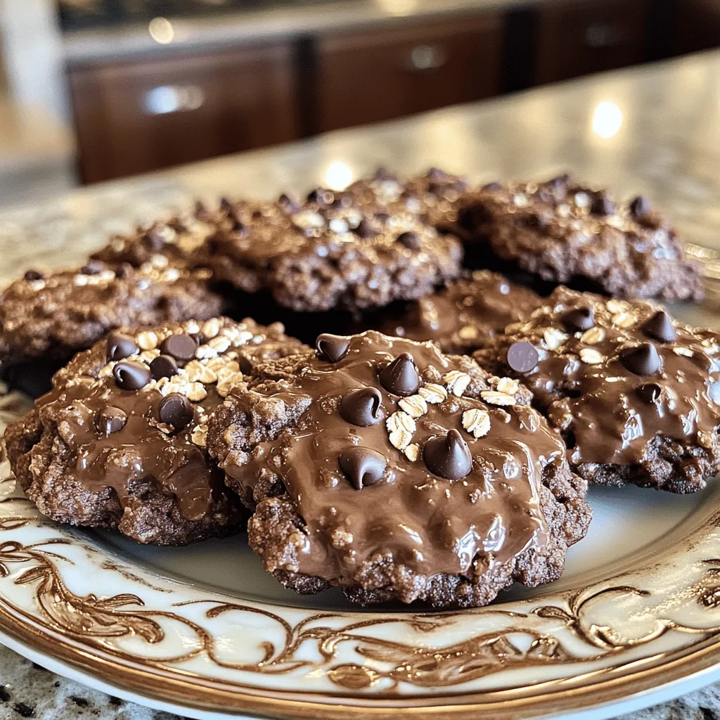 To make no-bake chocolate oatmeal cookies, you need just a few key ingredients. Here’s the complete list: - 1 cup old-fashioned oats - 1/2 cup creamy peanut butter - 1/2 cup honey or maple syrup - 1/4 cup unsweetened cocoa powder - 1/4 cup melted coconut oil - 1 teaspoon vanilla extract - 1/4 teaspoon sea salt - Optional: 1/4 cup mini chocolate chips These ingredients work together to create a tasty treat. Old-fashioned oats give the cookies a chewy texture. Creamy peanut butter adds richness. Honey or maple syrup provides sweetness. Cocoa powder brings a deep chocolate flavor, while coconut oil helps bind everything. Vanilla extract and sea salt enhance the overall taste. Feel free to add mini chocolate chips for extra chocolatey goodness. They melt slightly, making the cookies even more delightful. With these ingredients, you can whip up a batch of cookies in no time. For the full recipe, check out the instructions provided. Enjoy your baking! To start, grab a large mixing bowl. Add 1 cup of old-fashioned oats and 1/4 cup of unsweetened cocoa powder. Use a big spoon to stir them together. Make sure the oats get coated well with the cocoa. This step helps create a uniform mix. It also gives your cookies a rich chocolate flavor. Next, take a medium bowl and add 1/2 cup of creamy peanut butter and 1/4 cup of melted coconut oil. Then, pour in 1/2 cup of honey or maple syrup, 1 teaspoon of vanilla extract, and 1/4 teaspoon of sea salt. Whisk everything together until it looks smooth. This makes sure all the flavors blend nicely and your cookies come out great. Now, pour the wet mixture into the dry ingredients. Use a spatula to mix gently but thoroughly. Make sure all the oats get coated with the wet mixture. This is key for a cohesive texture. Your cookie dough should stick together but not be too wet or dry. After mixing, prepare a baking sheet with parchment paper. Use a spoon or a cookie scoop to drop heaping tablespoons of the dough onto the sheet. Space them about 1 inch apart. Then, take the back of a spoon and gently flatten each mound. This helps them cook evenly and look nice. Finally, place the baking sheet in the fridge. Chill the cookies for at least 30 minutes. This step helps them firm up and hold their shape. After chilling, your cookies will be ready to enjoy! Remember, you can find the full recipe for more details. To avoid crumbly cookies, focus on the wet ingredients. Make sure to mix the coconut oil and peanut butter well. This helps bind the mixture together. If your cookies are too dry, add a little more honey or coconut oil. This small change can make a big difference. You can add nuts or dried fruits for extra flavor. Chopped walnuts or almonds add a nice crunch. Dried cranberries or raisins provide sweetness and chewiness. Try mixing in 1/4 cup of your favorite add-ins for a fun twist. If you want sugar-free or vegan options, use agave syrup instead of honey. For a low-carb choice, try erythritol or stevia. These alternatives can keep your cookies tasty while meeting dietary needs. {{image_4}} To create a marbled effect, start with your cookie mixture. First, prepare the cookie dough as usual. When it’s ready, scoop out half of it into another bowl. Add more cocoa powder to one half. This will deepen the chocolate flavor. Next, take turns dropping spoonfuls of both mixtures onto the baking sheet. Use a toothpick or knife to swirl them together gently. This creates a beautiful, marbled look without losing flavor. If you need a nut-free version, you can swap the peanut butter. Sunflower seed butter is an excellent option. It has a similar texture, and it’s tasty too. You can also try soy nut butter or tahini. Both work well and keep the cookies soft. Just make sure to check for allergens if you serve them to others. Adding spices can take your cookies to the next level. A little cinnamon adds warmth and sweetness. Just a pinch goes a long way. If you love coffee, try adding espresso powder. It boosts the chocolate flavor without being too strong. Mix in about half a teaspoon to start. Adjust to your taste for the perfect blend. For the complete recipe, check out the Full Recipe. To keep your no-bake chocolate oatmeal cookies fresh, use an airtight container. Glass or plastic containers work well. Layer parchment paper between cookies to avoid sticking. This simple step helps maintain texture and flavor. In the fridge, these cookies last about one week. Store them properly, and they stay soft and tasty. If you notice any changes in smell or texture, it’s best to toss them. You can freeze these cookies for longer storage. Place them in a single layer on a baking sheet to freeze for a few hours. Once firm, transfer them to an airtight container or freezer bag. They can last up to three months in the freezer. To thaw, leave them in the fridge overnight before enjoying. This method keeps them delicious and easy to serve later. For the full recipe, check here [Full Recipe]. Yes, you can use quick oats, but the texture will change. Quick oats are finer than old-fashioned oats. They will absorb moisture faster, making the cookies softer and less chewy. If you prefer a firmer cookie, stick with old-fashioned oats. They give a better bite and hold up well in the cookie. These cookies need to chill for at least 30 minutes. This time allows them to set properly. If you want a firmer cookie, leave them in the fridge for an hour. Chilling helps the cookies hold their shape and enhances the flavors. Yes, you can make these cookies without peanut butter. Try using almond butter or sunflower seed butter instead. Both options work well and give a different flavor. You could also use yogurt for a lighter version. Just remember to adjust the sweetness if you change the base. For the full recipe, check the details above. This blog post covered all you need for tasty no-bake cookies. We talked about ingredients, step-by-step guides, and helpful tips. Remember to mix your dry and wet ingredients well for a smooth blend. Explore variations to make it your own, and store them right for freshness. No-bake cookies can be fun to make and share. Try these easy recipes and enjoy the sweet results.