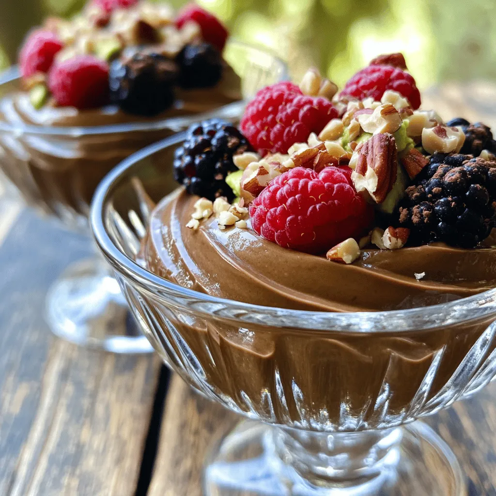 - 2 ripe avocados - 1/2 cup unsweetened cocoa powder - 1/4 cup pure maple syrup (or agave syrup) For this mousse, ripe avocados are key. They give it a creamy texture. The unsweetened cocoa powder adds rich chocolate flavor. Pure maple syrup, or agave syrup, gives sweetness. - 1/4 cup almond milk (or your preferred dairy-free milk) - 1 teaspoon vanilla extract - A pinch of salt Almond milk helps blend the mousse smoothly. Vanilla extract adds a warm flavor. A pinch of salt balances the sweetness. - Fresh berries - Crushed nuts - Toasted coconut flakes For a fun twist, add toppings! Fresh berries add color and freshness. Crushed nuts give a nice crunch. Toasted coconut flakes add a tropical touch. Check out the Full Recipe for more details on making this delightful dessert! To start, cut the ripe avocados in half. Be careful when using a knife. Next, remove the pits. You can do this by gently twisting the pit with a spoon. After that, scoop out the creamy flesh with a spoon. Place it in a food processor or a high-speed blender. This smooth base is key to your mousse. Now, it's time to blend! Add the unsweetened cocoa powder, pure maple syrup, almond milk, vanilla extract, and a pinch of salt to the avocado. Blend everything on high speed. You want a velvety smooth and creamy texture. If the mixture sticks to the sides, stop blending. Use a spatula to scrape it down. Blend again until it is silky and well combined. Taste the mousse! If you want it sweeter, add a bit more maple syrup. Blend for a few more seconds to mix it well. Once it’s perfect, spoon the mousse into individual bowls or glasses. Cover with plastic wrap and refrigerate for at least 30 minutes. This helps the mousse set and lets the flavors come together. For a fun touch, top with fresh berries, crushed nuts, or toasted coconut flakes before serving. Enjoy every luscious spoonful! For the full recipe, check out the instructions above. To achieve a smooth blend, start with ripe avocados. They should feel soft but not mushy. Cut them in half and remove the pits. Scoop the flesh into your blender. Use a high-speed blender or food processor for the best results. This helps create a velvety texture. Blend on high until you have a creamy consistency. If needed, stop to scrape down the sides. This ensures every part mixes well. For the best texture, make sure your ingredients are at room temperature. Cold almond milk can cool the mixture too much. If you use cold syrup, it may not blend as well. You can easily boost the flavor by trying different sweeteners. Maple syrup works well, but agave syrup is a great option too. Both add sweetness without dairy. Want to spice things up? Add a pinch of cinnamon or espresso powder. These add depth to the chocolate taste. Just a little can make a big change. When it comes to presentation, get creative! You can spoon the mousse into small cups or elegant glasses. This makes for a beautiful display. For fun portioning, use shot glasses for a bite-sized treat. This is perfect for parties or gatherings. Don’t forget to garnish your mousse! Fresh berries, crushed nuts, or toasted coconut flakes add a nice touch. These toppings not only look great but also enhance flavor. For the full recipe, check out the complete instructions. Enjoy this rich and creamy treat! {{image_4}} You can make this mousse even more delicious. Try adding almond or peanut butter to the mix. Just a couple of tablespoons will give your mousse a nutty twist. You can also switch up the milk. Use coconut or oat milk for a different flavor. Each option adds a unique taste that can change the whole dessert. If you want to make this mousse low-carb or keto-friendly, swap the maple syrup for a low-calorie sweetener. Erythritol or stevia works well for this purpose. For those needing a nut-free version, use sunflower seed butter instead of nut butter. This keeps the flavor rich while accommodating different diets. Seasonal fruits can elevate your mousse. Add fresh strawberries in the spring or pumpkin puree in the fall. Holiday-themed toppings, like crushed peppermint or cinnamon, can make this dessert festive. Get creative with your toppings to match the season. Each twist can bring new joy to this classic treat. For the full recipe, check out the [Full Recipe]. To keep your mousse fresh, store it in the refrigerator. Use airtight containers for best results. This prevents air from getting in and keeps the mousse creamy. Make sure the lid fits snugly. If you do not have a container, cover it tightly with plastic wrap. You should eat the mousse within three days. After that, it may lose its rich flavor and texture. Watch for signs of spoilage. If the mousse changes color or develops an odd smell, it's time to throw it away. Yes, you can freeze dairy-free chocolate avocado mousse! Place the mousse in an airtight container. Leave some space at the top for expansion. When you're ready to enjoy it, thaw in the fridge overnight. Avoid microwaving, as it can change the texture. Serve chilled for the best taste. For the full recipe, check out the earlier section. Yes, you can use chocolate. Choose dark chocolate that is dairy-free. Melt it first before adding it to the avocados. This change makes the mousse richer. However, it may add sweetness. Adjust the maple syrup if needed. Absolutely! This mousse is dairy-free. It uses avocados and dairy-free milk. The sweetener, maple syrup, is also vegan. This dessert fits well into vegan diets. It’s a perfect treat for everyone. To reduce sweetness, cut back on syrup. Add less than the recipe calls for. Taste as you blend. You can also use unsweetened cocoa powder. This adds flavor without extra sweetness. Try a pinch of sea salt to balance taste. Serve this mousse with fresh berries. Strawberries, raspberries, or blueberries add bright flavor. You can also use crushed nuts for crunch. Toasted coconut flakes bring a tropical twist. These add fun textures and flavors to your dessert. For the full recipe, check the main section above. This blog post covered how to make a yummy dairy-free chocolate avocado mousse. You learned about the main ingredients, tips for perfecting texture, and tasty variations. I shared ideas for storage and answered common questions. In summary, this mousse is not just easy to make, but also fun to customize. Try different flavors or toppings to find your favorite. Enjoy your delicious creation!
