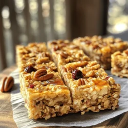 - 2 cups rolled oats - 1 cup pecans, chopped - 1/2 cup almond butter - 1/2 cup pure maple syrup - 1/4 cup honey or agave syrup These ingredients form the base of your maple pecan granola bars. Rolled oats provide a hearty texture. Pecans add a rich flavor and crunch. Almond butter gives a creamy element. Maple syrup brings sweetness, while honey or agave syrup adds moisture. - 1/2 cup dried cranberries or raisins - 1/4 teaspoon ground cinnamon You can include dried cranberries or raisins for extra sweetness. Ground cinnamon adds warmth and spice, enhancing the flavor profile. You can swap almond butter for peanut butter if you prefer. Honey can be replaced with more maple syrup or agave syrup based on your taste. These changes can keep the recipe fitting your needs while still being delicious. For the full recipe, check out the Maple Pecan Granola Bars. Start by preheating your oven to 350°F (175°C). Grab an 8x8 inch baking dish. Line it with parchment paper, leaving some overhang. This helps in lifting out the bars later. In a large mixing bowl, combine the rolled oats and chopped pecans. If you like, add ground cinnamon for extra flavor. Mix well to ensure even distribution. This makes sure each bite is tasty. In a small saucepan, mix the almond butter, maple syrup, honey, vanilla extract, and salt. Heat it gently on low. Stir for about 2-3 minutes until it’s smooth and well combined. Pour the warm almond butter mixture over the dry ingredients. If you want extra sweetness, add dried cranberries or raisins now. Stir everything together. Make sure all the dry bits are coated well. Transfer the mixture into your lined baking dish. Press it down firmly, creating an even layer. Bake in the preheated oven for 20-25 minutes. Look for a golden brown edge to know it’s done. When baked, take the dish out of the oven. Let it cool completely in the pan. Use the parchment overhang to lift the mixture out. Slice it into bars or squares of your choice. To keep your granola bars fresh, store them in an airtight container for up to a week. You can also freeze them for later. To make chewy granola bars, use more almond butter and syrup. This sticky mix helps the bars hold together. Press the mixture firmly into the baking dish. For a crunchier texture, bake a bit longer. This creates a golden, crisp edge. You can add exciting flavors to your bars. Try mixing in spices like nutmeg or ginger. These spices add warmth and depth. You can also include add-ins like dark chocolate chips or sunflower seeds. They boost taste and texture. Pair your maple pecan granola bars with tasty drinks. A cup of tea or coffee makes a great match. You can also top the bars with yogurt or fresh fruit. This adds creaminess and freshness to each bite. Enjoy them as a breakfast or snack on the go! {{image_4}} You can still enjoy maple pecan granola bars without nuts. Use seeds instead. Sunflower seeds or pumpkin seeds work well. They add a nice crunch and flavor. You can mix in some toasted coconut for extra texture. This keeps the snack tasty and safe for nut allergies. Adding fruit makes your granola bars even better. You can use fresh fruits like bananas or apples. Mash them up and mix them into your wet ingredients. For a sweeter touch, try using fruit puree. Applesauce or pear puree blend nicely and keep the bars moist. If you love chocolate, this twist is for you! Add chocolate chips or cacao nibs to the mix. Stir them in after combining the dry and wet ingredients. Dark chocolate pairs well with maple flavors. This addition makes your bars a sweet treat you can’t resist. Check out the Full Recipe for more ideas! To keep your maple pecan granola bars fresh, use airtight containers. Glass jars or plastic bins work well. You can store them at room temperature for short-term use. For longer storage, consider refrigeration or freezing. Refrigerating helps maintain freshness for about two weeks. Freezing extends their life to three months. Just remember to wrap them tightly in plastic wrap before freezing. How do you know when granola bars are still fresh? Look for signs like changes in texture or smell. If they feel too hard or dry, they may have gone stale. A good rule of thumb is to taste a small piece. If it doesn't taste right, it's best to toss it. Proper storage will help keep your bars tasting great longer. You might want to refresh your granola bars for a better taste. If they feel a bit hard, you can warm them up. Place them in the oven at a low temperature for about five minutes. This softens them and brings back their chewy texture. You can also microwave them for about 10-15 seconds. Just be careful not to overheat them. Enjoy your freshly warmed snack! To help granola bars stick, use binding agents like almond butter and maple syrup. These ingredients create a sticky mix that holds everything together. Press the mixture firmly into your baking dish. This firm press helps the bars stay intact after baking. You can use quick oats, but the texture will change. Quick oats are finer and absorb more moisture. This can lead to a softer granola bar. Rolled oats give a chewier texture and better bite. If you need a substitute for maple syrup, try honey or agave syrup. Both add sweetness and help bind the ingredients. Each option has a unique flavor, so choose one you enjoy. Homemade granola bars last about a week when stored in an airtight container. For longer storage, freeze them. They remain fresh for up to three months in the freezer. Just thaw them before enjoying. Yes, maple pecan granola bars are healthy. They contain oats, which provide fiber and energy. Pecans offer healthy fats, and almond butter adds protein. This combination makes for a nutritious snack. Enjoy them with confidence! To wrap it up, we covered the key ingredients, step-by-step directions, and helpful tips for making delicious granola bars. I shared ways to customize the recipe with variations and smart storage methods. Remember, you can easily adjust flavors and textures to fit your taste. Enjoy your homemade bars fresh or stored for later. With this guide, you can confidently create a tasty snack that suits you.