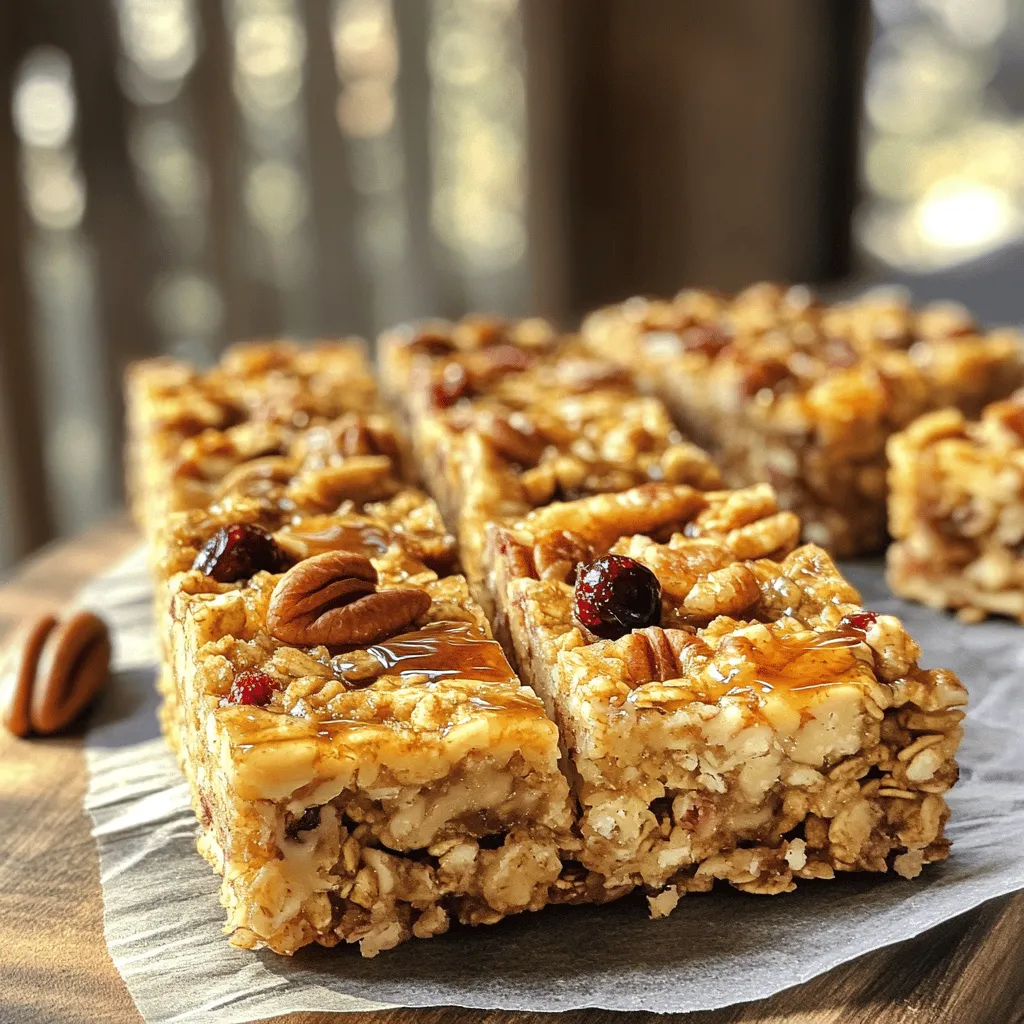 - 2 cups rolled oats - 1 cup pecans, chopped - 1/2 cup almond butter - 1/2 cup pure maple syrup - 1/4 cup honey or agave syrup These ingredients form the base of your maple pecan granola bars. Rolled oats provide a hearty texture. Pecans add a rich flavor and crunch. Almond butter gives a creamy element. Maple syrup brings sweetness, while honey or agave syrup adds moisture. - 1/2 cup dried cranberries or raisins - 1/4 teaspoon ground cinnamon You can include dried cranberries or raisins for extra sweetness. Ground cinnamon adds warmth and spice, enhancing the flavor profile. You can swap almond butter for peanut butter if you prefer. Honey can be replaced with more maple syrup or agave syrup based on your taste. These changes can keep the recipe fitting your needs while still being delicious. For the full recipe, check out the Maple Pecan Granola Bars. Start by preheating your oven to 350°F (175°C). Grab an 8x8 inch baking dish. Line it with parchment paper, leaving some overhang. This helps in lifting out the bars later. In a large mixing bowl, combine the rolled oats and chopped pecans. If you like, add ground cinnamon for extra flavor. Mix well to ensure even distribution. This makes sure each bite is tasty. In a small saucepan, mix the almond butter, maple syrup, honey, vanilla extract, and salt. Heat it gently on low. Stir for about 2-3 minutes until it’s smooth and well combined. Pour the warm almond butter mixture over the dry ingredients. If you want extra sweetness, add dried cranberries or raisins now. Stir everything together. Make sure all the dry bits are coated well. Transfer the mixture into your lined baking dish. Press it down firmly, creating an even layer. Bake in the preheated oven for 20-25 minutes. Look for a golden brown edge to know it’s done. When baked, take the dish out of the oven. Let it cool completely in the pan. Use the parchment overhang to lift the mixture out. Slice it into bars or squares of your choice. To keep your granola bars fresh, store them in an airtight container for up to a week. You can also freeze them for later. To make chewy granola bars, use more almond butter and syrup. This sticky mix helps the bars hold together. Press the mixture firmly into the baking dish. For a crunchier texture, bake a bit longer. This creates a golden, crisp edge. You can add exciting flavors to your bars. Try mixing in spices like nutmeg or ginger. These spices add warmth and depth. You can also include add-ins like dark chocolate chips or sunflower seeds. They boost taste and texture. Pair your maple pecan granola bars with tasty drinks. A cup of tea or coffee makes a great match. You can also top the bars with yogurt or fresh fruit. This adds creaminess and freshness to each bite. Enjoy them as a breakfast or snack on the go! {{image_4}} You can still enjoy maple pecan granola bars without nuts. Use seeds instead. Sunflower seeds or pumpkin seeds work well. They add a nice crunch and flavor. You can mix in some toasted coconut for extra texture. This keeps the snack tasty and safe for nut allergies. Adding fruit makes your granola bars even better. You can use fresh fruits like bananas or apples. Mash them up and mix them into your wet ingredients. For a sweeter touch, try using fruit puree. Applesauce or pear puree blend nicely and keep the bars moist. If you love chocolate, this twist is for you! Add chocolate chips or cacao nibs to the mix. Stir them in after combining the dry and wet ingredients. Dark chocolate pairs well with maple flavors. This addition makes your bars a sweet treat you can’t resist. Check out the Full Recipe for more ideas! To keep your maple pecan granola bars fresh, use airtight containers. Glass jars or plastic bins work well. You can store them at room temperature for short-term use. For longer storage, consider refrigeration or freezing. Refrigerating helps maintain freshness for about two weeks. Freezing extends their life to three months. Just remember to wrap them tightly in plastic wrap before freezing. How do you know when granola bars are still fresh? Look for signs like changes in texture or smell. If they feel too hard or dry, they may have gone stale. A good rule of thumb is to taste a small piece. If it doesn't taste right, it's best to toss it. Proper storage will help keep your bars tasting great longer. You might want to refresh your granola bars for a better taste. If they feel a bit hard, you can warm them up. Place them in the oven at a low temperature for about five minutes. This softens them and brings back their chewy texture. You can also microwave them for about 10-15 seconds. Just be careful not to overheat them. Enjoy your freshly warmed snack! To help granola bars stick, use binding agents like almond butter and maple syrup. These ingredients create a sticky mix that holds everything together. Press the mixture firmly into your baking dish. This firm press helps the bars stay intact after baking. You can use quick oats, but the texture will change. Quick oats are finer and absorb more moisture. This can lead to a softer granola bar. Rolled oats give a chewier texture and better bite. If you need a substitute for maple syrup, try honey or agave syrup. Both add sweetness and help bind the ingredients. Each option has a unique flavor, so choose one you enjoy. Homemade granola bars last about a week when stored in an airtight container. For longer storage, freeze them. They remain fresh for up to three months in the freezer. Just thaw them before enjoying. Yes, maple pecan granola bars are healthy. They contain oats, which provide fiber and energy. Pecans offer healthy fats, and almond butter adds protein. This combination makes for a nutritious snack. Enjoy them with confidence! To wrap it up, we covered the key ingredients, step-by-step directions, and helpful tips for making delicious granola bars. I shared ways to customize the recipe with variations and smart storage methods. Remember, you can easily adjust flavors and textures to fit your taste. Enjoy your homemade bars fresh or stored for later. With this guide, you can confidently create a tasty snack that suits you.