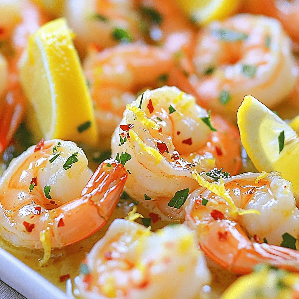 For this dish, you need: - 1 pound large shrimp, deveined and peeled - 4 cloves garlic, finely minced - 2 tablespoons high-quality olive oil - 1 tablespoon unsalted butter - Zest of 1 large lemon - Juice of 2 medium-sized lemons These main ingredients give the dish its fresh and bright flavor. The shrimp should be large for a juicy bite. Fresh garlic adds depth, while lemon brings a zesty kick. Along with the main ingredients, you must add: - 1 teaspoon red pepper flakes (adjust for spice) - Salt and freshly ground black pepper to taste These seasonings enhance the taste. The red pepper flakes add warmth, while salt and pepper balance the flavors. Adjust the spice level to your liking for the perfect kick. To make the dish even better, consider these garnishes: - 2 tablespoons fresh parsley, finely chopped - Lemon wedges for serving Fresh parsley adds color and a burst of flavor. Lemon wedges let you squeeze more zest on top, making each bite even more delightful. Serve the shrimp hot with these garnishes to impress your guests. For the full recipe, check the details above. To start, grab a large mixing bowl. This is where the magic begins. You need 1 pound of large shrimp that is deveined and peeled. Add this to the bowl. Next, finely mince 4 cloves of garlic and toss them in too. Now, get the zest of 1 large lemon. You can use a grater to do this. Add the zest to the shrimp. Squeeze the juice from 2 medium-sized lemons into the bowl. This gives your dish a bright flavor. Now, sprinkle in 1 teaspoon of red pepper flakes. You can adjust this if you want more or less spice. Season with salt and freshly ground black pepper. Mix everything gently. You want the shrimp to be well coated. Let this sit for about 15 minutes. This helps the flavors blend together nicely. Now, it’s time to cook! Heat a large skillet over medium heat. Add 2 tablespoons of high-quality olive oil and 1 tablespoon of unsalted butter. Swirl the pan gently. You want the butter to melt and bubble. This creates a tasty base. Once the butter is ready, carefully add the marinated shrimp. Make sure they are in a single layer. Let them cook undisturbed for 2 to 3 minutes. You’ll know they are ready when they turn a bright pink color. After that, flip the shrimp over. Cook for another 2 to 3 minutes. They should be opaque and tender. After cooking, remove the skillet from heat. Stir in 2 tablespoons of finely chopped fresh parsley. This adds a fresh taste and a nice green color. Serve the shrimp right away. They taste best warm. For a nice touch, plate the shrimp with lemon wedges on the side. This way, anyone can add more lemon flavor if they like. For a pretty presentation, serve the shrimp in a shallow dish. Arrange the lemon wedges around the edge. You might want to sprinkle extra parsley on top. Pair this dish with crusty bread. It’s perfect for soaking up the delicious garlic-lemon sauce. Enjoy your meal! For the full recipe, check out the Zesty Lemon Garlic Shrimp Delight! To marinate shrimp well, start with fresh shrimp. Use a bowl and mix the shrimp with minced garlic, lemon zest, and lemon juice. Add red pepper flakes, salt, and pepper for taste. Mix lightly to coat the shrimp evenly. Let them sit for about 15 minutes. This short time helps the flavors blend without overcooking the shrimp. When cooking shrimp, use a large skillet. Heat olive oil and butter over medium heat until hot. This step adds richness and flavor. Lay the shrimp in a single layer in the skillet. Cook them for 2-3 minutes undisturbed. This allows a nice sear. Flip and cook for another 2-3 minutes until they turn pink and opaque. Overcooking can make them tough, so watch them closely. For a stunning presentation, use a shallow dish. Arrange the shrimp neatly and place lemon wedges around the edge. This adds color and makes it look fresh. Sprinkle chopped parsley on top for a bright touch. Pair the dish with crusty bread to soak up the lemon-garlic sauce. Your guests will love not just the taste but also the look of this dish. For the complete preparation details, check the Full Recipe. {{image_4}} You can add more heat to your shrimp. Use more red pepper flakes for a kick. If you like it really spicy, try adding cayenne pepper. Just a pinch can transform your dish. Remember to taste as you go. You want the flavor to shine, not burn. Adding veggies makes this meal even better. You can use bell peppers, zucchini, or asparagus. Just chop them into bite-sized pieces. Sauté them with the shrimp for a colorful dish. Not only does it taste good, but it also looks great! Grilling gives your shrimp a smoky flavor. Simply marinate them as usual, then place them on a hot grill. Cook for about 2-3 minutes on each side. Baking is another easy method. Place the shrimp on a baking sheet and pop them in the oven at 400°F. Bake for 8-10 minutes or until they are pink. Both methods add unique flavors to your shrimp dish. You can find the full recipe in the article to try all these tasty ideas! After enjoying your zesty lemon garlic shrimp, store any leftovers in an airtight container. This keeps the shrimp fresh and tasty. Make sure the shrimp cool down to room temperature before sealing the container. You can safely refrigerate them for up to three days. When you're ready to enjoy them again, check for any off smells or changes in texture. If you want to save your shrimp for later, freezing is a great option. Place the cooled shrimp in a freezer-safe bag. Remove as much air as possible to prevent freezer burn. You can freeze the shrimp for up to three months. When you're ready to use them, thaw them overnight in the fridge. This keeps the shrimp tender and flavorful. Reheating shrimp can be tricky, but I have some tips. First, use a skillet on low heat. Add a splash of olive oil or a bit of butter to keep them moist. Heat them for just a few minutes until they are warm. Avoid microwaving, as it can make the shrimp rubbery. If you want to add a pop of flavor, squeeze fresh lemon juice over the shrimp while reheating. Enjoy your meal just like the first time! For the full recipe, check out the complete guide to zesty lemon garlic shrimp. You can pair Zesty Lemon Garlic Shrimp with many sides. Here are my favorites: - Rice: White or brown rice soaks up the sauce well. - Pasta: A light pasta tossed in olive oil is a great choice. - Salad: A fresh green salad adds crunch and balance. - Bread: Crusty bread is perfect for dipping in the garlic sauce. - Vegetables: Grilled or steamed veggies complement the dish nicely. Feel free to mix and match these sides to create a meal you love! Yes, you can use frozen shrimp. Just remember to thaw them first. Place the shrimp in a bowl of cold water for about 15-20 minutes. This will help them thaw evenly. After thawing, pat them dry with a paper towel. This helps the shrimp sear better and prevents excess water in your dish. Marinating the shrimp takes about 15 minutes. This short time allows the shrimp to soak up the flavors from the garlic, lemon, and spices. Make sure to mix them gently in the bowl. This way, every piece gets coated well and tastes amazing. For best results, do not marinate for too long. Over-marinating can make the shrimp tough. If you want a stronger flavor, consider adding more zest or lemon juice instead. For the complete recipe, check out the [Full Recipe]. In this blog post, we explored how to make Zesty Lemon Garlic Shrimp. We covered the main ingredients, essential seasonings, and garnishes. Next, we provided step-by-step cooking instructions and tips for great presentation. Variations like spicy options and veggie additions bring creativity to your dish. Finally, we discussed how to store leftovers and answered common questions. Enjoy making this dish and impressing your guests!