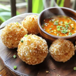To make crispy shrimp balls, you need: - 1 pound fresh shrimp, peeled and deveined - 1/2 cup breadcrumbs (plus extra for coating) - 1/4 cup green onions, finely chopped - 2 cloves garlic, minced - 1 tablespoon ginger, grated - 1 large egg, beaten - 1 tablespoon soy sauce - 1 teaspoon fresh lime juice - Salt and freshly ground pepper to taste - Vegetable oil, for frying These ingredients create a mix that’s full of flavor. The shrimp gives the balls a sweet, ocean taste. Using fresh shrimp is vital for the best result. For the sweet chili sauce, you will need: - 1/2 cup store-bought sweet chili sauce - 1 tablespoon fresh lime juice - 1 teaspoon sesame oil - 1 teaspoon sriracha sauce (optional for added heat) This sauce adds a sweet and tangy kick to your shrimp balls. You can adjust the heat with sriracha to match your taste. You can add these optional ingredients for more flavor: - Fresh cilantro, chopped - Red pepper flakes for heat - Chopped bell peppers for crunch These extras can enhance your dish. Fresh herbs or spices elevate the taste. Feel free to mix and match based on what you enjoy. For the complete recipe, check out the Full Recipe. To start, gather your fresh shrimp. Use one pound of shrimp, peeled and deveined. Place the shrimp in a food processor. Add 1/2 cup of breadcrumbs, 1/4 cup of finely chopped green onions, 2 minced garlic cloves, and 1 tablespoon of grated ginger. Next, add 1 beaten egg, 1 tablespoon of soy sauce, 1 teaspoon of fresh lime juice, and a sprinkle of salt and pepper. Pulse the mixture until it blends well but remains slightly chunky. This texture adds a nice bite to your shrimp balls. Now, it's time to shape the shrimp mixture. With clean hands, take a small scoop, about the size of a golf ball. Roll it gently into a ball. Repeat this process until all the mixture is shaped. Place the balls on a plate as you work. Next, take additional breadcrumbs and roll each ball in the breadcrumbs. This coating is crucial. It gives your shrimp balls that perfect crispy outer layer when they fry. Heat vegetable oil in a large, deep skillet. Aim for a temperature of 350°F (175°C). Carefully add the shrimp balls to the hot oil, but don’t overcrowd the pan. Fry them in batches for about 4-5 minutes. You want them to turn golden brown and cooked through. Use a slotted spoon to lift them out of the oil. Place them on a plate lined with paper towels to drain any excess oil. For the full recipe, check the complete instructions above. Enjoy these crispy shrimp balls with your sweet chili sauce! To achieve that perfect crunch, it’s all about the coating. Use fresh breadcrumbs instead of dry ones. Fresh breadcrumbs stick better and create a thicker crust. Make sure to coat the shrimp balls evenly. If you want extra crunch, double coat them by rolling them in egg and breadcrumbs twice. This adds texture and makes them even crispier when cooked. If frying isn't your thing, you can bake or air fry the shrimp balls. For baking, preheat your oven to 425°F (220°C). Place the shrimp balls on a lined baking sheet and lightly spray them with oil. Bake for 20-25 minutes, flipping halfway through. For air frying, preheat your air fryer to 375°F (190°C) and cook for about 10-12 minutes. Both methods will give you a tasty result with less oil. Serve crispy shrimp balls hot with sweet chili sauce for dipping. You can also add lime wedges and fresh herbs for extra flavor. Pair them with a refreshing salad or some crispy spring rolls. These shrimp balls make a great appetizer or a fun snack at parties. For a twist, try serving them in lettuce wraps for a light, tasty bite. For the full recipe, check the section above! {{image_4}} If you love heat, try adding sriracha to the shrimp mixture. Just mix in one to two teaspoons, based on how spicy you want it. This simple change makes the shrimp balls pack a punch. The spicy flavor pairs well with the sweet chili sauce. You will enjoy this bold twist on the classic recipe. You can also add vegetables or herbs for extra flavor. Finely chopped bell peppers, carrots, or cilantro are great options. Just mix them into the shrimp mixture before forming the balls. This adds color and nutrition. It makes the dish even more appealing to eat. Feel free to experiment with your favorite veggies for a personal touch. If you need a gluten-free option, use ground oats or almond flour instead of breadcrumbs. Both work as great binders. They keep the shrimp balls together while frying. You can also use a gluten-free soy sauce to keep the flavors intact. This way, everyone can enjoy crispy shrimp balls no matter their dietary needs. For the full recipe, refer to the earlier section. After enjoying your crispy shrimp balls, let any leftovers cool. Place them in an airtight container. Store them in the fridge for up to three days. This keeps them fresh and ready for your next snack. To reheat, use an oven or an air fryer. Preheat your oven to 350°F (175°C). Spread the shrimp balls on a baking sheet. Heat for about 10 minutes or until warm. This helps them regain their crispiness. Avoid using a microwave, as it can make them soggy. For long-term storage, freeze the shrimp balls before frying. Arrange them on a baking sheet in a single layer. Freeze for about two hours until firm. Then transfer them to a freezer bag. They can last for up to three months. When ready to eat, fry them straight from the freezer for best results. Visit the Full Recipe for more tips on making these delicious shrimp balls. Yes, you can use frozen shrimp. Just make sure to thaw it first. Place the shrimp in the fridge overnight or run it under cold water. Once thawed, peel and devein the shrimp before using. This will keep the flavors fresh and vibrant. If you don't have sweet chili sauce, try using a mix of honey and hot sauce. Combine two tablespoons of honey with one tablespoon of your favorite hot sauce. This blend gives you that sweet and spicy kick you desire. You can also use a homemade mix of ketchup and sugar for a different twist. Check the color and texture of the shrimp balls. They should turn golden brown and feel firm to the touch. Fry each batch for about 4-5 minutes. If you're unsure, cut one open. It should be opaque and cooked through. Enjoy the crispy goodness right away for the best taste! In this post, we explored making perfect crispy shrimp balls. We covered main ingredients, sweet chili sauce, and optional flavor boosters. I shared step-by-step instructions, tips for crispiness, and cooking methods like baking. You learned about fun variations and how to store leftovers. In closing, this dish is simple yet offers endless flavor. Enjoy making shrimp balls that impress!