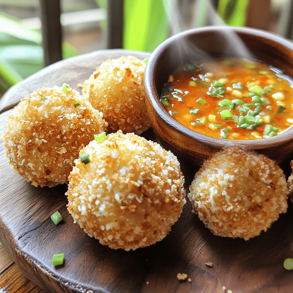 To make crispy shrimp balls, you need: - 1 pound fresh shrimp, peeled and deveined - 1/2 cup breadcrumbs (plus extra for coating) - 1/4 cup green onions, finely chopped - 2 cloves garlic, minced - 1 tablespoon ginger, grated - 1 large egg, beaten - 1 tablespoon soy sauce - 1 teaspoon fresh lime juice - Salt and freshly ground pepper to taste - Vegetable oil, for frying These ingredients create a mix that’s full of flavor. The shrimp gives the balls a sweet, ocean taste. Using fresh shrimp is vital for the best result. For the sweet chili sauce, you will need: - 1/2 cup store-bought sweet chili sauce - 1 tablespoon fresh lime juice - 1 teaspoon sesame oil - 1 teaspoon sriracha sauce (optional for added heat) This sauce adds a sweet and tangy kick to your shrimp balls. You can adjust the heat with sriracha to match your taste. You can add these optional ingredients for more flavor: - Fresh cilantro, chopped - Red pepper flakes for heat - Chopped bell peppers for crunch These extras can enhance your dish. Fresh herbs or spices elevate the taste. Feel free to mix and match based on what you enjoy. For the complete recipe, check out the Full Recipe. To start, gather your fresh shrimp. Use one pound of shrimp, peeled and deveined. Place the shrimp in a food processor. Add 1/2 cup of breadcrumbs, 1/4 cup of finely chopped green onions, 2 minced garlic cloves, and 1 tablespoon of grated ginger. Next, add 1 beaten egg, 1 tablespoon of soy sauce, 1 teaspoon of fresh lime juice, and a sprinkle of salt and pepper. Pulse the mixture until it blends well but remains slightly chunky. This texture adds a nice bite to your shrimp balls. Now, it's time to shape the shrimp mixture. With clean hands, take a small scoop, about the size of a golf ball. Roll it gently into a ball. Repeat this process until all the mixture is shaped. Place the balls on a plate as you work. Next, take additional breadcrumbs and roll each ball in the breadcrumbs. This coating is crucial. It gives your shrimp balls that perfect crispy outer layer when they fry. Heat vegetable oil in a large, deep skillet. Aim for a temperature of 350°F (175°C). Carefully add the shrimp balls to the hot oil, but don’t overcrowd the pan. Fry them in batches for about 4-5 minutes. You want them to turn golden brown and cooked through. Use a slotted spoon to lift them out of the oil. Place them on a plate lined with paper towels to drain any excess oil. For the full recipe, check the complete instructions above. Enjoy these crispy shrimp balls with your sweet chili sauce! To achieve that perfect crunch, it’s all about the coating. Use fresh breadcrumbs instead of dry ones. Fresh breadcrumbs stick better and create a thicker crust. Make sure to coat the shrimp balls evenly. If you want extra crunch, double coat them by rolling them in egg and breadcrumbs twice. This adds texture and makes them even crispier when cooked. If frying isn't your thing, you can bake or air fry the shrimp balls. For baking, preheat your oven to 425°F (220°C). Place the shrimp balls on a lined baking sheet and lightly spray them with oil. Bake for 20-25 minutes, flipping halfway through. For air frying, preheat your air fryer to 375°F (190°C) and cook for about 10-12 minutes. Both methods will give you a tasty result with less oil. Serve crispy shrimp balls hot with sweet chili sauce for dipping. You can also add lime wedges and fresh herbs for extra flavor. Pair them with a refreshing salad or some crispy spring rolls. These shrimp balls make a great appetizer or a fun snack at parties. For a twist, try serving them in lettuce wraps for a light, tasty bite. For the full recipe, check the section above! {{image_4}} If you love heat, try adding sriracha to the shrimp mixture. Just mix in one to two teaspoons, based on how spicy you want it. This simple change makes the shrimp balls pack a punch. The spicy flavor pairs well with the sweet chili sauce. You will enjoy this bold twist on the classic recipe. You can also add vegetables or herbs for extra flavor. Finely chopped bell peppers, carrots, or cilantro are great options. Just mix them into the shrimp mixture before forming the balls. This adds color and nutrition. It makes the dish even more appealing to eat. Feel free to experiment with your favorite veggies for a personal touch. If you need a gluten-free option, use ground oats or almond flour instead of breadcrumbs. Both work as great binders. They keep the shrimp balls together while frying. You can also use a gluten-free soy sauce to keep the flavors intact. This way, everyone can enjoy crispy shrimp balls no matter their dietary needs. For the full recipe, refer to the earlier section. After enjoying your crispy shrimp balls, let any leftovers cool. Place them in an airtight container. Store them in the fridge for up to three days. This keeps them fresh and ready for your next snack. To reheat, use an oven or an air fryer. Preheat your oven to 350°F (175°C). Spread the shrimp balls on a baking sheet. Heat for about 10 minutes or until warm. This helps them regain their crispiness. Avoid using a microwave, as it can make them soggy. For long-term storage, freeze the shrimp balls before frying. Arrange them on a baking sheet in a single layer. Freeze for about two hours until firm. Then transfer them to a freezer bag. They can last for up to three months. When ready to eat, fry them straight from the freezer for best results. Visit the Full Recipe for more tips on making these delicious shrimp balls. Yes, you can use frozen shrimp. Just make sure to thaw it first. Place the shrimp in the fridge overnight or run it under cold water. Once thawed, peel and devein the shrimp before using. This will keep the flavors fresh and vibrant. If you don't have sweet chili sauce, try using a mix of honey and hot sauce. Combine two tablespoons of honey with one tablespoon of your favorite hot sauce. This blend gives you that sweet and spicy kick you desire. You can also use a homemade mix of ketchup and sugar for a different twist. Check the color and texture of the shrimp balls. They should turn golden brown and feel firm to the touch. Fry each batch for about 4-5 minutes. If you're unsure, cut one open. It should be opaque and cooked through. Enjoy the crispy goodness right away for the best taste! In this post, we explored making perfect crispy shrimp balls. We covered main ingredients, sweet chili sauce, and optional flavor boosters. I shared step-by-step instructions, tips for crispiness, and cooking methods like baking. You learned about fun variations and how to store leftovers. In closing, this dish is simple yet offers endless flavor. Enjoy making shrimp balls that impress!