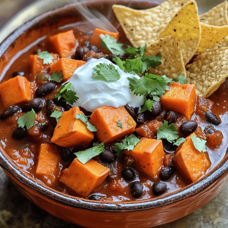 This sweet potato and black bean chili is simple and tasty. It’s a healthy dish that anyone can make. You can whip it up in just 45 minutes. This chili is perfect for lunch, dinner, or meal prep. Here’s what you need for the full recipe: - 2 medium sweet potatoes, peeled and diced into 1-inch cubes - 1 can (15 oz) black beans, rinsed and drained - 1 can (14 oz) diced tomatoes, including their juices - 1 medium onion, finely chopped - 2 cloves garlic, minced - 1 bell pepper of any color, chopped into small pieces - 1 tablespoon chili powder - 1 teaspoon ground cumin - 1 teaspoon smoked paprika - 1/2 teaspoon ground cinnamon - 2 cups vegetable broth (low sodium recommended) - 1 tablespoon olive oil - Salt and pepper to taste - Fresh cilantro, chopped (for garnish) You can top your chili to make it even better. Try these options: - A dollop of sour cream or Greek yogurt - A sprinkle of fresh cilantro - Tortilla chips for crunch - Shredded cheese for richness To start, grab a large pot. Heat some olive oil over medium heat. Add the chopped onion and cook for about five minutes. You want the onion to turn soft and clear. Next, add the minced garlic and chopped bell pepper. Cook these for two to three minutes. Stir often until the garlic smells great and the bell pepper softens a bit. Once your aromatics are ready, it’s time to add the sweet potatoes. Dice them into one-inch cubes if you haven’t already. Toss them into the pot with the onion, garlic, and bell pepper. Stir well to mix everything. This step helps the sweet potatoes absorb all those tasty flavors. Now, let’s spice things up! Add the chili powder, ground cumin, smoked paprika, and ground cinnamon to the pot. Mix it all together. Make sure every sweet potato cube is covered in spice. This will give your chili a warm, inviting taste. Pour in the canned diced tomatoes along with their juices. Then, add the vegetable broth. Stir everything well to combine. This mixture should now look colorful and vibrant. Bring it to a gentle boil. As soon as it boils, reduce the heat to let it simmer. Cover the pot and let it cook for about 25 minutes. Check the sweet potatoes with a fork. They should be tender and easy to pierce. This is when the magic happens! After the sweet potatoes are cooked, fold in the rinsed black beans. These add protein and richness. Season the chili with salt and pepper to your taste. Let it simmer for another five minutes to heat the beans. Finally, taste your chili. Adjust the seasonings if needed. You want it to be just right! Now you have a hearty and simple dish ready to enjoy! For the full recipe, check out the earlier section. To make this chili great, start with fresh ingredients. Use firm sweet potatoes. They should be vibrant and free of spots. When chopping, try to keep the sizes uniform. This helps them cook evenly. Always rinse canned beans well. This removes extra sodium and improves taste. Stir the pot often to prevent sticking. To bring out deeper flavors, add spices early. Sautéing the onion and garlic first makes a big difference. You can also use smoked sea salt for a unique twist. Fresh herbs like cilantro brighten the dish. For an extra kick, add a pinch of cayenne pepper. You can also squeeze lime juice just before serving. Serve the chili hot in colorful bowls. A sprinkle of fresh cilantro on top adds a nice touch. Add a dollop of sour cream or Greek yogurt for creaminess. For crunch, pair it with tortilla chips or bread. You can even serve it over rice for a hearty meal. Check out the Full Recipe for more ideas! {{image_4}} You can boost the chili's protein by adding meat or other options. Ground turkey or chicken works well. Just brown it with the onions before adding other ingredients. If you want a vegetarian choice, try adding tofu or tempeh. Both options soak up the flavors. You can also mix in cooked quinoa or lentils for extra protein and texture. If you love heat, add more chili powder, cayenne, or jalapeños. Start small, then taste as you go. You can also use hot sauce for easy spice control. If you prefer a milder chili, reduce the chili powder or skip it altogether. You can add a dash of brown sugar to balance the heat. Feel free to swap in your favorite veggies. Carrots, zucchini, or corn add nice flavors and textures. You could also try adding spinach or kale for added nutrients. Just stir them in during the last few minutes of cooking. This keeps them vibrant and fresh. For the full recipe, check out the cooking instructions above. After you make Sweet Potato and Black Bean Chili, let it cool. Transfer it to an airtight container. Store it in the fridge. It stays fresh for about 4 days. When you are ready to eat, check for any signs of spoilage. To freeze chili, use a freezer-safe container. Leave some space at the top for expansion. You can also use freezer bags. Make sure to squeeze out the air before sealing. This chili can last up to 3 months in the freezer. When you want to reheat, take it out of the fridge or freezer. If frozen, thaw it overnight in the fridge. Heat the chili on the stove over medium heat. Stir often to warm it evenly. You can also use a microwave. Just heat it in short intervals, stirring in between. Always check the temperature before serving. Enjoy your warm, hearty meal! Yes, you can! If you want a change, use butternut squash or regular potatoes. Both options work well. They add a nice texture and flavor. The dish will still be hearty and delicious. To add heat, try these tips: - Add chopped jalapeños or a dash of hot sauce. - Use cayenne pepper in the spice mix. - Include diced green chilies for a milder heat. These options let you control the spice level and suit your taste. Absolutely! This chili stores well and tastes even better the next day. - Divide it into containers for easy meals. - Keep it in the fridge for up to five days. - You can also freeze it for later. Just thaw and reheat when needed. Meal prep makes it simple to enjoy this dish anytime. For the complete method, check out the Full Recipe. This blog post covered a tasty chili recipe. We looked at the key ingredients and toppings. I shared step-by-step instructions to make cooking easy. You learned tips to boost flavor and serving ideas. We also explored variations like protein options and spice levels. Lastly, we discussed storage methods, including freezing and reheating. Now, you have all the tools to create a delicious and flexible dish. Enjoy experimenting and making this chili your own!