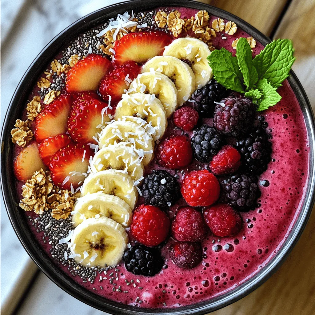 To make a tasty berry smoothie bowl, you need: - 1 cup frozen mixed berries - 1 ripe banana, sliced - ½ cup Greek yogurt - ½ cup almond milk - 1 tablespoon honey or maple syrup (optional) These ingredients give the bowl a creamy texture and fruity flavor. The frozen berries keep it cool and refreshing. The banana adds natural sweetness and creaminess. Greek yogurt is thick and gives good protein. Almond milk makes it smooth. You can add sweeteners or extra flavors if you want. Here are some ideas: - Honey: A natural sweetener that pairs well with fruit. - Maple syrup: A great vegan alternative for sweetness. - Spinach: A handful adds nutrients without changing the taste. - Protein powder: Boosts the protein content for a filling meal. Feel free to mix and match these to fit your taste. Toppings make your smoothie bowl look fun and tasty. Here are some great options: - Fresh berries: Strawberries, blueberries, or raspberries for color and flavor. - Extra sliced banana: Adds more creaminess and sweetness. - Granola: Gives a crunchy texture and is great for breakfast. - Chia seeds: Packed with nutrients and adds a nice crunch. - Shredded coconut: Brings a tropical twist. - Fresh mint leaves: Adds a pop of color and freshness. Arrange your toppings nicely to make your bowl a feast for the eyes. The more colorful, the better! You can find the full recipe to get started right away. To start, gather your ingredients. You will need: - 1 cup frozen mixed berries - 1 ripe banana, sliced - ½ cup Greek yogurt - ½ cup almond milk - 1 tablespoon honey or maple syrup (optional) In a high-speed blender, add all the ingredients. Blend until the mix is smooth and creamy. If it feels too thick, add a bit more almond milk. This will help you get the perfect texture. Blending is key to a great smoothie bowl. Start on low speed and then increase to high. This helps all the ingredients mix well. Stop the blender and scrape down the sides if needed. This ensures you get every bit blended. The goal is a creamy and lump-free mix. Adjust the milk as needed to find your perfect thickness. Once your smoothie base is ready, pour it into a bowl. Make the surface smooth. Now, it’s time for toppings! Here are some ideas: - Fresh berries - Extra sliced banana - Your favorite granola - Chia seeds - Shredded coconut - Fresh mint leaves Arrange the toppings in sections for a fun look. Use your hands or a spoon to place them artfully. A sprinkle of mint on top adds freshness and color. Enjoy making each bowl look as good as it tastes. For the full recipe, check the details above! To make your smoothie bowl creamier, focus on your ingredients. Use ripe bananas. They add natural sweetness and creaminess. Greek yogurt also helps make it thick. If you prefer a dairy-free option, choose coconut yogurt. It gives a rich texture and flavor. Blend everything on high speed until smooth. If it is too thick, add a little almond milk. Blend again until you reach your desired creaminess. The perfect smoothie bowl should be thick and creamy. You want it to hold your toppings well. If it flows too easily, it’s too thin. Aim for a consistency similar to soft serve ice cream. You can test this by scooping it with a spoon. It should hold its shape but still be easy to spoon up. Adjust the liquid as needed while blending. Toppings add fun and flavor to your smoothie bowl. Fresh berries like strawberries and blueberries are great. They add color and texture. Sliced banana can make it sweeter and richer. Granola gives a nice crunch. For a healthy boost, sprinkle chia seeds on top. Shredded coconut adds a tropical touch. Finish with fresh mint leaves for a pop of color. Layer them artistically for a beautiful look. Use these garnishes to make your bowl eye-catching and tasty. For the full recipe, check the "Berry Bliss Smoothie Bowl" section above. {{image_4}} You can mix and match your berries. Strawberries, blueberries, and raspberries work well together. But don't stop there! Try blackberries or goji berries for extra flavor. Each berry brings its own taste and health benefits. For example, blueberries are great for your brain. Strawberries add a sweet touch. Get creative and find your favorite mix! Want a dairy-free option? Use coconut yogurt instead of Greek yogurt. Almond milk is a great base too. You can also try oat milk or cashew milk. These options give you a creamy texture without dairy. They also add unique flavors. Plus, they are perfect for those who are lactose intolerant. Using seasonal fruits makes your smoothie bowl fresh and tasty. In summer, add peaches or nectarines. In fall, try apples or pears. Winter offers citrus fruits like oranges and grapefruits. Each season brings new flavors to explore. This keeps your smoothie bowls exciting all year round. Check out the full recipe to see how to add these seasonal fruits! To store leftover smoothie bowls, cover them tightly with plastic wrap or a lid. This keeps air out and maintains freshness. You can store them in the fridge for up to one day. When you are ready to eat, give it a good stir. If it thickens, add a little almond milk to get the right texture. You can freeze the smoothie base for later. Use ice cube trays to freeze small portions. Once frozen, pop the cubes into a freezer bag. This way, you have smoothie mix ready to go. To use, just thaw overnight in the fridge or blend directly from the freezer. It’s a fast way to enjoy your berry smoothie bowl anytime. Choose glass or BPA-free plastic containers. They seal tightly and keep your smoothie fresh. If you like to take it on the go, use a travel cup with a lid. Look for ones that fit in your car cup holder. This makes enjoying your smoothie easy, whether at home or on the road. For serving, opt for colorful bowls that make your smoothie bowl pop. A nice bowl makes every meal feel special. For the full recipe, check out the Berry Bliss Smoothie Bowl section. A Berry Smoothie Bowl is packed with good things. It offers vitamins and minerals from the fruits. The Greek yogurt gives you protein and probiotics for a healthy gut. The almond milk adds calcium without too many calories. A typical bowl has about: - Calories: 250-300 - Protein: 10-15g - Fiber: 5-8g - Fat: 5-10g, depending on toppings This bowl is a great way to start your day or recharge after exercise. Yes, you can easily switch up the ingredients! If you don't have Greek yogurt, try coconut yogurt. Almond milk can be replaced with oat or soy milk too. You can also swap honey for agave syrup or leave it out. Use whatever fruits you have. Fresh fruits can work, but frozen fruits give a creamier texture. To make your Berry Smoothie Bowl vegan, use coconut yogurt instead of Greek yogurt. Swap honey for maple syrup or agave nectar. Choose almond milk or any plant-based milk. This way, you keep all the taste and nutrition while staying vegan. Berries are the star of your smoothie bowl. I love using strawberries, blueberries, and raspberries. These berries give a sweet flavor and bright color. You can also add blackberries or acai for a unique twist. Mix and match to find your favorite combo! For the best taste, use fresh or frozen berries based on the season. For the full recipe, check out the Berry Bliss Smoothie Bowl. A berry smoothie bowl is a fun and tasty treat. We covered the main ingredients, sweeteners, and toppings. You learned how to make the smoothie base and blend it for the perfect consistency. Adding your favorite berries gives you many variations. Store any leftovers well to enjoy later. Smoothie bowls are easy to customize. Try new flavors and share with friends. Enjoy creating your berry masterpiece!
