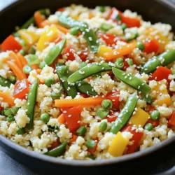To make a tasty cauliflower rice stir-fry, you need a few key items: - 1 medium head of cauliflower (for making rice) - 1 cup assorted bell peppers, diced (red, yellow, green for color variety) - 1 medium carrot, cut into julienne strips - 1 cup snap peas, trimmed and cleaned - 2 green onions, finely chopped - 3 cloves garlic, minced - 1 tablespoon fresh ginger, grated - 3 tablespoons soy sauce (or tamari for a gluten-free option) - 1 tablespoon sesame oil - 1 tablespoon olive oil - 1 teaspoon sesame seeds (for garnish) - Salt and freshly ground black pepper to taste You can add more fun to your dish with these extras: - Cooked chicken, shrimp, or tofu for protein - Sesame seeds or crushed nuts for crunch - Fresh herbs like cilantro or basil for freshness - Chili flakes for a spicy kick This stir-fry is not just delicious, but also good for you. Cauliflower is low in calories and high in fiber. It aids digestion and helps you feel full. Bell peppers add vitamins A and C, boosting your immune system. Carrots provide beta-carotene, which is good for your eyes. Snap peas are packed with protein and vitamins. Garlic and ginger support heart health and add flavor without extra calories. Overall, this dish is a colorful mix that fuels your body right. You can find the full recipe to make this healthy meal. To start, grab a medium head of cauliflower. Remove the green leaves and thick stem. Cut the cauliflower into smaller florets. Next, use a food processor to pulse those florets. You want them to look like rice grains. This should take about 30 seconds. If you don’t have a food processor, a box grater works too. Set the cauliflower rice aside for now. Now, heat a large skillet or wok over medium-high heat. Pour in one tablespoon of olive oil. Wait until the oil shimmers, but don’t let it smoke. Add three minced garlic cloves and one tablespoon of grated ginger. Stir quickly for about 30 seconds. This will fill your kitchen with amazing smells. Be careful not to burn them! Next, toss in one cup of diced bell peppers, one medium carrot cut into strips, and one cup of snap peas. Stir-fry these fresh veggies for 3-4 minutes. You want them tender but still bright and crunchy. Now it's time to add the cauliflower rice. Stir it in with the veggies. Cook for another 5-7 minutes, mixing often. You want the cauliflower to soften and heat through. Once it’s warmed, drizzle in three tablespoons of soy sauce and one tablespoon of sesame oil. Use a spatula to mix everything well. Taste your dish and add salt and black pepper as you like. Finally, take the skillet off the heat. Garnish with chopped green onions and a sprinkle of sesame seeds. Serve it up hot for a colorful, tasty meal. For the full recipe, check out the details above. To make the best cauliflower rice, you need to use the right tools. A food processor is ideal for this task. It creates small, rice-like pieces quickly. If you don’t have one, a box grater will work too. Just grate the cauliflower into small bits. Make sure to remove the leaves and tough stem first. This step makes the rice tender and tasty. Seasonings can take your stir-fry to the next level. Start with garlic and ginger for a strong base. They add warmth and depth. Soy sauce provides saltiness and umami. For a twist, try adding lime juice or chili flakes. Fresh herbs like cilantro or basil also boost flavor and freshness. Experiment with these to find your favorite mix. One common mistake is overcooking the cauliflower rice. Keep an eye on it. You want it tender but still firm. Another mistake is not seasoning enough. Taste as you cook to adjust flavors. Lastly, avoid crowding the pan. Cook in batches if needed to ensure even cooking. These tips will help you create a perfect dish every time. For the full recipe, check out the details above. {{image_4}} This stir-fry is great for everyone. To make it vegetarian or vegan, skip the soy sauce with fish sauce. Use only soy sauce or tamari. You can also add more veggies. Try mushrooms, zucchini, or broccoli. These will give extra texture and flavor. Cauliflower rice is already a low-carb choice. For more options, add spinach or kale. These greens fit well and add more nutrients. You can also use coconut aminos instead of soy sauce. This keeps it low in carbs and adds a sweet taste. If you like heat, add chili flakes or fresh peppers. Sauté them with garlic and ginger for a kick. You can also use Sriracha or chili paste. Just a little goes a long way in flavor. Adjust to your taste, and enjoy the fun twist! For a full recipe, check out the Cauliflower Rice Stir-Fry . To keep your leftover stir-fry fresh, cool it to room temperature. Then, place it in an airtight container. This helps keep moisture in and prevents it from drying out. Store the container in the fridge. It should last up to three days, though it’s best to eat it sooner. If you notice any off smells or changes, discard it. Reheating your stir-fry can make a big difference. To keep it tasty, use a skillet. Heat some oil over medium heat. Add the leftover stir-fry and cook for about 5 minutes. Stir often. This method warms it up and keeps the crunch. You can also use a microwave. Heat in 30-second intervals, stirring in between. This works, but the texture may not be as good. Yes, you can freeze cauliflower rice stir-fry! To do this, let it cool completely. Then, put it in a freezer-safe bag or container. Remove as much air as possible to prevent freezer burn. It can last for up to three months in the freezer. When you're ready to eat, thaw it overnight in the fridge. Reheat it in a skillet for the best texture. Enjoy a quick, healthy meal anytime! Yes, you can use frozen cauliflower rice. It makes meal prep easier. Just thaw it before cooking. You don’t need to cook it too long, as it's already prepped. Stir it in during the last few minutes of cooking. This keeps the texture just right. You can add many proteins to your stir-fry. Chicken, shrimp, and tofu work great. If you want a plant-based option, try chickpeas or edamame. Just cook the protein first, then add the veggies. This way, everything gets done at the same time. Cauliflower rice lasts for about 4 to 5 days in the fridge. Store it in an airtight container. If it starts to turn brown or smells off, it’s best to toss it. You can also freeze it for up to 3 months. Using it fresh gives the best taste. This blog highlighted how to make a tasty cauliflower rice stir-fry. We covered essential ingredients and optional add-ins to boost flavor. I shared key preparation steps and cooking tips to enhance your dish. You also learned about different variations for dietary needs and how to store leftovers properly. Embrace these tips and tricks for a better stir-fry. Experimenting will bring joy to your cooking! Enjoy the healthy benefits of cauliflower rice in every bite.