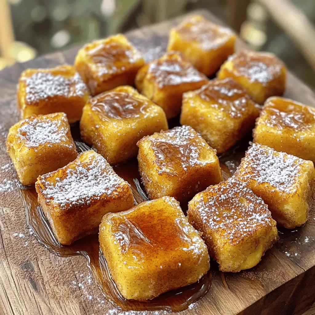 To make these tasty cinnamon roll French toast bites, you need the following items: - 1 can refrigerated cinnamon roll dough (8 rolls) - 2 large eggs - 1/4 cup milk - 1/2 teaspoon vanilla extract - 1 teaspoon ground cinnamon - 1 tablespoon granulated sugar - 1 tablespoon unsalted butter - Maple syrup, for serving - Powdered sugar, for dusting (optional) If you need to swap out any items, here are some great ideas: - Use almond or oat milk instead of regular milk for a dairy-free option. - You can replace eggs with 1/4 cup of unsweetened applesauce for a vegan choice. - If you don’t have cinnamon, pumpkin pie spice works well too. - Instead of granulated sugar, try honey or maple syrup for a natural sweetener. To make this recipe, you will need some basic kitchen tools: - A mixing bowl for whisking ingredients - A sharp knife or kitchen scissors for cutting the dough - A skillet for cooking the bites - A spatula for flipping - A baking sheet lined with parchment paper for easy cleanup - An oven for baking the bites These ingredients and tools will set you up for a delicious treat! Follow the full recipe for clear steps. Start by preheating your oven to 350°F (175°C). This ensures a nice bake. Next, open the can of refrigerated cinnamon roll dough. Carefully pull apart the rolls. Use a sharp knife to cut each roll into quarters. This gives you small, bite-sized pieces. These pieces soak up the egg mixture well. In a medium mixing bowl, whisk together the eggs, milk, vanilla extract, ground cinnamon, and granulated sugar. Make sure the mixture is smooth and well combined. This step is key. It adds flavor to your bites. Once mixed, gently add the cinnamon roll pieces. Coat each piece well. Let them soak for about 5 minutes. This allows the dough to absorb all the flavors. Melt the butter in a large skillet over medium heat. When the butter is bubbling, add the soaked cinnamon roll bites. Sauté them for 2-3 minutes. Stir occasionally until they turn golden brown. Don’t overcrowd the skillet; cook in batches if needed. After sautéing, place the bites on a baking sheet lined with parchment paper. Spread them out evenly. Bake in the preheated oven for 8-10 minutes. They should be puffed and golden. Once done, let them cool for a few minutes. If you want, dust them with powdered sugar for a sweet touch. Serve warm with maple syrup for dipping. You will love these delightful bites as a breakfast treat or snack. For the full recipe, check out the details above! To get a soft inside and a crisp outside, soak the cinnamon roll pieces well. Aim for a soak time of about five minutes. This allows the egg mixture to penetrate the dough fully. When cooking, keep the heat at medium. Too high, and you risk burning the outside before the inside cooks. A quick sauté in butter adds to the texture. Cooking in batches helps avoid overcrowding the skillet. If you add too many pieces at once, they will steam instead of crisp. This step is key for that perfect bite. I suggest working in groups of five or six pieces. This way, each piece gets enough heat and space to cook evenly. You can keep the cooked bites warm in the oven while you finish. You can top your cinnamon roll bites with many tasty options. Maple syrup is a classic choice. You can also try fresh fruit like strawberries or blueberries for a fresh twist. A sprinkle of powdered sugar makes them look fancy. Another option is a drizzle of chocolate sauce for a sweet touch. Get creative and mix and match your favorites for fun! {{image_4}} You can change the flavor with different dough. Try using apple or pumpkin spice cinnamon rolls. Each flavor brings a unique taste to your bites. If you want a fun twist, use chocolate or cream cheese-filled dough. These options make for a tasty surprise! Fruits and nuts can enhance your bites. You might add chopped apples or berries for sweetness. Walnuts or pecans add a nice crunch. Just mix these into your egg mixture before soaking the dough pieces. This adds flavor and texture to each bite. Making these bites gluten-free is easy. Use gluten-free cinnamon roll dough. For vegan options, try plant-based eggs and milk. This way, everyone can enjoy these treats. Just ensure your dough is made with suitable ingredients. You won’t lose the fun or flavor! For the full recipe, check out the detailed instructions above. Enjoy your cooking adventure! To keep your cinnamon roll French toast bites fresh, store them in an airtight container. Make sure they cool completely before sealing. They will stay good for about three days in the fridge. If they start to dry out, you can add a little maple syrup before eating. When you're ready to enjoy the leftovers, you can reheat them easily. Place them in the microwave for about 20-30 seconds. If you prefer, you can also warm them in a skillet over low heat. Just watch closely to avoid burning. Add a drizzle of maple syrup for extra flavor. If you want to save some bites for later, freezing is a great option! Arrange the bites on a baking sheet in a single layer and freeze them for about an hour. Once they are frozen, transfer them to a freezer bag. This method prevents them from sticking together. They will stay good for up to two months in the freezer. When you're ready to eat, thaw them in the fridge overnight, then reheat as mentioned above. For the full recipe, check out the details provided earlier. Enjoy your delicious bites! Yes, you can prepare these bites a bit early. Just make the egg mixture and soak the dough pieces. Store them in the fridge for up to one day. When you're ready to cook, simply sauté and bake them as directed in the Full Recipe. This saves you time on busy mornings! To cut down the sweetness, reduce the sugar in the egg mixture. You can also skip the powdered sugar topping. Instead, focus on the rich flavor of cinnamon and vanilla. This way, you can still enjoy the bites without them being too sugary. These bites go great with coffee or tea. A warm cup of chai or a classic black coffee enhances the cinnamon flavor. If you want something fruity, try a fresh orange juice. The citrus will balance the sweet notes nicely. Absolutely! You can try using biscuit dough or even puff pastry for a twist. Each type of dough adds a unique texture and flavor. Just adjust the cooking time as needed to ensure they bake properly. To store leftovers, place them in an airtight container. They will stay fresh in the fridge for up to three days. You can also freeze them for up to one month. Just make sure they cool completely before freezing. Yes, you can reheat the bites. Use an oven or toaster oven to warm them at 350°F (175°C) for about 5-7 minutes. This way, they will regain their crispiness. Microwaving is quick but may make them soft. Definitely! You can add nuts or fruit for extra flavor and texture. Some people love drizzling chocolate sauce or caramel on top. Be creative and find your perfect topping! From start to finish, it takes about 30 minutes to make these tasty treats. This includes prep time and cooking time. So, they are perfect for a quick breakfast or snack! You now have the tools to make delicious cinnamon roll bites. We covered the key ingredients and how to mix them. I shared tips for perfect texture and suggested tasty toppings. You can even explore different variations, like gluten-free options. Lastly, I provided tips for storing and reheating these treats. Enjoy making your own versions and share them with friends. Cinnamon roll bites can be fun and easy, offering a treat for everyone. Get cooking!