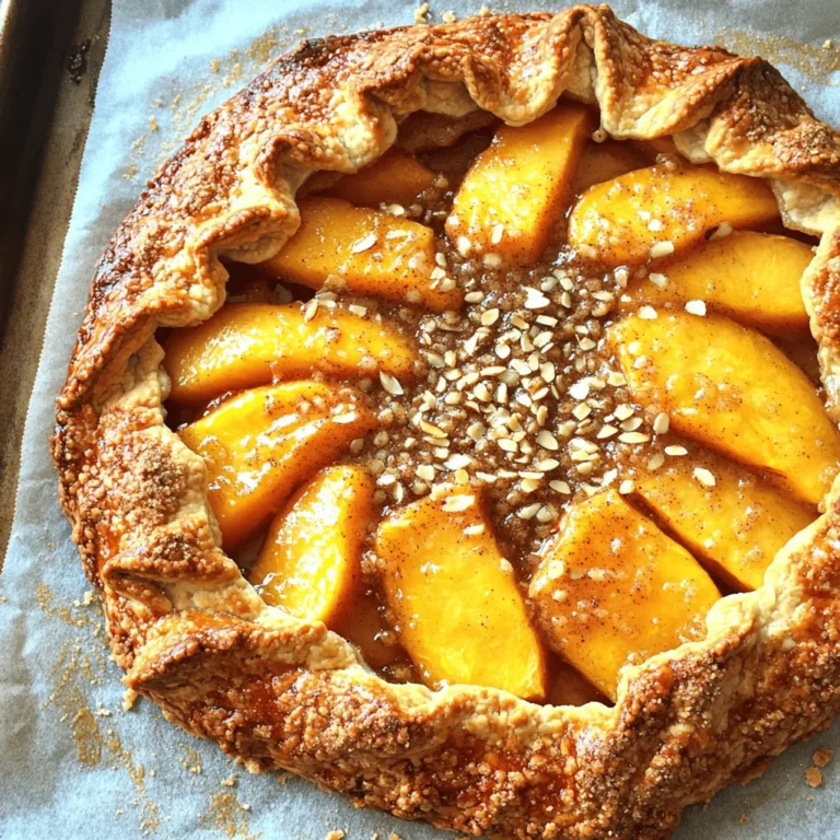 - 2 cups almond flour - 1/4 cup coconut oil, melted (or unsalted butter) - 1/4 teaspoon salt - 2 tablespoons maple syrup - 1/4 teaspoon vanilla extract - 4 medium ripe peaches, sliced thinly - 2 tablespoons brown sugar - 1 teaspoon ground cinnamon - 1 tablespoon cornstarch - 1 egg, beaten (for egg wash) - Additional almond flakes for topping (optional) Using high-quality ingredients makes a big difference in your galette. Choose fresh, ripe peaches for the best flavor. Look for peaches that yield slightly when you press them. They should smell sweet and fragrant. For the almond flour, a finely ground type will give you a smoother crust. If you're using coconut oil, make sure it is virgin and unrefined to keep that lovely coconut taste. You can easily swap ingredients based on what you have. If you don’t have almond flour, use all-purpose flour or a gluten-free blend. Unsalted butter works well instead of coconut oil. For a vegan option, replace the egg wash with almond milk or a mix of water and cornstarch. If peaches are out of season, try using fresh plums or apples. Adjust the sugar depending on the sweetness of the fruit. For the full recipe, you can refer to the section above. Start by preheating your oven to 375°F (190°C). This ensures even baking. Line a baking sheet with parchment paper. This step helps the galette not stick. It also makes cleaning easy. In a mixing bowl, combine 2 cups of almond flour with 1/4 teaspoon of salt. Mix these dry ingredients well. Next, pour in 1/4 cup of melted coconut oil, 2 tablespoons of maple syrup, and 1/4 teaspoon of vanilla extract. Stir until the mixture forms a dough. It should feel moist but not sticky. Slice 4 medium ripe peaches thinly. In another bowl, toss the peach slices with 2 tablespoons of brown sugar, 1 teaspoon of ground cinnamon, and 1 tablespoon of cornstarch. This mix enhances the flavor and helps absorb juice from the peaches. Place the rolled-out crust on the lined baking sheet. Spoon the peach filling into the center, leaving a 2-inch border. Gently fold the edges of the crust over the peaches, creating pleats. This gives it a rustic look while holding the filling inside. Brush the crust with a beaten egg for a golden finish. If desired, sprinkle almond flakes on top for crunch. Bake for 30-35 minutes until the crust is golden and juices bubble. Let it cool for about 10 minutes before slicing. Serve warm or at room temperature. For extra delight, add vanilla ice cream on top. For the full recipe, refer to the earlier sections. Enjoy your delicious peach galette! When choosing peaches, look for ripe, fragrant fruit. They should feel slightly soft when you gently press them. Color matters too. You want a deep, golden hue. Avoid peaches with bruises or green spots. Use freestone peaches for easy slicing. Their flesh separates easily from the pit, making your prep simple. For a tasty almond crust, mix almond flour and salt well before adding other ingredients. Use melted coconut oil or unsalted butter to keep the dough moist. Don't overmix the dough. You want it to come together without being tough. Roll it out gently between parchment sheets. This helps you avoid sticking and keeps the dough tender. Serve your peach galette warm for the best taste. It pairs wonderfully with vanilla ice cream. The creaminess complements the sweet peaches. You can also add a dollop of whipped cream or yogurt. For a twist, drizzle honey on top for extra flavor. A cup of herbal tea or coffee makes a nice drink choice. To make your galette visually appealing, dust it lightly with powdered sugar before serving. Fresh mint leaves add a pop of color. Arrange your slices neatly on a platter. Consider using a rustic wooden board for a charming touch. These details make your dish look as good as it tastes. Enjoy the full recipe for more tips! {{image_4}} You can change the fruit in this galette to fit your taste. Try using ripe nectarines for a similar sweetness. Plums add a tart touch that pairs well with the almond crust. Apples are a classic choice and offer a nice crunch. Pears can bring a soft, juicy texture. If you want something unique, use berries like blueberries or raspberries. Each fruit brings its own flavor and makes this galette special. While almond flour is my go-to, you can use other nut flours for your crust. Hazelnut flour provides a rich, earthy flavor. Walnut flour adds a lovely depth and works well with peaches. If you need a nut-free option, try oat flour. It gives the crust a nice texture, though it may taste different. Mix and match these flours to discover your favorite combination. For sweetening, maple syrup is great, but honey works too. If you want less sugar, consider using agave nectar. You can also reduce the sugar in the filling if your fruit is very sweet. To create a savory twist, try adding herbs like thyme or rosemary to the filling. A sprinkle of cheese, like goat cheese, can add a creamy layer. These options let you explore new flavors while keeping the essence of the galette. For the full recipe, check out the link provided earlier. To keep your peach galette fresh, let it cool completely. Wrap it in plastic wrap or place it in an airtight container. Store it in the fridge for up to three days. If you want to keep it longer, freezing is a great option. To reheat your galette, preheat your oven to 350°F (175°C). Place the galette on a baking sheet. Heat it for about 10-15 minutes. This will help keep the crust crispy and the peaches warm. Avoid using the microwave, as it can make the crust soggy. If you want to freeze your galette, wrap it well in plastic wrap and foil. Make sure it’s airtight. You can freeze it for up to two months. When you're ready to enjoy it, thaw it in the fridge overnight. Then, reheat it in the oven for the best taste. Remember, the key to a great peach galette is in the storage! You can tell the galette is done when the crust turns golden brown. Look for bubbling peach juices near the center. This shows the filling is cooked well. A good rule is to bake for 30-35 minutes. Keep an eye on it, as ovens vary. Yes, you can make the crust ahead! Prepare the almond dough and wrap it tightly in plastic wrap. Store it in the fridge for up to two days. When you're ready, just roll it out and fill it. This saves time on busy days. Peach galette pairs well with many items. Try it with a scoop of vanilla ice cream for a sweet treat. A dollop of whipped cream adds a light touch. You can also serve it with fresh berries for added flavor. Prevent a soggy bottom crust by using cornstarch in the filling. This helps absorb excess moisture from the peaches. Make sure to bake the galette until the crust is crispy and golden. Also, avoid overripe peaches, as they release more juice. For more details, check out the Full Recipe. You learned about making a delicious peach galette step by step. We covered ingredients, tips, variations, and storage. Remember to choose ripe peaches for the best flavor. Also, don’t forget to try different fruits or nut flours in your crust. This galette is easy to make and impresses everyone. Keep your leftovers fresh and enjoy this treat for days. With these tips, you can create a perfect galette every time. Get cooking and have fun with your dessert!