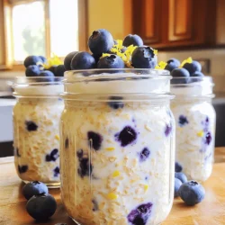 To make Lemon Blueberry Overnight Oats, gather these items: - 1 cup rolled oats - 1 cup almond milk (or milk of your choice) - 1/2 cup Greek yogurt (vanilla or plain based on your preference) - 1 tablespoon chia seeds - Zest of 1 lemon - 2 tablespoons fresh lemon juice - 2 tablespoons honey or maple syrup (adjust according to sweetness preference) - 1 cup fresh blueberries (plus extra for garnish) - A pinch of salt You can easily swap some ingredients based on your taste or what you have. - If you want a creamier texture, use coconut milk instead of almond milk. - For a dairy-free option, choose a plant-based yogurt. - Maple syrup works well if you want a vegan choice instead of honey. - If you do not have chia seeds, you can use flaxseeds as a substitute. Understanding the nutrition in your meal helps you make better choices. Here is a quick look at what’s in these oats: - Calories: About 300 per serving - Protein: 10 grams - Carbohydrates: 45 grams - Fat: 8 grams - Fiber: 8 grams - Sugar: 12 grams (natural from fruit and honey) These overnight oats offer a balanced breakfast. They are rich in fiber and protein, making them filling and nutritious. You can find the full recipe to get started on your delicious morning routine. Making Lemon Blueberry Overnight Oats is easy and fun. You need about ten minutes to prepare. This recipe yields two servings, so you can share or save one for later. Just gather your ingredients first. Start by taking a medium bowl. Add these ingredients: - 1 cup rolled oats - 1 cup almond milk (or milk of your choice) - 1/2 cup Greek yogurt (vanilla or plain) - 1 tablespoon chia seeds - Zest of 1 lemon - 2 tablespoons fresh lemon juice - 2 tablespoons honey or maple syrup - A pinch of salt Mix them well until everything blends nicely. Next, gently fold in the fresh blueberries. Be careful not to crush them. You want to keep those lovely berries whole. Divide the mixture into two mason jars or airtight containers. Seal them tightly to keep everything fresh. Now, place the jars in your fridge. Let them chill overnight, or at least for 4 to 6 hours. This is important. The oats and chia seeds need time to soak up the liquid. In the morning, take the jars out. Stir the oats gently. If they seem too thick, add a splash of almond milk until you reach your desired texture. Serve the oats cold. Top with extra blueberries and a drizzle of honey or maple syrup if you like. Enjoy your bright and tasty start to the day! To get the best texture, use rolled oats. They soak up liquid well. You want a creamy mix, not a mushy one. If you find your oats too thick, just add more milk. To enhance the flavor, always use fresh lemon juice and zest. This adds a bright taste. The honey or maple syrup gives a nice sweetness. You can adjust this to fit your taste. Mix well to blend all flavors together. Serve your oats in clear jars to show off their color. Top with extra blueberries and a sprinkle of lemon zest. This makes it look fancy! You can also add nuts or seeds for crunch. Try serving with a side of sliced bananas or a spoon of nut butter. This adds protein and makes your meal more filling. Enjoy with a cup of herbal tea for a refreshing breakfast. To make your overnight oats even healthier, add more seeds. Flaxseeds or hemp seeds work great. They add fiber and healthy fats. You can also mix in some spinach or kale for extra vitamins. If you want protein, try adding a scoop of protein powder. This will keep you full longer. Always choose fresh, organic ingredients when possible for the best results. For a full recipe, check the detailed instructions above. {{image_4}} You can switch out the blueberries for many fruits. Try strawberries, raspberries, or blackberries. Each fruit brings a new taste. Apples add a nice crunch. Bananas give a creamy texture. Use any fruit you love. Just make sure they are ripe for the best flavor. You can change the flavor of your oats easily. Add a pinch of cinnamon or nutmeg for warmth. Vanilla extract adds a sweet touch. For a tropical twist, add coconut flakes or a splash of coconut milk. These small changes can make your oats feel new and exciting. To make this recipe vegan, swap Greek yogurt for a plant-based yogurt. Use almond milk or oat milk instead of regular milk. Replace honey with maple syrup or agave nectar for sweetness. These swaps keep the dish tasty and friendly for all diets. Store your lemon blueberry overnight oats in airtight containers. I prefer mason jars for easy access. Make sure to seal them tightly to keep out air and moisture. This helps maintain freshness and flavor. Place them in the refrigerator right after making them. This keeps the oats cold and ready to eat. When stored properly, your oats can last for up to five days in the fridge. However, for the best taste and texture, I recommend eating them within three days. The oats will absorb more liquid over time, which may change their consistency. These oats are best served cold. If you prefer them warm, you can heat them in the microwave. Just remove the lid and heat for about 30 seconds. Stir well and check the temperature. If you want them warmer, heat in 15-second intervals. Add a splash of almond milk if needed to loosen the texture. Enjoy your delicious lemon blueberry overnight oats! Yes, you can make Lemon Blueberry Overnight Oats in advance. In fact, this recipe works best when made the night before. Prepare the oats and store them in jars. They will soak up all the flavors while chilling in the fridge. You can keep them in the fridge for up to five days. This makes them perfect for a busy week. Just grab a jar and enjoy! You can easily adjust the sweetness of the oats. The recipe calls for honey or maple syrup. Start with two tablespoons, then taste. If you want it sweeter, add more. You can also use stevia or agave syrup if you prefer. Just remember to mix well after adding any sweetener. This way, the oats will be perfectly sweet for you! If you want a substitute for Greek yogurt, you have options. You can use regular yogurt, both dairy and non-dairy. Almond or coconut yogurt can work well. You can also use silken tofu for a dairy-free option. Blend it smooth to mimic the creamy texture of yogurt. Each option will give your oats a unique flavor while keeping them delicious. In this post, I covered the main steps to make Lemon Blueberry Overnight Oats. You learned about the ingredients and their substitutes, along with tips to enhance flavor and nutrition. I shared how to prepare, chill, and serve your oats for the best experience. Finally, we discussed storage tips and common questions. Enjoy crafting this delicious dish. With some simple adjustments, you can make it your own!