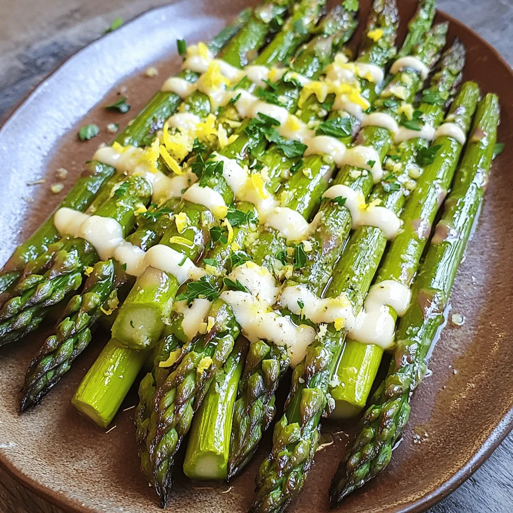 - Fresh asparagus - Extra virgin olive oil - Garlic - Lemon zest and juice - Coarse sea salt - Black pepper - Optional ingredients: red pepper flakes, Parmesan cheese, parsley The main ingredient in this dish is fresh asparagus. Look for bright green spears that are firm and straight. You want to avoid any that are wilted or yellowed. Next, you’ll need extra virgin olive oil. This oil adds great flavor and helps the asparagus roast evenly. Garlic brings a strong taste that pairs perfectly with the lemon. Lemon zest and juice brighten the dish. They add a fresh, tangy flavor. Coarse sea salt and black pepper season the asparagus and enhance its natural taste. For an extra kick, consider adding red pepper flakes. They give the dish a little heat. If you love cheese, sprinkle some grated Parmesan on top. It adds a savory touch. Finally, chopped parsley is perfect for garnish. It adds color and freshness to the final dish. - Baking sheet - Parchment paper - Mixing bowl - Measuring spoons You’ll need a baking sheet to roast the asparagus. Lining it with parchment paper makes for easy clean-up. Using a mixing bowl is essential for tossing the asparagus with the oil and seasonings. This ensures every spear gets coated well. Measuring spoons help you get the right amounts of olive oil, salt, and spices. Accurate measurements make a big difference in flavor. For the complete recipe and cooking steps, check out the Full Recipe. - Preheat your oven to 425°F (220°C). - Line a baking sheet with parchment paper for easy clean-up. - Take a bunch of fresh asparagus and trim off the tough ends. - In a large bowl, mix the asparagus with 3 tablespoons of olive oil. - Add 3 minced garlic cloves, lemon zest, and lemon juice to the bowl. - Season with 1 teaspoon of coarse sea salt and 1/2 teaspoon of black pepper. - If you like a little heat, add 1/4 teaspoon of red pepper flakes. - Toss everything gently until the asparagus is well coated. - Spread the asparagus in a single layer on the baking sheet. - Make sure the spears have space between them to roast well. - Place the baking sheet in the oven and roast for 12-15 minutes. - Check for doneness; the asparagus should be tender and slightly browned. - Stir the asparagus halfway through to ensure even roasting. - If you want a cheesy flavor, sprinkle 2 tablespoons of grated Parmesan cheese on top. - Return it to the oven for 2-3 minutes until the cheese melts. - Remove the baking sheet from the oven and transfer the asparagus to a platter. - Garnish with chopped fresh parsley for color and flavor. - Serve hot and drizzle with extra lemon juice if desired. For the full recipe, check out Lemon Garlic Roasted Asparagus. Achieving optimal tenderness To get the best texture, choose thin asparagus. Thin spears cook faster and stay tender. Roast them just until they are bright green and tender. You can test this by piercing them with a fork. If it goes in easily, they’re done! Adjusting seasoning to taste Taste your seasoning mix before cooking. Add more salt or lemon juice if needed. If you like heat, add more red pepper flakes. Seasoning is key to making the flavors pop. Remember, you can always add more, but you can’t take it out! How to prevent overcooking To avoid mushy asparagus, keep an eye on the clock. Roast for 12-15 minutes. Check them halfway through. If they look bright and slightly caramelized, they are ready. If you like them softer, you can leave them a minute longer, but be careful! Insights on making ahead You can prepare the asparagus in advance. Toss them with oil and seasoning, then store them in the fridge. When you are ready, roast them straight from the fridge. This saves time and keeps the meal easy. Just remember that they might need an extra minute in the oven! For the complete recipe, refer to the Full Recipe. {{image_4}} You can switch up the veggies in this dish. Try using fresh green beans, broccoli, or Brussels sprouts. Each brings a unique taste and texture. You can also mix in seasonal vegetables. For a fun twist, add some cherry tomatoes for sweetness or bell peppers for crunch. Adding proteins can make this dish a full meal. Cooked chicken, shrimp, or even tofu work well. Just toss them in with the asparagus and roast everything together. This makes it easy and quick. To change the flavor, use different herbs and spices. Instead of just garlic, try adding thyme, rosemary, or dill. These give the dish a fresh taste. You can also spice things up with cumin or paprika for some warmth. Cheese can also add a nice touch. If you want a creamier flavor, try feta or goat cheese. They add a tangy bite that pairs well with the lemon. Experiment with your favorite cheeses to discover new tastes. For the full recipe, check out [Full Recipe]. To keep your Lemon Garlic Roasted Asparagus fresh, store it in the fridge. Place the leftovers in an airtight container. Make sure to cool the asparagus to room temperature before sealing it. This helps prevent moisture buildup and keeps it crisp for longer. You can enjoy the leftovers for up to three days. When you’re ready to eat, reheating is key. Use the oven or a skillet for the best results. Preheat your oven to 350°F (175°C). Spread the asparagus on a baking sheet and heat for about 10 minutes. This method keeps the asparagus crispy and tasty. If using a skillet, warm it over medium heat for a few minutes, stirring gently. You can freeze roasted asparagus, but it may lose some texture. If you want to freeze it, do this right after it cools. Place the leftovers in a freezer-safe bag or container. Remove as much air as possible before sealing. This helps prevent freezer burn. You can keep it frozen for up to three months. To enjoy frozen roasted asparagus, thaw it overnight in the fridge. When ready to eat, reheat it in the oven or skillet, just like with leftovers. This will help restore some of its original flavor and texture. For the best results, avoid thawing in the microwave, as this can make the asparagus mushy. For the full recipe, be sure to check out the complete details above! To make Lemon Garlic Roasted Asparagus, start by preheating your oven to 425°F (220°C). Line a baking sheet with parchment paper for easy cleanup. Trim the asparagus and place it in a bowl. Add olive oil, minced garlic, lemon zest, and lemon juice. Sprinkle in sea salt, black pepper, and red pepper flakes if you want some heat. Toss the asparagus until every piece is coated. Lay the asparagus in a single layer on the baking sheet. Roast for 12-15 minutes, stirring halfway through. When done, it should be tender and slightly caramelized. If using, sprinkle Parmesan cheese on top and roast for another 2-3 minutes. Finish with fresh parsley for a vibrant touch. Lemon Garlic Roasted Asparagus pairs well with many dishes. Here are some great options: - Grilled chicken breast. - Baked salmon fillets. - Quinoa salad. - Garlic mashed potatoes. - Lemon herb rice. These sides balance the bright flavors of the asparagus and create a lovely meal. Yes, you can use frozen asparagus, but it requires a different approach. First, thaw the asparagus and drain any excess water. Pat it dry with a towel to keep it from steaming in the oven. Follow the same recipe steps, adjusting the roasting time. Frozen asparagus may need a bit more time to cook through. Always check for tenderness before serving. Fresh asparagus offers a better texture, but frozen works in a pinch. This blog post covered how to make Lemon Garlic Roasted Asparagus. We explored key ingredients like fresh asparagus and olive oil, along with essential cooking tools. I shared step-by-step instructions, tips for perfecting the dish, and exciting variations for different seasons. Lastly, we discussed storage methods for leftovers. Roasting asparagus is simple and brings bright flavors to your meals. With these tips, you can enjoy this dish any time!