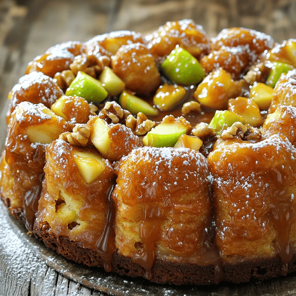 To make delicious caramel apple monkey bread, you will need: - 2 cans (16.5 oz each) refrigerated biscuit dough - 2 medium apples, peeled, cored, and diced into small chunks - 1/2 cup packed brown sugar - 1/4 cup granulated sugar - 1 tablespoon ground cinnamon - 1/2 cup unsalted butter, melted and slightly cooled - 1 cup caramel sauce (can use store-bought or homemade) You can add extra flavor or texture with these optional ingredients: - 1/2 cup chopped walnuts (for added crunch) - Powdered sugar for dusting (for presentation) When selecting apples, aim for crisp and tart varieties. Apples like Granny Smith and Honeycrisp work great. Their flavor balance pairs well with sweet caramel. Avoid soft or mealy apples. They will not hold up in the baking process. For the best taste, pick apples that are firm and vibrant in color. Start by getting your ingredients ready. Gather the items listed in the Full Recipe. You will need: - 2 cans (16.5 oz each) refrigerated biscuit dough - 2 medium apples, peeled, cored, and diced into small chunks - 1/2 cup packed brown sugar - 1/4 cup granulated sugar - 1 tablespoon ground cinnamon - 1/2 cup unsalted butter, melted and slightly cooled - 1 cup caramel sauce - 1/2 cup chopped walnuts (optional) - Powdered sugar for dusting (optional) Preheat your oven to 350°F (175°C). Grease a bundt pan well. You want to prevent the dough from sticking later. Open the biscuit dough cans and pull out the biscuits. Cut each biscuit into four pieces. In a large bowl, mix the biscuit pieces with diced apples. Add half of the sugar-cinnamon mix and half of the melted butter. Toss gently to coat everything. In your greased bundt pan, layer the coated biscuit pieces and apples. If you want a crunch, sprinkle chopped walnuts between layers. Pour the remaining melted butter over the top. Drizzle caramel sauce on everything to soak in. Lastly, sprinkle the rest of the sugar-cinnamon mix on top. This will make a nice crust when baked. Place the bundt pan in your preheated oven. Bake for 30-35 minutes. Look for a golden brown top. Test with a toothpick; it should come out clean. Once done, let the monkey bread cool in the pan for about 10 minutes. Carefully invert it onto a serving plate. Drizzle more caramel sauce on top and dust with powdered sugar if you like. Enjoy this warm, gooey treat! One big mistake is not greasing the bundt pan well. If you skip this step, your monkey bread may stick. Another common error is overmixing the biscuit pieces. You want them coated, not mushy. Be careful not to bake it too long. If you do, the bread may dry out. Lastly, don’t forget to let it cool a bit before serving. This helps the caramel set. To get the best caramel, heat it gently. If it boils too fast, it can become hard. Keep stirring to avoid burning. If you're using store-bought caramel, warm it slightly. This makes it easier to drizzle. For homemade caramel, use sugar and cream in equal parts. Cook slowly until it turns golden brown. The right consistency should be smooth and pourable. Serve your caramel apple monkey bread warm for the best taste. It pairs well with vanilla ice cream or whipped cream. You can also add a sprinkle of sea salt for a nice contrast. If you want a fun twist, serve it with hot chocolate or coffee. This dessert is great for sharing, so gather friends and family to enjoy it together. If you want the full recipe, check out the recipe section above. {{image_4}} You can make this dessert gluten-free. Use gluten-free biscuit dough instead of regular dough. Many brands offer good gluten-free options. Check the baking aisle at your store. Follow the same steps in the recipe. The monkey bread will still taste amazing! Feel free to get creative with flavors! Try adding different fruits like pears or berries. You can also use spices like nutmeg or ginger for a twist. Got a sweet tooth? Mix in chocolate chips or butterscotch chips with the apples. This treat can be your own unique creation! Serving this dessert can be fun! For individual portions, bake in muffin tins. Each person gets their own little treat. For a family-style option, the bundt pan looks great on the table. Just use a fork to pull apart the gooey pieces. No matter how you serve it, everyone will love it! For the full recipe, check out the detailed steps. To keep your caramel apple monkey bread fresh, store it in an airtight container. This helps prevent it from drying out. Let it cool to room temperature before sealing it up. If you have a large batch, you can wrap it tightly in plastic wrap. This adds an extra layer of protection. Place it in the fridge if you want it to last longer, up to three days. When you’re ready to enjoy your leftover monkey bread, reheating it is key. Preheat your oven to 350°F (175°C). Place the monkey bread on a baking sheet. Cover it with aluminum foil to keep it moist. Heat for about 10-15 minutes. Check if it’s warm throughout. If you want to add a little extra flavor, drizzle some caramel sauce on top before serving. You can freeze caramel apple monkey bread for later enjoyment. Wrap individual pieces in plastic wrap, then place them in a freezer bag. This makes it easy to grab just what you need. It can last in the freezer for up to three months. To thaw, remove from the freezer and let it sit in the fridge overnight. Reheat in the oven as mentioned above for the best taste. Enjoy your sweet treat whenever you crave it! Caramel Apple Monkey Bread lasts about 2 to 3 days when stored in the fridge. After baking, let it cool completely. Then, wrap it tightly in plastic wrap or place it in an airtight container. This keeps it fresh and moist for a few days. I recommend reheating it in the microwave for about 10 to 15 seconds before serving. This warms it up and revives the gooey caramel goodness. Yes, you can use homemade caramel sauce! In fact, it’s a great way to add a personal touch. Just make sure your caramel is thick enough to drizzle. If it’s too runny, it may not stick well to the monkey bread. I love making my own caramel sauce because it has a rich flavor. Just remember to let it cool before pouring it over the bread. You can add many fun ingredients to enhance your monkey bread. Consider mixing in: - Chopped pecans or almonds for a nutty crunch - Chocolate chips for a sweet twist - Dried cranberries or raisins for a fruity touch - A sprinkle of sea salt for a flavor contrast Feel free to get creative! Each addition changes the taste and texture. Just keep balance in mind to avoid overwhelming the dish. In this blog post, we covered how to make delicious Caramel Apple Monkey Bread. You learned about the key ingredients and some optional ones for personal touches. I shared step-by-step instructions so you can get it just right. We discussed common mistakes and ways to customize your dish. Remember to store any leftovers properly. Now you can impress friends and family with your tasty creation. Enjoy every bit of this sweet treat!