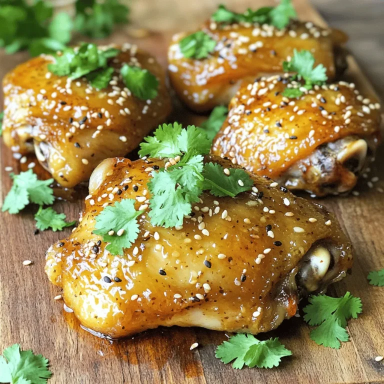 - 4 boneless chicken thighs - 1/3 cup honey - 3 cloves garlic, minced - 2 tablespoons low-sodium soy sauce - 1 tablespoon sesame oil - 1 teaspoon freshly grated ginger - 1 tablespoon fresh cilantro, finely chopped - Sesame seeds When making honey garlic chicken thighs, the choice of ingredients matters. Each component adds to the dish's rich flavor. The chicken thighs provide a juicy base. I prefer using boneless thighs for ease in cooking and serving. The honey brings a natural sweetness that balances the savory garlic. I always use fresh garlic for the best taste. Mince it finely to release its strong flavor. For the marinade, low-sodium soy sauce adds saltiness without overwhelming the dish. Sesame oil gives a nutty aroma that enhances the overall taste. Adding freshly grated ginger brings a bit of spice and warmth. For garnishing, fresh cilantro adds a pop of color and bright flavor. I like to sprinkle sesame seeds on top for a nice crunch. Each ingredient works together to create a dish that's both flavorful and satisfying. If you want to see the full details of this recipe, check out the Full Recipe. To make the marinade, start by mixing a few key ingredients. You need: - 1/3 cup honey - 3 cloves garlic, minced - 2 tablespoons low-sodium soy sauce - 1 tablespoon sesame oil - 1 teaspoon freshly grated ginger - 1 teaspoon red pepper flakes (for heat) - Salt and pepper, to taste Whisk these together in a medium bowl. Make sure everything combines well. This mix will give your chicken a sweet and savory flavor. Now it’s time to marinate the chicken. Take 4 boneless chicken thighs and place them in a resealable bag or a shallow dish. Pour the marinade over the chicken, ensuring every piece is coated. Seal the bag or cover the dish, then pop it in the fridge. Let it marinate for at least 30 minutes. If you have more time, let it sit for up to 4 hours. This will deepen the flavor. Preheat your oven to 400°F (200°C). After marinating, take the chicken out. Let any extra marinade drip off. Place the chicken thighs on a baking sheet lined with parchment paper. Drizzle some of the leftover marinade over the chicken for added flavor. Bake the chicken for 25-30 minutes. Check the internal temperature; it should reach 165°F (75°C). If you want a nice caramelized finish, switch to broil for 2-3 minutes. Keep an eye on it to avoid burning. Once done, let the chicken rest for about 5 minutes before serving. This helps keep the juices inside. Enjoy your meal! For the full recipe, check out the details above. Marinating chicken thighs is key for flavor. I suggest marinating for at least 30 minutes. If you want a richer taste, go for 4 hours. This gives the honey, garlic, and spices time to soak into the meat. The longer you marinate, the better the flavor. To check if your chicken is done, use a meat thermometer. The safe internal temperature is 165°F (75°C). Insert the thermometer into the thickest part of the thigh. If it reads 165°F, your chicken is safe to eat. If not, return it to the oven for more cooking. For a caramelized finish, use the broil setting at the end of cooking. Broil for 2-3 minutes, but stay close. This high heat can burn the chicken quickly. You want a golden color, not charred meat. A quick check every minute helps you achieve that perfect glaze. These tips will enhance your Honey Garlic Chicken Thighs and make your meal even more delicious. For the full recipe, check the section above. {{image_4}} You can change the heat level of honey garlic chicken thighs by adding red pepper flakes. If you like it spicy, use more flakes. For a milder dish, reduce the amount. You can also skip the flakes altogether. Experiment until you find your perfect balance. Chicken thighs are great, but you can use chicken breasts, too. They cook faster and remain juicy. If you want to try something different, pork chops or tofu work well. Just adjust cooking times based on the protein you choose. Veggies add flavor and nutrients to your meal. Consider bell peppers, broccoli, or snap peas. You can mix them into the marinade or roast them alongside the chicken. They will soak up the tasty sauce and make your dish colorful. For the full recipe, see the section above. After enjoying your honey garlic chicken thighs, store any leftovers in an airtight container. Make sure the chicken is cooled down before sealing it. This helps keep the flavors fresh and prevents moisture loss. Properly stored, the chicken will last in the fridge for up to three days. When you're ready to eat, the flavor will still be delightful. To freeze your honey garlic chicken thighs, first, let them cool completely. Next, wrap each thigh tightly in plastic wrap or aluminum foil. Then, place them in a freezer-safe bag. Remove as much air as possible to prevent freezer burn. The chicken can be frozen for up to three months. When you want to enjoy it, just thaw it in the fridge overnight. When reheating your chicken, the goal is to keep it juicy and tasty. Preheat your oven to 350°F (175°C). Place the chicken in a baking dish and add a splash of chicken broth or water to keep it moist. Cover the dish with foil to retain heat. Bake for about 15 to 20 minutes, or until the chicken is heated through. This method helps preserve the flavor and tenderness, making it just like freshly cooked. For more tips, check out the Full Recipe for extra ideas! To get crispy skin, start with dry chicken thighs. Pat them with paper towels. This removes moisture. Next, use high heat to help with crisping. Bake at 400°F (200°C). For extra crunch, broil the thighs for a few minutes at the end. Keep an eye on them to avoid burning. Yes, you can use fresh garlic. Fresh garlic packs a lot of flavor. However, you need to chop it finely. This helps to release its oils and aroma. Minced garlic blends well with the marinade, giving it a smoother taste. For a balanced meal, serve with steamed rice. It soaks up the tasty sauce. Roasted vegetables also pair nicely. Broccoli, carrots, or green beans work well. You can add a fresh salad for crunch. These sides make your meal complete and satisfying. In this post, we explored making delicious honey garlic chicken thighs. We covered the key ingredients, step-by-step instructions, and smart tips for great results. This dish is easy to tweak, so feel free to get creative with spices or veggies. Remember to check the chicken’s doneness for safety. Whether you're a beginner or an expert, this recipe offers tasty options. Enjoy your cooking journey!