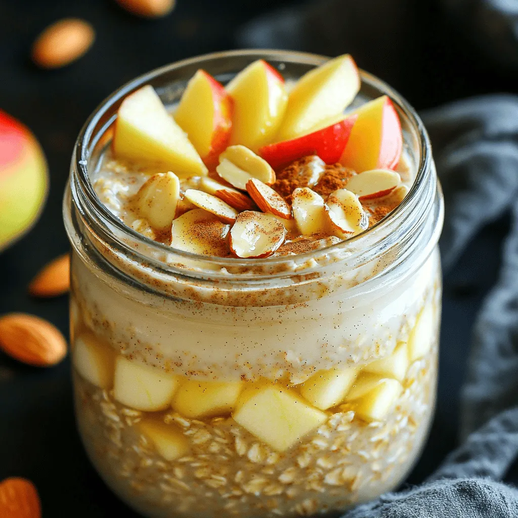 - 1 cup rolled oats - 2 cups almond milk (can substitute with dairy milk if preferred) - 1 medium apple, diced (opt for sweet varieties like Fuji or Honeycrisp for optimal flavor) - 1 teaspoon ground cinnamon - 1 tablespoon chia seeds - 2 tablespoons maple syrup (or honey for sweetness) - 1/2 teaspoon vanilla extract - A pinch of salt - Optional toppings: sliced almonds, additional apple slices, or a dollop of yogurt To make apple cinnamon overnight oats, gather these ingredients. Rolled oats are the base. They soak up the liquid and become soft. Almond milk adds creaminess. You can use dairy milk if you like. Diced apples bring a sweet crunch. Fuji or Honeycrisp apples work best. Ground cinnamon gives that warm flavor we all love. Chia seeds add fiber and help thicken the mix. Maple syrup or honey sweetens the oats just right. A dash of vanilla extract lifts the flavor. Finally, a pinch of salt enhances all the tastes. You can also get creative with toppings. Sliced almonds add a nice crunch. Extra apple slices look pretty and taste great. A dollop of yogurt makes it creamy and delicious. This recipe lets you enjoy a tasty breakfast that is also good for you. For the full recipe, check the earlier section. To make apple cinnamon overnight oats, start with a large mixing bowl. Add 1 cup of rolled oats. Next, pour in 2 cups of almond milk. Include the diced apple, ground cinnamon, chia seeds, maple syrup, vanilla extract, and a pinch of salt. Stir the mixture well with a spatula or wooden spoon. Make sure the oats and chia seeds soak in the liquid. Now, cover the bowl tightly with plastic wrap or divide the mixture into jars. This makes it easy to serve later. Refrigerate the mixture overnight or for at least 6 hours. The oats will soften and soak up the milk. When morning comes, take the oats out of the fridge. Stir the mixture again. If it seems too thick, add a splash of almond milk to get the right texture. Serve in bowls or jars for a tasty breakfast. To get the perfect consistency, you may need to adjust with more milk. If the oats look dry, add a little almond milk. This keeps them creamy and smooth. For even soaking, make sure all oats are covered by the liquid. Stir well before refrigerating. For a fun twist, layer your oats in clear jars. This shows off the pretty colors and textures. Top with sliced almonds, extra apple slices, or a dollop of yogurt. This not only makes it look great but adds extra flavor too. For a beautiful breakfast, think about how you arrange your toppings. Enjoy this delicious dish! For the full recipe, check out [Full Recipe]. Choosing the right apple is key. I love using Fuji or Honeycrisp apples. They add great sweetness and crispness. If you want a less sweet taste, try tart apples like Granny Smith. Adjusting sweetness to taste is also important. Start with maple syrup or honey. You can always add more if you want it sweeter. Experimenting with spices can change the whole dish. Besides cinnamon, try nutmeg or ginger for new flavors. Making a big batch is easy. You can prepare several servings at once. Just multiply the recipe and store them in jars. This way, you have breakfast ready for days. Storing for freshness is simple too. Keep your oats in the fridge for up to five days. Just make sure they are tightly covered. This keeps them tasty and safe to eat. Adding protein or fiber boosters helps make your oats better. Consider mixing in Greek yogurt or protein powder. These add creaminess and a protein punch. Suggestions for healthy toppings can make your oats shine. Try adding sliced almonds, chia seeds, or fresh fruits. Each adds texture and flavor. You can also use a dollop of yogurt for extra richness. This makes your breakfast not just tasty but also nutritious. For the full recipe, check out the Apple Cinnamon Overnight Oats section! {{image_4}} You can easily change the taste of your apple cinnamon overnight oats. Try using other fruits like bananas or berries. Bananas add creaminess, while berries bring a fresh zing. You can also swap out spices. Nutmeg gives warmth, and allspice adds a cozy flavor. Experiment with these choices to find your favorite mix. Making your oats fit your diet is simple. For gluten-free options, use certified gluten-free oats. This way, you can enjoy without worry. If you follow a vegan diet, substitute almond milk with any plant-based milk. Maple syrup is a great vegan sweetener. These adjustments keep the recipe delicious and inclusive. Want to make your oats even better? You can add nuts or seeds for crunch. Almonds or walnuts work well. They boost flavor and give you healthy fats. Introducing yogurt adds creaminess and protein. Mix it in before serving or use it as a topping. These add-ins make your breakfast more fun and filling. For the full recipe, check out the [Full Recipe]. Overnight oats stay fresh for up to five days in the fridge. I recommend storing them in airtight containers. Glass jars work great for easy serving and keeping them fresh. You can freeze overnight oats for up to three months. Just make sure to use freezer-safe containers. When you are ready to eat, thaw them in the fridge overnight. For the best texture, stir in a little milk after thawing. Look for any off smells or changes in color. If the oats feel slimy or have mold, throw them away. Always trust your senses. For food safety, it’s best to eat them within five days. Soaking the oats overnight is best. Aim for at least six hours. This time allows the oats to absorb the liquid fully. The longer they soak, the creamier they become. You can soak them for up to 24 hours if you need to. Just keep them in the fridge for freshness. Yes, you can skip chia seeds if you prefer. They add thickness and some nutrition. Instead, you can use ground flaxseed or just add more oats. If you want a creamier texture, try adding yogurt. This will make your oats rich and smooth. No, almond milk is not a must. You can use any milk you like. Dairy milk works well too. Each milk type adds a different flavor and creaminess. Almond milk is light, while whole milk is richer. Experiment with what you enjoy most. For a dairy-free option, plant-based milks are great choices. Apple cinnamon overnight oats are easy and healthy. You mix key ingredients like oats, apple, and cinnamon along with milk. Then you let them soak in the fridge overnight. For more flavor, choose the right apple and adjust sweetness. You can make these oats ahead and store them well. Remember, there are many tasty variations to try. Whether you add nuts or switch fruits, these oats are fun. Trust me, this breakfast will make your mornings better. Enjoy your delicious and nutritious start!