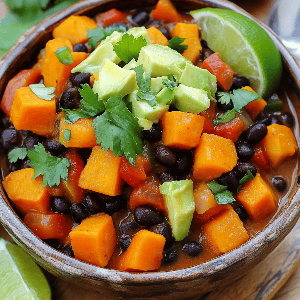 - 2 medium sweet potatoes, peeled and cut into 1/2-inch cubes - 1 can (15 oz) black beans, drained and thoroughly rinsed - 1 can (14 oz) diced tomatoes, including all juices - 1 medium onion, finely chopped - 3 cloves garlic, minced - 1 bell pepper (any color), chopped into bite-sized pieces - 1 cup vegetable broth (low-sodium preferred) - 2 tablespoons olive oil - 1 tablespoon chili powder - 1 teaspoon ground cumin - 1 teaspoon smoked paprika - Sea salt and freshly ground black pepper, to taste - 1 ripe avocado, diced (for topping) - Fresh cilantro leaves, chopped (for garnish) - Lime wedges, for serving Each ingredient plays a key role. Sweet potatoes add a sweet, creamy texture. Black beans bring protein and heartiness. Diced tomatoes provide a juicy base. The onion and garlic add a savory depth. Bell pepper gives a fresh crunch. Vegetable broth ties it all together, while spices like chili powder, cumin, and smoked paprika enhance the flavor. Use sea salt and pepper to balance everything. Toppings make a big difference. Diced avocado adds creaminess and richness. Fresh cilantro gives a burst of freshness. Lime wedges offer a zesty kick. You can also try shredded cheese or sour cream for added flavor. Each topping makes the dish unique, so feel free to mix and match your favorites. For the full recipe, check [Full Recipe]. Start by peeling the sweet potatoes. Cut them into 1/2-inch cubes. This size helps them cook well. Next, chop the onion and bell pepper into small pieces. Mince the garlic cloves finely. These fresh ingredients add a lot of flavor to the chili. In a large pot, heat olive oil over medium heat. Add the chopped onion and bell pepper. Sauté them for 5-7 minutes until soft. Stir in the minced garlic for another minute. Then, add the sweet potatoes. Mix them in well. Sprinkle chili powder, cumin, and smoked paprika on top. Stir to toast the spices for a minute. This step brings out their full flavor. Pour in the diced tomatoes and vegetable broth. Stir to combine everything. Bring the mix to a boil. Once boiling, cover the pot and let it simmer for 25-30 minutes. The sweet potatoes should be tender when done. After that, stir in the black beans and cook for 5 more minutes. Once the chili is ready, it’s time to serve. Ladle the hot chili into bowls. Top each bowl with diced avocado and chopped cilantro. This adds texture and freshness. Squeeze a lime wedge over each serving for a bright flavor boost. For the full recipe, check out the [Full Recipe](#). Enjoy your hearty meal! To get the best taste, start with fresh veggies. Use ripe sweet potatoes and a good onion. Sauté them well to bring out their sweetness. Toast the spices in the pot for a minute before adding liquids. This step is key to deepening the flavor. You can also add a splash of lime juice at the end for brightness. If you like heat, try adding a diced jalapeño or a pinch of cayenne. For a milder chili, skip the spicy peppers. You can also use smoked paprika for a smoky touch without extra heat. Adjust the chili powder based on your taste. Always taste as you cook! You can use a slow cooker or an Instant Pot for this chili. For a slow cooker, combine all the ingredients and cook on low for 6-8 hours. This method makes the flavors blend well. If using an Instant Pot, set it for 10 minutes on high pressure. Both methods yield a delicious meal. Check the [Full Recipe] for detailed instructions and tips for each method. {{image_4}} You can make sweet potato black bean chili even better by adding more veggies. Try corn for a sweet crunch. Zucchini adds softness and a lovely green color. Carrots bring a nice earthiness. Just chop them small and add them at the same time as the sweet potatoes. If you want more protein, think about adding cooked chicken or turkey. Ground beef or sausage also works well, but it changes the dish. You can even use tofu or tempeh for a plant-based option. Just cook the protein first and mix it in. Spice blends can change the whole flavor. If you love heat, try cayenne pepper or chipotle powder. For a fresh taste, add fresh herbs like basil or oregano. For a smoky kick, smoked chili powder is a great choice. Mix and match to find your favorite blend. For the complete recipe, check out the Full Recipe. Once you finish your chili, let it cool down. Then, store it in an airtight container. It will stay fresh in the fridge for about 4 to 5 days. You can enjoy it for lunch or dinner throughout the week. When you're ready to eat, just take it out and warm it up. If you want to save some for later, freezing is a great option. First, let the chili cool completely. Then, pour it into freezer-safe containers or bags. Leave some space at the top since it may expand. This chili can last about 3 months in the freezer. When you’re ready to eat, just thaw it overnight in the fridge. To reheat, you have a few choices. You can use a microwave or the stove. If using a microwave, heat it in short bursts, stirring in between. If using the stove, pour the chili into a pot and warm it over medium heat. Stir it often until it's hot. You can adjust the thickness by adding a bit of broth if needed. Enjoy your warm, delicious sweet potato black bean chili! If you want to swap sweet potatoes, try using regular potatoes or butternut squash. Both will give a nice texture and flavor. Regular potatoes are starchier, while butternut squash is sweet. Each option makes the chili hearty and tasty. Yes, you can make this chili ahead of time! It tastes even better the next day. Just store it in an airtight container in the fridge. You can keep it for up to four days. Reheat it on the stove or in the microwave until hot. To spice up your chili, add more chili powder or red pepper flakes. You can also toss in diced jalapeños for a fresh kick. If you like hot sauce, a few dashes can do wonders. Adjust the heat to fit your taste! For the full recipe, check out the Spicy Sweet Potato & Black Bean Chili. This blog post covered all you need for a great chili. We explored the ingredients, cooking steps, and tips to enhance flavors. You can use different veggies and spices for variety. Remember to store your chili correctly to keep it fresh. Making chili can be fun and flexible. With the right choices, you’ll impress just about anyone with your dish. Now, grab your ingredients, and start cooking your perfect chili today!