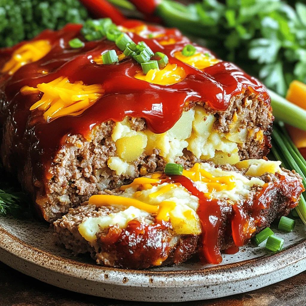 To make Loaded Potato Meatloaf, you need the following items: - 1 ½ pounds ground beef - 1 cup leftover mashed potatoes (preferably cooled) - 1 cup shredded sharp cheddar cheese - 1/2 cup green onions, finely chopped - 1/2 cup milk - 1/2 cup breadcrumbs (plain or seasoned) - 1 large egg, lightly beaten - 2 tablespoons Worcestershire sauce - 1 teaspoon garlic powder - 1 teaspoon onion powder - Salt and pepper to taste - 1/2 cup ketchup (for topping) These ingredients combine to create a savory, comforting dish that everyone will love. You can change the flavor to fit your taste. Consider adding: - Cooked bacon bits for a smoky flavor - Diced bell peppers for crunch - Other cheeses, like mozzarella or pepper jack - Fresh herbs like parsley or thyme for a fresh taste Feel free to mix and match these items to make the meatloaf truly yours. To round out your meal, pair the meatloaf with sides that enhance its flavors. Here are some great ideas: - Steamed broccoli or green beans for a healthy touch - Mashed sweet potatoes for a sweet balance - A fresh garden salad with a light vinaigrette - Garlic bread for a tasty, hearty addition These sides not only complement the meatloaf but also add color and nutrition to your plate. Check out the Full Recipe for complete cooking instructions! Start by preheating your oven to 350°F (175°C). This step warms the oven for baking. Next, take a big mixing bowl. Add the ground beef, leftover mashed potatoes, and shredded cheddar cheese. Include the finely chopped green onions, milk, breadcrumbs, and the beaten egg. Mix in Worcestershire sauce, garlic powder, and onion powder. Don’t forget to season with salt and pepper. Use your hands or a spatula to blend everything well. Aim for no streaks of beef in the mix. Once the mix is ready, transfer it into your greased loaf pan. Use your hands to shape the mixture into a neat loaf. Make sure it’s evenly spread in the pan. For the glaze, mix ketchup with a splash of Worcestershire sauce in a small bowl. This step is optional but adds great flavor. Spread this mixture on top of the meatloaf to create a tasty glaze. Bake the meatloaf in your preheated oven for about one hour. To check if it's done, insert a meat thermometer into the center. It should read 160°F (70°C) for safe eating. After baking, take the meatloaf out and let it rest for about ten minutes. This step helps the juices stay inside, making slicing easier. For a beautiful finish, serve slices garnished with extra cheese and green onions. Enjoy! To get the best texture in your meatloaf, combine your ingredients gently. Too much mixing makes it dense. Use your hands or a fork to blend the meat, potatoes, and spices just until mixed. This keeps the meatloaf tender. Also, make sure your mashed potatoes are cool before adding them. Hot potatoes can change the texture. Having the right tools makes cooking easier. Here are some must-haves for meatloaf: - Mixing bowls: Use a large bowl for mixing. - Loaf pan: A standard loaf pan helps shape the meatloaf. - Meat thermometer: This checks the doneness and ensures safety. - Baking sheet: Place the loaf pan on a sheet to catch drips. Using these tools will help you create a perfect Loaded Potato Meatloaf. Here are some mistakes to watch out for: - Overmixing: This leads to a tough meatloaf. - Skipping the rest time: Letting it rest helps keep juices inside. - Not checking the temperature: Always ensure it reaches 160°F (70°C). - Using hot mashed potatoes: Cool them first to keep texture right. Avoiding these mistakes will help you make a flavorful and moist dish every time. For detailed steps, check the Full Recipe. {{image_4}} You can easily make this meatloaf vegetarian. Start with plant-based ground meat or lentils. Use chickpeas or black beans for texture. Add your leftover mashed potatoes and cheese for flavor. This gives a savory twist while keeping it filling. Adding herbs and spices can change the taste. Try adding rosemary or thyme for depth. A dash of smoked paprika brings smoky notes. You can mix in chopped bell peppers for a fresh crunch. For toppings, consider using BBQ sauce or a spicy ketchup blend. This adds zing and keeps things exciting. Experiment with different cheeses for fun flavors. Creamy mozzarella or tangy feta can work well. You can add vegetables like spinach or mushrooms. Chopped spinach gives color and nutrition. Diced mushrooms add an earthy taste. These tweaks can make your loaded potato meatloaf unique and delicious. For more details, check out the Full Recipe. After enjoying your loaded potato meatloaf, store leftovers properly. Let the meatloaf cool down first. Wrap it tightly in plastic wrap or aluminum foil. You can also place it in an airtight container. This keeps it fresh and prevents odors from other foods in the fridge. Stored this way, your meatloaf lasts about 3 to 4 days in the fridge. When you’re ready to enjoy the leftovers, reheating is key. Preheat your oven to 350°F (175°C). Place slices of meatloaf in a baking dish. Cover the dish with aluminum foil to keep moisture in. Heat for about 20 minutes or until warm. If you prefer, you can also use the microwave. Just add a splash of water to keep it moist. Heat on medium power for 1 to 2 minutes. To save your loaded potato meatloaf for later, freezing is a great option. Slice the meatloaf before freezing for easy portions. Wrap each slice in plastic wrap, then put them in a freezer bag. Be sure to remove as much air as possible. This helps prevent freezer burn. Your meatloaf can stay fresh for up to 3 months in the freezer. Thaw it overnight in the fridge before reheating. Enjoy that comforting taste anytime! Yes, you can use fresh potatoes. Just cook and mash them first. Make sure they are smooth and creamy. This will help the meatloaf stay moist. Fresh potatoes may add a different texture, but they will still taste good. If you want to keep it simple, leftover mashed potatoes work best. To check if the meatloaf is done, use a meat thermometer. Insert it into the center of the loaf. It should read 160°F (70°C). If you don't have a thermometer, you can cut into the meatloaf. The inside should not be pink, and the juices should run clear. Let it rest for 10 minutes before slicing. This helps keep the juices in. If you need a substitute for breadcrumbs, try crushed crackers or oats. Both options work well. You can also use ground nuts for a gluten-free choice. Just remember to adjust the amount if needed. Each substitute can change the taste slightly, but they will still hold the meatloaf together. This blog post covered all you need for the perfect Loaded Potato Meatloaf. You learned about key ingredients, tips for cooking, and how to store leftovers. I shared ways to customize the dish and avoid common mistakes. With these steps and ideas, your meatloaf will impress everyone. Remember, practice makes perfect. Enjoy experimenting with flavors and sides. Happy cooking!