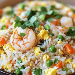 - 2 cups cooked jasmine rice (preferably cold) - 1 cup medium shrimp, peeled and deveined - 2 tablespoons vegetable oil (divided) - 2 large eggs, beaten - 1 cup mixed vegetables (peas, diced carrots, corn) - 3 green onions, sliced (reserve the green tops separately) - 3 garlic cloves, minced - 2 tablespoons low-sodium soy sauce - 1 tablespoon oyster sauce (optional for extra flavor) - 1 teaspoon sesame oil - Salt and pepper to taste - Fresh cilantro for garnish (optional) To make great shrimp fried rice, focus on using cooked jasmine rice. Cooked rice should be cold for the best texture. This helps keep the grains separate. If you use fresh rice, it can become mushy. For the shrimp, it's best to choose medium-sized shrimp. Peel and devein them before cooking. This makes them easy to eat and helps them cook evenly. Sauces bring the dish to life. Low-sodium soy sauce adds umami flavor without too much salt. You can use oyster sauce for extra flavor, but it's not a must. Sesame oil gives a nice nutty taste to the rice. - Fresh cilantro - Lime wedges - Sliced chili for heat Garnishes can make your dish pop. Fresh cilantro adds a burst of color and flavor. Lime wedges give a tangy kick when squeezed over the rice. If you like spice, sliced chili can add some heat. These garnishes enhance the meal and make it more fun to eat. For the complete recipe, check out the Full Recipe. 1. Marinate shrimp and scramble eggs: Start by marinating your shrimp. In a bowl, add a pinch of salt and pepper to the peeled and deveined shrimp. Let it sit while you prepare the other ingredients. This enhances the shrimp's flavor. Next, heat 1 tablespoon of vegetable oil in a large skillet. Pour in the beaten eggs, cooking them until they are set. Then, remove the scrambled eggs and set them aside. 2. Sauté vegetables and add rice: In the same skillet, add the remaining tablespoon of oil. Toss in the minced garlic and white parts of the green onions. Sauté for about 30 seconds. Then, add your mixed vegetables and cook them until bright and tender. Now, add your cold jasmine rice. Break up any clumps with a spatula to mix everything well. - How to achieve perfectly cooked shrimp: Cook the marinated shrimp in the hot skillet for about 2-3 minutes. Stir occasionally until they turn pink and firm. Once done, remove the shrimp and set them aside with the scrambled eggs. This method ensures your shrimp stay juicy and tender. - Mixing and flavoring the rice correctly: Pour in the low-sodium soy sauce and optional oyster sauce over the rice. Mix well to coat all the rice evenly. Gently fold in the scrambled eggs and cooked shrimp, stirring until everything is heated through. Drizzle sesame oil on top before serving. This adds a nice nutty flavor. - Presentation tips for an appealing dish: Serve the shrimp fried rice in individual bowls or plates. Garnish with the green tops of the green onions and a sprig of fresh cilantro. A lime wedge adds color and a zesty touch. - Best accompaniments or side dishes: Pair your fried rice with a light soup or a fresh salad. These sides balance the meal and add freshness. You can also consider serving it with a simple cucumber salad for a refreshing crunch. To get the best taste in your shrimp fried rice, always use cold rice. Cold rice has a firmer texture. It helps avoid clumps when you stir-fry it. Freshly cooked rice can be too soft and sticky. This can lead to a mushy dish. Using a wok is key for good shrimp fried rice. The high heat from a wok quickly cooks the shrimp and veggies. This keeps them crisp and flavorful. Stir-frying in a wok allows for even cooking and great flavor. One big mistake is overcooking the shrimp. Shrimp only needs a few minutes to cook. If you cook them too long, they become rubbery and tough. You want them tender and pink. Another common issue is soggy rice. This problem often comes from using warm or fresh rice. It may create a sticky mess. Stick to cold rice for the best results. For this recipe, a good skillet or wok is important. Non-stick skillets can work, but a wok is best. It allows for better heat distribution and cooking. You will also need some essential utensils, like a spatula and a slotted spoon. A spatula helps mix the rice, and a slotted spoon is great for removing shrimp. Having the right tools makes your cooking much easier. For the full recipe and more details, check out the Full Recipe section. {{image_4}} You can easily switch shrimp for chicken or tofu. Chicken adds a hearty taste, while tofu is great for a vegetarian meal. Just cook chicken until it’s no longer pink or sauté tofu until golden. Both options work well with the same spices and sauces in the recipe. Feel free to mix in seasonal vegetables. Fresh broccoli, bell peppers, or snap peas can add color and crunch. You can also try adding mushrooms for a rich flavor or baby corn for a fun twist. These additions can really enhance your dish. Explore local substitutes for sauces. If soy sauce is hard to find, you can use tamari or coconut aminos. For a unique twist, try adding a local hot sauce or a different kind of oil. This way, your shrimp fried rice reflects your local taste and ingredients. For the full recipe, check out [Full Recipe]. When you have leftover shrimp fried rice, store it in an airtight container. Make sure it cools down first. Place it in the fridge within two hours of cooking. This keeps the rice fresh and safe to eat. For freezing, divide the rice into smaller portions. Use freezer-safe bags or containers. Remove as much air as possible before sealing. This helps prevent freezer burn. To reheat, use a skillet over medium heat. Add a splash of water or oil. This helps keep the rice moist. Stir it often until heated through. You can also use a microwave. Place the rice in a bowl, cover it with a damp paper towel, and heat for 1-2 minutes. To avoid mushy rice, don’t overheat it. Stirring helps keep the texture right. In the fridge, shrimp fried rice lasts about 3-4 days. Always check for signs of spoilage. Look for any off smells or discoloration. If you see mold, throw it away. Trust your senses; if it seems off, don’t eat it. Enjoy your shrimp fried rice fresh for the best taste! For the full recipe, check out Shrimp Fried Rice Delight. You can use a large skillet instead of a wok. A skillet works well to stir and fry the rice. If you have a non-stick pan, that’s even better. Heat the pan over medium heat. Add the oil, then follow the steps in the Full Recipe for shrimp fried rice. Yes, using day-old rice is a great idea! Day-old rice is drier and firmer. This helps the grains separate during cooking. Freshly cooked rice can become mushy. Day-old rice absorbs flavors better too. It gives your fried rice a nice texture. If you want an alternative to oyster sauce, try soy sauce or hoisin sauce. Soy sauce adds saltiness and umami. Hoisin sauce brings a sweet and thick flavor. You can also mix soy sauce with a bit of sugar. This gives a similar taste to oyster sauce. In this post, we explored how to make delicious Chinese-style shrimp fried rice. We discussed key ingredients and shared step-by-step instructions. Important tips helped you avoid common mistakes for the best flavor. I also offered ideas for variations and ways to store leftovers. Now, you're ready to create a tasty dish. With a few simple steps, you can impress yourself and others. Enjoy experimenting with flavors and making this dish your own. Happy cooking!