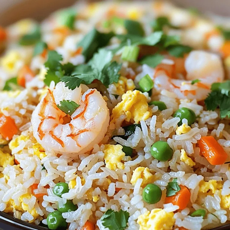 - 2 cups cooked jasmine rice (preferably cold) - 1 cup medium shrimp, peeled and deveined - 2 tablespoons vegetable oil (divided) - 2 large eggs, beaten - 1 cup mixed vegetables (peas, diced carrots, corn) - 3 green onions, sliced (reserve the green tops separately) - 3 garlic cloves, minced - 2 tablespoons low-sodium soy sauce - 1 tablespoon oyster sauce (optional for extra flavor) - 1 teaspoon sesame oil - Salt and pepper to taste - Fresh cilantro for garnish (optional) To make great shrimp fried rice, focus on using cooked jasmine rice. Cooked rice should be cold for the best texture. This helps keep the grains separate. If you use fresh rice, it can become mushy. For the shrimp, it's best to choose medium-sized shrimp. Peel and devein them before cooking. This makes them easy to eat and helps them cook evenly. Sauces bring the dish to life. Low-sodium soy sauce adds umami flavor without too much salt. You can use oyster sauce for extra flavor, but it's not a must. Sesame oil gives a nice nutty taste to the rice. - Fresh cilantro - Lime wedges - Sliced chili for heat Garnishes can make your dish pop. Fresh cilantro adds a burst of color and flavor. Lime wedges give a tangy kick when squeezed over the rice. If you like spice, sliced chili can add some heat. These garnishes enhance the meal and make it more fun to eat. For the complete recipe, check out the Full Recipe. 1. Marinate shrimp and scramble eggs: Start by marinating your shrimp. In a bowl, add a pinch of salt and pepper to the peeled and deveined shrimp. Let it sit while you prepare the other ingredients. This enhances the shrimp's flavor. Next, heat 1 tablespoon of vegetable oil in a large skillet. Pour in the beaten eggs, cooking them until they are set. Then, remove the scrambled eggs and set them aside. 2. Sauté vegetables and add rice: In the same skillet, add the remaining tablespoon of oil. Toss in the minced garlic and white parts of the green onions. Sauté for about 30 seconds. Then, add your mixed vegetables and cook them until bright and tender. Now, add your cold jasmine rice. Break up any clumps with a spatula to mix everything well. - How to achieve perfectly cooked shrimp: Cook the marinated shrimp in the hot skillet for about 2-3 minutes. Stir occasionally until they turn pink and firm. Once done, remove the shrimp and set them aside with the scrambled eggs. This method ensures your shrimp stay juicy and tender. - Mixing and flavoring the rice correctly: Pour in the low-sodium soy sauce and optional oyster sauce over the rice. Mix well to coat all the rice evenly. Gently fold in the scrambled eggs and cooked shrimp, stirring until everything is heated through. Drizzle sesame oil on top before serving. This adds a nice nutty flavor. - Presentation tips for an appealing dish: Serve the shrimp fried rice in individual bowls or plates. Garnish with the green tops of the green onions and a sprig of fresh cilantro. A lime wedge adds color and a zesty touch. - Best accompaniments or side dishes: Pair your fried rice with a light soup or a fresh salad. These sides balance the meal and add freshness. You can also consider serving it with a simple cucumber salad for a refreshing crunch. To get the best taste in your shrimp fried rice, always use cold rice. Cold rice has a firmer texture. It helps avoid clumps when you stir-fry it. Freshly cooked rice can be too soft and sticky. This can lead to a mushy dish. Using a wok is key for good shrimp fried rice. The high heat from a wok quickly cooks the shrimp and veggies. This keeps them crisp and flavorful. Stir-frying in a wok allows for even cooking and great flavor. One big mistake is overcooking the shrimp. Shrimp only needs a few minutes to cook. If you cook them too long, they become rubbery and tough. You want them tender and pink. Another common issue is soggy rice. This problem often comes from using warm or fresh rice. It may create a sticky mess. Stick to cold rice for the best results. For this recipe, a good skillet or wok is important. Non-stick skillets can work, but a wok is best. It allows for better heat distribution and cooking. You will also need some essential utensils, like a spatula and a slotted spoon. A spatula helps mix the rice, and a slotted spoon is great for removing shrimp. Having the right tools makes your cooking much easier. For the full recipe and more details, check out the Full Recipe section. {{image_4}} You can easily switch shrimp for chicken or tofu. Chicken adds a hearty taste, while tofu is great for a vegetarian meal. Just cook chicken until it’s no longer pink or sauté tofu until golden. Both options work well with the same spices and sauces in the recipe. Feel free to mix in seasonal vegetables. Fresh broccoli, bell peppers, or snap peas can add color and crunch. You can also try adding mushrooms for a rich flavor or baby corn for a fun twist. These additions can really enhance your dish. Explore local substitutes for sauces. If soy sauce is hard to find, you can use tamari or coconut aminos. For a unique twist, try adding a local hot sauce or a different kind of oil. This way, your shrimp fried rice reflects your local taste and ingredients. For the full recipe, check out [Full Recipe]. When you have leftover shrimp fried rice, store it in an airtight container. Make sure it cools down first. Place it in the fridge within two hours of cooking. This keeps the rice fresh and safe to eat. For freezing, divide the rice into smaller portions. Use freezer-safe bags or containers. Remove as much air as possible before sealing. This helps prevent freezer burn. To reheat, use a skillet over medium heat. Add a splash of water or oil. This helps keep the rice moist. Stir it often until heated through. You can also use a microwave. Place the rice in a bowl, cover it with a damp paper towel, and heat for 1-2 minutes. To avoid mushy rice, don’t overheat it. Stirring helps keep the texture right. In the fridge, shrimp fried rice lasts about 3-4 days. Always check for signs of spoilage. Look for any off smells or discoloration. If you see mold, throw it away. Trust your senses; if it seems off, don’t eat it. Enjoy your shrimp fried rice fresh for the best taste! For the full recipe, check out Shrimp Fried Rice Delight. You can use a large skillet instead of a wok. A skillet works well to stir and fry the rice. If you have a non-stick pan, that’s even better. Heat the pan over medium heat. Add the oil, then follow the steps in the Full Recipe for shrimp fried rice. Yes, using day-old rice is a great idea! Day-old rice is drier and firmer. This helps the grains separate during cooking. Freshly cooked rice can become mushy. Day-old rice absorbs flavors better too. It gives your fried rice a nice texture. If you want an alternative to oyster sauce, try soy sauce or hoisin sauce. Soy sauce adds saltiness and umami. Hoisin sauce brings a sweet and thick flavor. You can also mix soy sauce with a bit of sugar. This gives a similar taste to oyster sauce. In this post, we explored how to make delicious Chinese-style shrimp fried rice. We discussed key ingredients and shared step-by-step instructions. Important tips helped you avoid common mistakes for the best flavor. I also offered ideas for variations and ways to store leftovers. Now, you're ready to create a tasty dish. With a few simple steps, you can impress yourself and others. Enjoy experimenting with flavors and making this dish your own. Happy cooking!
