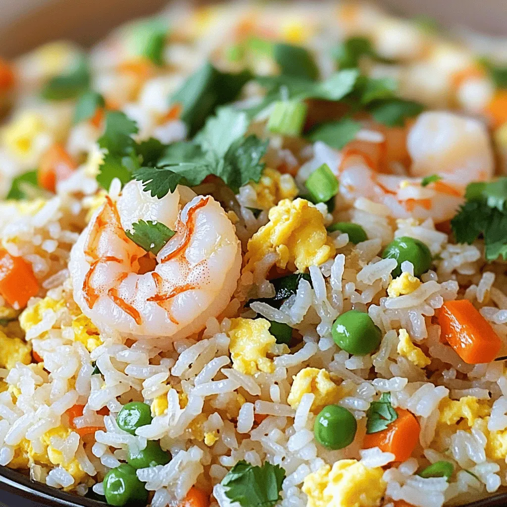 - 2 cups cooked jasmine rice (preferably cold) - 1 cup medium shrimp, peeled and deveined - 2 tablespoons vegetable oil (divided) - 2 large eggs, beaten - 1 cup mixed vegetables (peas, diced carrots, corn) - 3 green onions, sliced (reserve the green tops separately) - 3 garlic cloves, minced - 2 tablespoons low-sodium soy sauce - 1 tablespoon oyster sauce (optional for extra flavor) - 1 teaspoon sesame oil - Salt and pepper to taste - Fresh cilantro for garnish (optional) To make great shrimp fried rice, focus on using cooked jasmine rice. Cooked rice should be cold for the best texture. This helps keep the grains separate. If you use fresh rice, it can become mushy. For the shrimp, it's best to choose medium-sized shrimp. Peel and devein them before cooking. This makes them easy to eat and helps them cook evenly. Sauces bring the dish to life. Low-sodium soy sauce adds umami flavor without too much salt. You can use oyster sauce for extra flavor, but it's not a must. Sesame oil gives a nice nutty taste to the rice. - Fresh cilantro - Lime wedges - Sliced chili for heat Garnishes can make your dish pop. Fresh cilantro adds a burst of color and flavor. Lime wedges give a tangy kick when squeezed over the rice. If you like spice, sliced chili can add some heat. These garnishes enhance the meal and make it more fun to eat. For the complete recipe, check out the Full Recipe. 1. Marinate shrimp and scramble eggs: Start by marinating your shrimp. In a bowl, add a pinch of salt and pepper to the peeled and deveined shrimp. Let it sit while you prepare the other ingredients. This enhances the shrimp's flavor. Next, heat 1 tablespoon of vegetable oil in a large skillet. Pour in the beaten eggs, cooking them until they are set. Then, remove the scrambled eggs and set them aside. 2. Sauté vegetables and add rice: In the same skillet, add the remaining tablespoon of oil. Toss in the minced garlic and white parts of the green onions. Sauté for about 30 seconds. Then, add your mixed vegetables and cook them until bright and tender. Now, add your cold jasmine rice. Break up any clumps with a spatula to mix everything well. - How to achieve perfectly cooked shrimp: Cook the marinated shrimp in the hot skillet for about 2-3 minutes. Stir occasionally until they turn pink and firm. Once done, remove the shrimp and set them aside with the scrambled eggs. This method ensures your shrimp stay juicy and tender. - Mixing and flavoring the rice correctly: Pour in the low-sodium soy sauce and optional oyster sauce over the rice. Mix well to coat all the rice evenly. Gently fold in the scrambled eggs and cooked shrimp, stirring until everything is heated through. Drizzle sesame oil on top before serving. This adds a nice nutty flavor. - Presentation tips for an appealing dish: Serve the shrimp fried rice in individual bowls or plates. Garnish with the green tops of the green onions and a sprig of fresh cilantro. A lime wedge adds color and a zesty touch. - Best accompaniments or side dishes: Pair your fried rice with a light soup or a fresh salad. These sides balance the meal and add freshness. You can also consider serving it with a simple cucumber salad for a refreshing crunch. To get the best taste in your shrimp fried rice, always use cold rice. Cold rice has a firmer texture. It helps avoid clumps when you stir-fry it. Freshly cooked rice can be too soft and sticky. This can lead to a mushy dish. Using a wok is key for good shrimp fried rice. The high heat from a wok quickly cooks the shrimp and veggies. This keeps them crisp and flavorful. Stir-frying in a wok allows for even cooking and great flavor. One big mistake is overcooking the shrimp. Shrimp only needs a few minutes to cook. If you cook them too long, they become rubbery and tough. You want them tender and pink. Another common issue is soggy rice. This problem often comes from using warm or fresh rice. It may create a sticky mess. Stick to cold rice for the best results. For this recipe, a good skillet or wok is important. Non-stick skillets can work, but a wok is best. It allows for better heat distribution and cooking. You will also need some essential utensils, like a spatula and a slotted spoon. A spatula helps mix the rice, and a slotted spoon is great for removing shrimp. Having the right tools makes your cooking much easier. For the full recipe and more details, check out the Full Recipe section. {{image_4}} You can easily switch shrimp for chicken or tofu. Chicken adds a hearty taste, while tofu is great for a vegetarian meal. Just cook chicken until it’s no longer pink or sauté tofu until golden. Both options work well with the same spices and sauces in the recipe. Feel free to mix in seasonal vegetables. Fresh broccoli, bell peppers, or snap peas can add color and crunch. You can also try adding mushrooms for a rich flavor or baby corn for a fun twist. These additions can really enhance your dish. Explore local substitutes for sauces. If soy sauce is hard to find, you can use tamari or coconut aminos. For a unique twist, try adding a local hot sauce or a different kind of oil. This way, your shrimp fried rice reflects your local taste and ingredients. For the full recipe, check out [Full Recipe]. When you have leftover shrimp fried rice, store it in an airtight container. Make sure it cools down first. Place it in the fridge within two hours of cooking. This keeps the rice fresh and safe to eat. For freezing, divide the rice into smaller portions. Use freezer-safe bags or containers. Remove as much air as possible before sealing. This helps prevent freezer burn. To reheat, use a skillet over medium heat. Add a splash of water or oil. This helps keep the rice moist. Stir it often until heated through. You can also use a microwave. Place the rice in a bowl, cover it with a damp paper towel, and heat for 1-2 minutes. To avoid mushy rice, don’t overheat it. Stirring helps keep the texture right. In the fridge, shrimp fried rice lasts about 3-4 days. Always check for signs of spoilage. Look for any off smells or discoloration. If you see mold, throw it away. Trust your senses; if it seems off, don’t eat it. Enjoy your shrimp fried rice fresh for the best taste! For the full recipe, check out Shrimp Fried Rice Delight. You can use a large skillet instead of a wok. A skillet works well to stir and fry the rice. If you have a non-stick pan, that’s even better. Heat the pan over medium heat. Add the oil, then follow the steps in the Full Recipe for shrimp fried rice. Yes, using day-old rice is a great idea! Day-old rice is drier and firmer. This helps the grains separate during cooking. Freshly cooked rice can become mushy. Day-old rice absorbs flavors better too. It gives your fried rice a nice texture. If you want an alternative to oyster sauce, try soy sauce or hoisin sauce. Soy sauce adds saltiness and umami. Hoisin sauce brings a sweet and thick flavor. You can also mix soy sauce with a bit of sugar. This gives a similar taste to oyster sauce. In this post, we explored how to make delicious Chinese-style shrimp fried rice. We discussed key ingredients and shared step-by-step instructions. Important tips helped you avoid common mistakes for the best flavor. I also offered ideas for variations and ways to store leftovers. Now, you're ready to create a tasty dish. With a few simple steps, you can impress yourself and others. Enjoy experimenting with flavors and making this dish your own. Happy cooking!
