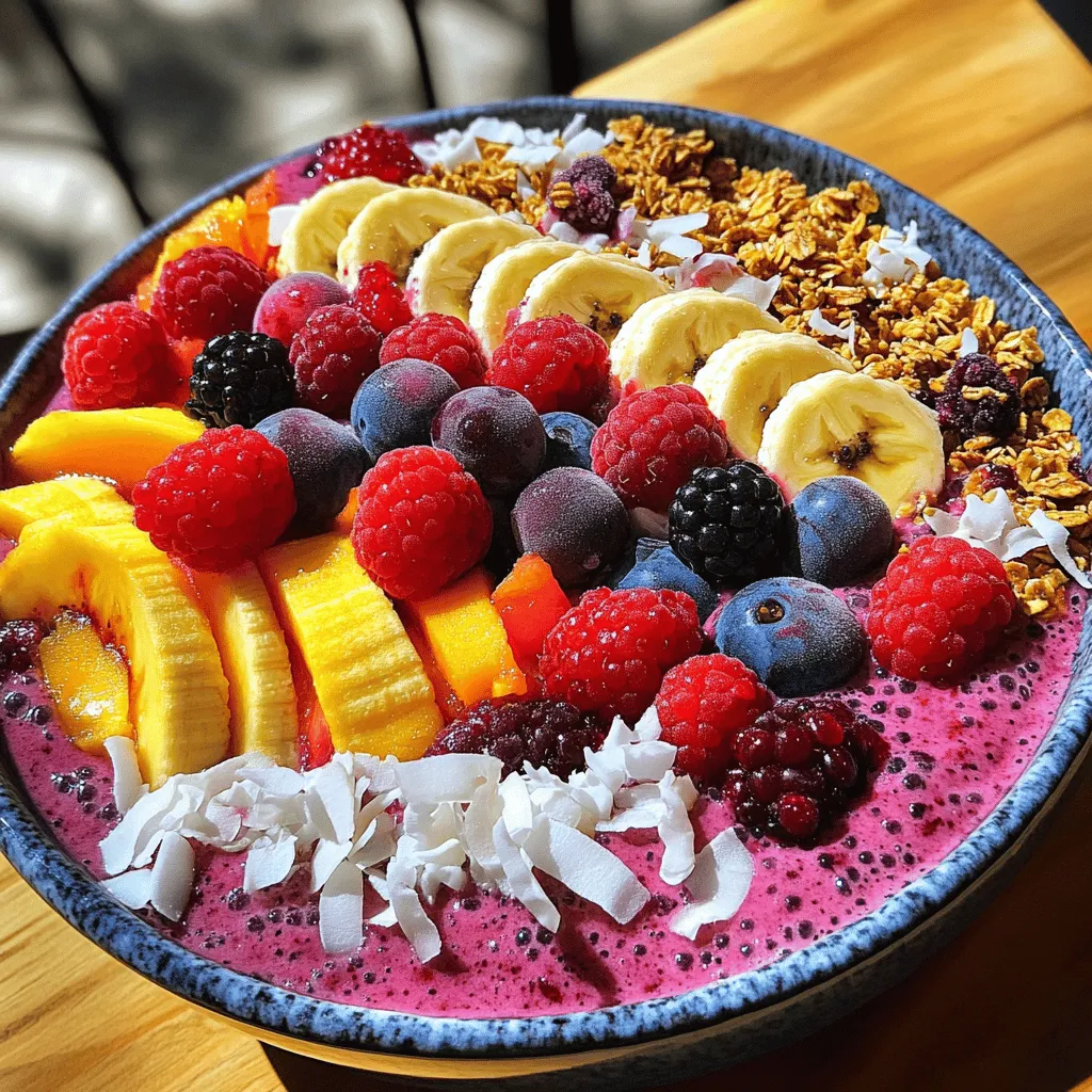 - 1 cup frozen mixed berries - 1 ripe banana - 1 cup unsweetened almond milk - ½ cup Greek yogurt or plant-based alternative - 1 tablespoon chia seeds - Optional: 1 tablespoon honey or maple syrup For this berry smoothie bowl, the main ingredients create a tasty blend. The frozen mixed berries give a sweet and tangy flavor. I love using strawberries, blueberries, and raspberries. They blend well and add great color. The ripe banana adds creaminess and natural sweetness. Almond milk is my go-to for a dairy-free option. Greek yogurt adds protein and a creamy texture. Chia seeds help thicken the mix and add fiber. If you want a sweeter taste, you can add honey or maple syrup. Just mix it in with the other ingredients. It’s easy to adjust the sweetness to fit your taste. - Fresh fruit slices - Crunchy granola - Shredded coconut - Whole berries Toppings make your smoothie bowl fun and nutritious. I like to add fresh fruit slices, like bananas or kiwis. Crunchy granola gives a nice texture. Shredded coconut adds a tropical touch, while whole berries look great on top. Feel free to mix and match toppings to suit your mood. You can also try seeds or nuts for extra crunch and health benefits. - Calories per serving: About 200 - Key vitamins and minerals: Vitamin C, potassium, and calcium - Protein, carb, and fat breakdown: - Protein: 8g - Carbs: 35g - Fat: 5g This berry smoothie bowl is not just tasty; it's also good for you. Each serving has around 200 calories. You get a boost of Vitamin C from the berries, which is great for your immune system. The banana gives you potassium, and the yogurt adds calcium for strong bones. In terms of macronutrients, you get a nice balance. With 8 grams of protein, it keeps you full. The 35 grams of carbs give you energy, while the 5 grams of fat help keep your heart healthy. For a full recipe, check out the Berry Bliss Smoothie Bowl 🥥. Enjoy your healthy treat! 1. In a high-speed blender, combine: - 1 cup frozen mixed berries - 1 ripe banana, sliced - 1 cup unsweetened almond milk - ½ cup Greek yogurt - 1 tablespoon chia seeds - Optional: 1 tablespoon honey or maple syrup 2. Blend on high speed until creamy and smooth. 3. Stop to scrape down the sides for an even mix. - If the smoothie is too thick, add more almond milk. - Blend until you reach your desired thickness. This usually takes about 30 seconds. 1. Pour the smoothie into a large serving bowl. 2. Get creative with toppings! Use: - Fresh fruit slices - Crunchy granola - Shredded coconut - Whole berries 3. Arrange the toppings for a fun look. Serve with a spoon and enjoy! Using frozen berries gives your smoothie bowl a thick and creamy texture. Frozen berries blend easier and chill the smoothie perfectly. Fresh berries work too, but they may make the bowl runny. Choosing the right yogurt is key. A thick yogurt, like Greek yogurt, adds creaminess. If you prefer a lighter mix, use regular yogurt or a plant-based option. Adjust the amount based on your taste. Add superfoods to boost nutrition. Chia seeds offer fiber and omega-3s. Protein powders can also make your bowl filling. Choose a flavor that blends well with berries. For sweetness, use ripe bananas or dates instead of added sugar. They give a natural sweetness without extra calories. You can also try a splash of pure vanilla extract for extra flavor. A high-speed blender is essential for a smooth mix. Look for one with a strong motor to handle frozen fruit. When it comes to bowls, choose wide ones for easy topping placement. Shallow bowls make it simple to enjoy each bite. Essential gadgets include measuring cups for precise ingredient amounts and a spatula to scrape the blender clean. These tools help make your smoothie bowl prep smooth and easy. For the full recipe of the Berry Bliss Smoothie Bowl, check the recipe section above. {{image_4}} For a vegan berry smoothie bowl, swap the Greek yogurt. Use a plant-based yogurt instead. Almond milk works great, but any nut or oat milk is fine. You can also add nut butter for creaminess and flavor. Try cashew or coconut yogurt for a richer taste. This makes your bowl creamy and delicious without any dairy. To keep your smoothie bowl keto-friendly, change some ingredients. Use unsweetened coconut milk instead of almond milk. Replace the banana with avocado for healthy fats. You can also skip the honey or maple syrup. This keeps carbs low while still tasting great. Add seeds or nuts for extra crunch without the carbs. Using seasonal berries can change your smoothie bowl game. In spring and summer, use fresh strawberries, blueberries, and raspberries. In fall, consider adding pumpkin puree or spices like cinnamon. Winter allows for frozen berries, which are still nutritious. Top with seasonal fruits like pomegranate seeds or slices of kiwi for a fresh twist. This keeps your smoothie bowl exciting all year round. To keep your smoothie bowl fresh, store it in the fridge. Use an airtight container. Smoothie bowls taste best within 24 hours. If you have leftovers, seal them tightly. You can keep them in the fridge for up to two days. If you want to save it for longer, freeze it. Pour the smoothie into freezer-safe containers. Leave some space at the top for expansion. Smoothie bowls can last up to two months in the freezer. Choose the right container for storage. I recommend using airtight containers. They keep your smoothie bowl fresh and tasty. You can use glass jars or plastic bowls. Glass jars are great for easy viewing. They also help keep flavors locked in. Plastic bowls are lightweight and easy to store. Both options work well, so pick what you like best. Have extra berries or yogurt? Don’t let them go to waste! You can make quick snacks or meals. Mix leftover berries into oatmeal for breakfast. Blend yogurt with fruit for a smoothie. Use berries in salads for a fresh taste. You could also make yogurt parfaits. Layer yogurt, granola, and berries for a fun treat. These ideas help cut down on waste while enjoying tasty meals. To make your smoothie bowl thicker, adjust your ingredient ratios. Start with less liquid, like almond milk. Use more frozen berries or banana for a creamier texture. You can also add chia seeds. They soak up liquid and help thicken the mix. Blend everything until smooth. If it's still too thin, add more frozen fruit. The best berries are strawberries, blueberries, and raspberries. These berries pack a nutritional punch. Strawberries are high in vitamin C, while blueberries boost heart health. Raspberries are great for fiber. Each berry adds flavor and color to your smoothie bowl. You can mix and match them for a tasty treat. Yes, you can prepare a smoothie bowl in advance. Make the base and store it in the fridge for up to two days. Keep it in a sealed container to prevent browning. Add toppings just before serving to keep them fresh. This way, you save time and still enjoy a quick breakfast. Yes, you can use non-dairy yogurt. Plant-based yogurt options are great for those who avoid dairy. Almond, coconut, and soy yogurts are popular choices. They add creaminess without dairy. Plus, they often have probiotics, which are good for digestion. The Berry Bliss Smoothie Bowl recipe makes two servings. You can easily adjust the recipe for more or fewer servings. Just double or halve the ingredients as needed. Each bowl is perfect for sharing or enjoying solo. Making a berry smoothie bowl is simple and fun. We covered key ingredients, like frozen berries and bananas, to create a tasty blend. You learned how to prepare the base, adjust its thickness, and present it attractively. With tips on nutrition and variations, you can customize your bowl any way you like. Remember, you can store leftovers easily for later. Now, it’s your turn to enjoy a delicious, healthy treat that fits your needs! Dig in and get creative with your toppings!
