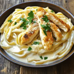 - 2 boneless, skinless chicken breasts - 8 ounces fettuccine pasta - 1 tablespoon extra virgin olive oil - 1 cup heavy cream - 1 cup freshly grated Parmesan cheese For a rich and creamy Chicken Alfredo, start with the basic ingredients. Select fresh, quality chicken breasts. They hold flavor well and cook nicely. Fettuccine pasta is the best choice here. Its wide shape holds the sauce perfectly. Heavy cream gives the dish its dreamy texture. Parmesan cheese adds a nutty, salty flavor. Freshly grated cheese melts better than pre-packaged options, so choose wisely. - 3 cloves garlic, finely minced - ½ teaspoon Italian seasoning - Salt and freshly cracked pepper to taste - Fresh parsley, chopped (for a vibrant garnish) Seasoning elevates the taste of your Chicken Alfredo. Garlic adds a lovely aroma and depth. Italian seasoning brings warmth and a hint of earthiness. Use salt and pepper to enhance all the flavors. Finally, fresh parsley adds a pop of color and freshness. It makes your dish look and taste even better. For a complete cooking experience, check out the Full Recipe. You’ll love how simple it is to make this classic dish. - Begin by bringing a large pot of salted water to a boil. - Once the water is boiling, add the fettuccine. Cook it until al dente, as per the package instructions. - Before draining, reserve 1 cup of the pasta cooking water. This water can help adjust your sauce later. Drain the pasta and set it aside. - Season both sides of the chicken breasts. Use salt, pepper, and Italian seasoning for great flavor. - Heat olive oil in a large skillet over medium-high heat. Once hot, add the seasoned chicken. - Cook the chicken for 6-7 minutes on each side. Look for a golden brown color and a temperature of 165°F. Remove the chicken and let it rest for a few minutes. Then, slice it thinly. - In the same skillet, add minced garlic. Sauté it for about 1 minute until fragrant. - Carefully pour in the heavy cream, mixing it with the garlic. Let it simmer for 2-3 minutes while stirring. - Gradually whisk in the Parmesan cheese. This will melt into the sauce, creating a rich texture. If the sauce thickens too much, add some reserved pasta water to reach your desired consistency. - Add the drained fettuccine to the skillet with the sauce. Toss gently to coat the pasta well. - Next, include the sliced chicken and mix gently to combine everything. - For serving tips, use a wide bowl or plate. Garnish with fresh parsley and more grated Parmesan for a beautiful finish. Using freshly grated Parmesan is key. Pre-grated cheese may not melt well. It can clump and ruin your sauce's smooth texture. Fresh cheese gives a rich, creamy flavor that you’ll love. To balance sauce consistency, keep reserved pasta water handy. After cooking, set aside a cup of this water. If your sauce gets too thick, gradually mix in some water. This will help you reach that perfect creamy texture. Make sure your chicken is fully cooked. Use a meat thermometer to check for doneness. The internal temperature should be 165°F (75°C). This ensures safety and great flavor. For tender, juicy chicken, let it rest after cooking. This lets the juices redistribute, making each bite moist. You can also pound the chicken breasts to an even thickness before cooking. This helps them cook evenly and stay juicy. Garnishing makes your dish look appealing. Sprinkle freshly chopped parsley on top for a pop of color. You can also add extra grated Parmesan for a rich touch. For the best dining experience, serve Chicken Alfredo in a wide, shallow bowl. This allows the sauce to spread out, making it look inviting. A light dusting of cracked black pepper adds a nice contrast and enhances flavor. For the full recipe, check out the details again! {{image_4}} When you cook Classic Chicken Alfredo, you can make it your own. Here are some fun ways to change it up. You can use whole wheat or gluten-free pasta. Whole wheat adds fiber and a nutty taste. Gluten-free pasta gives options for those with gluten issues. For a lighter version, swap heavy cream for a mix of Greek yogurt and low-fat milk. This change keeps the creaminess but cuts calories. Add some veggies like spinach or broccoli. They provide color and nutrients. You can also use shrimp instead of chicken. Shrimp cooks quickly and adds a nice flavor. Don't be afraid to experiment with different proteins. Each choice brings a new twist to your dish. You can change spices to fit your taste. Use Italian spices for a classic flavor. If you prefer American comfort flavors, try adding garlic powder or onion powder. If you need to adapt for different diets, consider using plant-based cream or cheese. This way, everyone can enjoy your dish! Store your Chicken Alfredo in airtight containers. Glass or plastic containers work well. It keeps fresh in the fridge for up to three days. To reheat, use the stove or microwave. If using the stove, add a splash of water. This helps keep the pasta moist. For the microwave, heat in short bursts. Stir often to avoid drying out the dish. To refresh the sauce, whisk in a bit of cream or reserved pasta water. This will bring back its creamy texture. For freezing, portion out the Chicken Alfredo. Use freezer-safe containers or bags. Make sure to squeeze out any air to avoid freezer burn. It can last up to three months in the freezer. When ready to eat, thaw overnight in the fridge. Reheat gently on the stove or in the microwave for the best taste. Chicken Alfredo comes from Italy. The dish started in the early 1900s. It is named after Alfredo di Lelio, who created it in Rome. The original recipe used only fettuccine, butter, and Parmigiano cheese. Over time, Americans added chicken and cream. This made it richer and creamier. Today, Chicken Alfredo is a favorite in many homes. To make Chicken Alfredo vegetarian, replace chicken with vegetables. You can use mushrooms, zucchini, or spinach. Tofu is also a great protein substitute. For pasta, choose whole wheat or gluten-free options. Use vegetable broth for added flavor in the sauce. These swaps keep the dish tasty and satisfying. Chicken Alfredo pairs well with light side dishes. Consider a simple green salad with vinaigrette. Garlic bread is also a popular choice. You can add roasted vegetables for extra nutrition. For a refreshing drink, serve sparkling water with lemon. These sides complete your meal nicely. Yes, you can make Chicken Alfredo ahead of time. Prepare the pasta and sauce separately. Store them in airtight containers in the fridge. When ready to eat, reheat gently on the stove. Add a splash of reserved pasta water to refresh the sauce. This keeps it creamy and delicious. For the full recipe, check out the Creamy Chicken Alfredo Delight. In this blog post, I shared the key ingredients for a classic Chicken Alfredo. We explored the steps to cook the pasta, prepare the chicken, and make the sauce. I offered tips for perfecting the dish and creative variations to try. Remember, cooking should be fun and adaptable. Use fresh ingredients, and don't be afraid to experiment. With a little practice, you can master Chicken Alfredo and impress your family and friends. Enjoy your culinary journey!