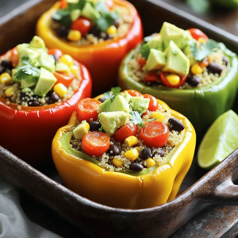 - 4 large bell peppers (any color) - 1 cup quinoa, thoroughly rinsed - 2 cups vegetable broth (or water) - 1 can (15 oz) black beans, thoroughly rinsed and drained - 1 cup corn kernels (fresh or frozen) - 1 cup cherry tomatoes, halved - 1 teaspoon ground cumin - 1 teaspoon smoked paprika - 1 teaspoon granulated garlic powder - Salt and pepper to taste I love how vibrant these stuffed bell peppers look. You can use any color you like, such as red, green, yellow, or orange. Each adds its own charm. I recommend using quinoa as the base. It’s light and fluffy, plus it packs a lot of protein. Always rinse it well to remove any bitterness. Next, black beans and corn make the filling hearty and satisfying. They also bring in great textures. I enjoy adding halved cherry tomatoes for a juicy bite that complements the peppers perfectly. For taste, I use ground cumin, smoked paprika, and garlic powder. These spices add a warm and smoky flavor. Adjust salt and pepper according to your taste. This mix creates a delicious filling that you will want to eat on its own! You can find the full recipe detailed in the sections that follow. This way, you can create your own tasty and wholesome vegan stuffed bell peppers! - Preheat your oven to 375°F (190°C). - Slice off the tops and remove seeds and membranes. Preparing the bell peppers is simple. First, you want to preheat your oven. This step is important for even cooking later. Next, take your bell peppers. Cut off the tops and scoop out the seeds. Make sure they are clean inside. This gives you a nice space to fill with your tasty mixture. - Combine rinsed quinoa and vegetable broth in a saucepan. - Bring to a boil, then simmer and cover for about 15 minutes. Cooking quinoa is easy. Rinse it well to remove any bitter taste. Then, put the quinoa in a saucepan with vegetable broth. Bring this to a boil. Once it boils, lower the heat and cover it. Let it cook for about 15 minutes, or until all the liquid is gone. This will make the quinoa fluffy and ready for mixing. - Mix cooked quinoa with black beans, corn, cherry tomatoes, and seasonings in a large bowl. - Fill each bell pepper with the quinoa mixture. Now we make the filling. In a large bowl, combine the cooked quinoa with black beans, corn, and halved cherry tomatoes. Add ground cumin, smoked paprika, and garlic powder. Don’t forget to add salt and pepper to taste. Mix everything well. Once mixed, take a spoon and fill each bell pepper with this delicious quinoa mixture. Pack it in lightly so it stays stable. - Add vegetable broth to the baking dish, cover with foil, and bake for 25 minutes. - Remove foil and bake for an additional 10-15 minutes until tender. To bake, pour a little vegetable broth into the bottom of your baking dish. This helps steam the peppers. Then, cover the dish with foil. Bake in your preheated oven for 25 minutes. After that, carefully take off the foil and bake for another 10-15 minutes. This will make the peppers tender and slightly charred. Enjoy the wonderful aroma filling your kitchen during this time. For the full recipe, check the previous section. - Look for firm, brightly colored peppers without blemishes. - Choose a mix of colors for a beautiful dish. - Red, yellow, and green bell peppers each add unique taste. - Rinse quinoa thoroughly to remove bitterness. - Use vegetable broth instead of water for more flavor. - Cook quinoa until it is fluffy and all liquid is gone. - Top each stuffed pepper with diced avocado for creaminess. - Sprinkle fresh cilantro for a burst of flavor. - Serve with lime wedges to add a zesty kick. These tips help you create a delightful vegan meal. Check out the Full Recipe for the complete cooking guide. {{image_4}} You can switch out black beans for cooked quinoa. Quinoa adds a nutty flavor. It makes the peppers light yet filling. Mix the quinoa with herbs for extra taste. Try using parsley or cilantro. This gives a fresh twist to the classic dish. Lentils are another great option. They are high in protein and fiber. Use cooked lentils in place of beans. They create a hearty filling. Plus, lentils offer a nice texture. This change adds a new flavor profile to the peppers. Want a cheesy taste? Add nutritional yeast to your filling. It gives a savory, cheesy flavor without dairy. You can also try different herbs. Basil and oregano work well. They add depth and aroma to the dish. Experiment with your favorites to find the best mix. For the full recipe, check out the details above. Store any leftovers in an airtight container. They will stay fresh for up to 3 days. This keeps your meal tasty and safe. Just remember to let them cool before sealing. You can freeze the stuffed peppers for a quick meal later. I recommend freezing individual portions. This way, you can take out just what you need. Wrap them well in plastic wrap or use freezer bags. When you're ready to enjoy, reheat the stuffed peppers. You can use the oven or microwave. If using the oven, heat at 350°F (175°C) until warm. If using the microwave, heat until hot all the way through. Enjoy your meal! Typically, 35-40 minutes until tender. This time allows the peppers to become soft and flavorful. I often check them after 30 minutes to ensure they aren't overcooked. The texture should be just right for a delightful bite. Yes, assemble the peppers and refrigerate before baking. This makes meal prep easy. You can prepare them the night before or even a few hours ahead. When you are ready to eat, just pop them in the oven. Brown rice, couscous, or bulgur can be used as alternatives. Each brings a different texture and flavor. If you want something quick, couscous cooks fast. Brown rice offers a chewy bite, while bulgur is nutty and hearty. Yes, as long as all ingredients used are gluten-free. Check labels on broth and canned goods. This is a great option for those with dietary restrictions. You can enjoy a tasty meal without worry. This recipe for vegan stuffed bell peppers uses healthy, tasty ingredients. You learned how to prepare them step by step. Remember to wash your quinoa and choose bright peppers for best flavor. These peppers are fun to make and easy to store. You can freeze them for later meals. Don't hesitate to mix in your favorite fillings. Enjoy experimenting with this dish!