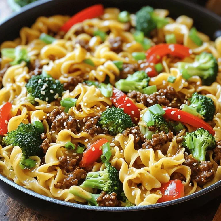 - 8 oz. egg noodles - 1 lb. ground beef - 1 small onion, finely chopped - 3 cloves garlic, minced - 1-inch piece ginger, grated - 2 tablespoons soy sauce - 1 cup broccoli florets - 1 red bell pepper, sliced - Sesame seeds (for garnish) Gathering fresh ingredients makes a big difference. I love using high-quality beef for great flavor. The onion adds a sweet touch when cooked. Garlic and ginger bring warmth and depth to the dish. Soy sauce ties everything together with its salty goodness. For vegetables, I choose broccoli and red bell pepper. They add color and crunch. You can also mix in your favorite veggies if you like. Just keep the textures in mind. Don’t forget the sesame seeds! They add a nice finish. You can find all these ingredients at your local store or farmer's market. Using fresh, ripe veggies and quality meat will make your meal shine. If you want the complete details, check out the Full Recipe for Mongolian Ground Beef Noodles. It guides you through every step to make this dish a success! - Bring water to a boil in a large pot. - Add 8 oz. of egg noodles and cook for 5-7 minutes. Start by boiling salted water. The salt helps flavor the noodles. Once boiling, add the egg noodles. Stir them gently. This keeps them from sticking together. Cook according to package instructions. It usually takes around 5 to 7 minutes. Test a noodle to see if it's tender. Drain the noodles in a colander and set them aside in a large bowl. - Heat 1 tablespoon of sesame oil in a skillet. - Add 1 lb. of ground beef and brown it for 5-7 minutes. - Drain excess fat from the skillet. Next, grab a large skillet or wok. Heat 1 tablespoon of sesame oil over medium-high heat. This oil adds a rich flavor. Once hot, add 1 lb. of ground beef. Use a spatula to break it apart. Cook until it turns brown and is no longer pink. This should take about 5 to 7 minutes. If there's extra fat, carefully drain it off. This helps keep the dish light and tasty. - Add 1 small onion, 3 cloves of minced garlic, and 1-inch grated ginger. - Cook until the onion is translucent. - Add 1 cup of broccoli and 1 sliced red bell pepper. Now it's time to make the dish aromatic. Add 1 small onion, finely chopped, to the skillet. Then, toss in 3 cloves of minced garlic and 1-inch piece of grated ginger. Stir these ingredients for about 2-3 minutes. You want the onion to turn translucent and the garlic to smell great. Next, add 1 cup of broccoli florets and 1 sliced red bell pepper. Stir them into the beef mixture. Cook for another 3-4 minutes. The vegetables should be tender but still crisp. This adds a nice crunch to your meal. For the full recipe, check out the detailed instructions. To make your Mongolian Ground Beef Noodles shine, adjust the seasoning to your taste. Start with the soy sauce, oyster sauce, and hoisin sauce. These ingredients pack a punch, so add a little at a time. Taste your dish as you go. This step helps you find your perfect balance. Fresh ingredients matter too. Use crisp veggies and fresh herbs. They enhance flavor and texture, making your meal vibrant. Using the right tools can simplify your cooking. A non-stick skillet or wok is key. It prevents the beef from sticking and makes cleanup easy. A spatula helps you stir and break apart the beef smoothly. If you have a large pot for boiling noodles, that’s great too. Gather these tools before you start. It saves time and keeps your kitchen organized. How you serve your dish can elevate the experience. I recommend deep bowls for a cozy feel. It also helps hold all the delicious sauce and noodles. For an extra touch, add a few slices of red bell pepper on top. A light drizzle of sesame oil adds flavor and looks beautiful. Pair your noodles with some fresh cucumber salad or steamed dumplings for a complete meal. For more details on the cooking process, check out the Full Recipe. {{image_4}} You can swap out ground beef for different proteins. Chicken or turkey works well. Just cook them until they are browned. If you prefer plant-based meals, use tofu. Firm tofu gives a great texture. Press it to remove excess water, then cube it before cooking. This makes a tasty vegetarian version. Changing ingredients can make this dish fit your needs. For sauces, try gluten-free soy sauce or low-sodium options. These swaps keep the taste while being healthier. You can also mix up the veggies. Use carrots, snap peas, or bell peppers for a colorful dish. Each vegetable adds its unique flavor and crunch. Do you like spicy food? Add more chili garlic sauce to turn up the heat. You can also toss in sliced jalapeños or crushed red pepper flakes. If you want less spice, skip the chili garlic sauce. You can balance flavors with a bit of sugar or more hoisin sauce. Consider topping your bowl with spicy sesame oil for an extra kick. To keep your Mongolian Ground Beef Noodles fresh, store them in the fridge. Use an airtight container to keep moisture in and odors out. Let the dish cool before sealing it tightly. This helps prevent sogginess. You can enjoy leftovers for up to three days. When reheating, use the stove for best texture. Place the noodles in a skillet over medium heat. Add a splash of water or broth to prevent sticking. Stir often until heated through. Avoid microwaving, as it can make the noodles soggy. Freezing is a great option for long-term storage. Divide the noodles into single servings and place them in freezer-safe bags. Make sure to squeeze out excess air. You can freeze them for up to three months. To maintain taste, thaw in the fridge overnight before reheating. It takes about 25 minutes to make Mongolian Ground Beef Noodles. You spend 10 minutes prepping and 15 minutes cooking. This quick time makes it perfect for busy days. Yes, you can make this dish ahead of time. Cook and cool the noodles and beef mixture separately. Store them in airtight containers in the fridge. When you are ready to eat, just heat them up. This way, you save time on a busy night. Mongolian Ground Beef Noodles draw inspiration from Mongolian cuisine. The dish combines flavors from Asia, especially China. It’s not a traditional Mongolian dish but reflects the mix of cultures. The use of beef and noodles makes it hearty and filling. For the detailed Full Recipe for Mongolian Ground Beef Noodles, click here. Mongolian Ground Beef Noodles combine tasty ingredients and simple steps. You learned how to cook the noodles, prepare the beef, and sauté the veggies. With tips on storage and variations, this dish fits many tastes. Remember to play with seasonings and vegetables. Experiment to make it your own. Share this delight with friends or family. Enjoy your cooking and have fun in the kitchen!