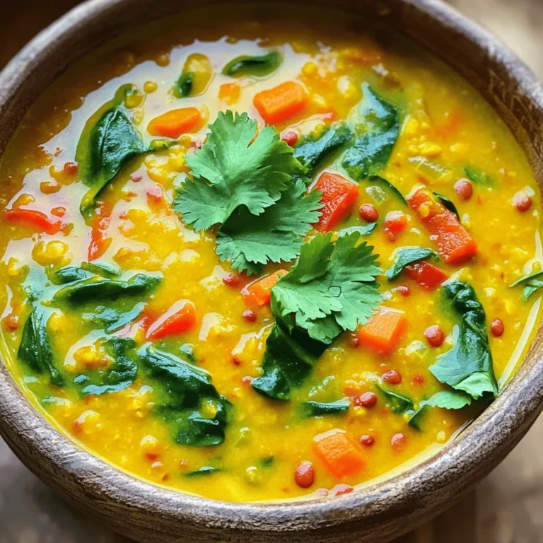 - 1 cup red lentils - 1 can (14 oz) coconut milk - 2 cups vegetable broth - 1 medium onion - 2 cloves garlic - 1 tablespoon fresh ginger - 1 carrot - 1 red bell pepper - 2 cups spinach or kale - 1 tablespoon red curry paste - 1 teaspoon ground turmeric - 1 teaspoon ground cumin - 1 teaspoon ground coriander - Salt and pepper to taste - Fresh cilantro leaves for garnish In this soup, we focus on bold flavors and rich textures. The star is the red lentils. They cook fast and turn soft. They make the soup hearty and filling. Coconut milk adds a creamy touch. It also brings a sweet flavor that balances the spices. The aromatics are key. Onion, garlic, and ginger form the base. They create a fragrant start. I love using fresh ginger. It adds warmth and zest. The vegetables bring color and nutrients. Carrots and red bell peppers add sweetness. Spinach or kale gives a fresh pop at the end. Spices are where the magic happens. Red curry paste gives heat and depth. Turmeric adds a lovely golden color. Cumin and coriander round out the flavor. Together, they create a warm and inviting taste. Remember, seasoning makes all the difference. Adjust salt and pepper to your liking. Fresh cilantro on top gives a bright finish. It’s a simple way to elevate your dish. For the full recipe, check out the detailed instructions for creating this delightful soup. Enjoy the journey of flavors! - Step 1: Sauté onion, garlic, and ginger Begin by heating a tablespoon of oil in a large pot over medium heat. Once the oil is warm, add the diced onion. Sauté the onion for about five minutes. You want it to become soft and see-through. Next, mix in the minced garlic and grated ginger. Cook this for one to two minutes. You should smell a great aroma filling your kitchen. - Step 2: Incorporate spices to build flavor Now, it’s time to add the spices. Stir in the red curry paste, ground turmeric, ground cumin, and ground coriander. Cook this mixture for one more minute. As you stir, the spices will coat the onions, garlic, and ginger. This step will create a strong flavor base for your soup. - Step 3: Combine broth and coconut milk Gradually pour in the vegetable broth and coconut milk. Stir well to mix everything together. Increase the heat until the soup begins to simmer gently. This is when the magic starts to happen. - Step 4: Add lentils and vegetables Once the soup is simmering, it’s time to add the main ingredients. Add the rinsed red lentils, diced carrot, and diced red bell pepper to the pot. Let the soup cook for 20-25 minutes. Stir occasionally. You want the lentils and vegetables to become tender and the mixture to thicken nicely. - Step 5: Stir in greens When the lentils and veggies are soft, fold in the fresh spinach or kale. Cook for another two to three minutes. You want the greens to wilt and turn bright green. - Step 6: Season and serve Remove the pot from heat. Stir in the freshly squeezed lime juice. Season the soup with salt and pepper to taste. Now, it's ready to serve! Ladle the soup into bowls. Garnish with fresh cilantro leaves for a pop of color and flavor. For the full recipe, check here: [Full Recipe]. To make your Coconut Curry Lentil Soup even creamier, use full-fat coconut milk. It gives a rich taste and thicker texture. If you want a lighter soup, you can use light coconut milk. For an extra smooth texture, blend the soup after cooking. Just let it cool a bit, then use an immersion blender. This step makes the soup velvety and enjoyable. If you like spice, add more red curry paste. Start with a small amount and taste as you go. If it gets too hot, add a little coconut milk to cool it down. You can also include milder spices like cinnamon or nutmeg. These spices add warmth without heat. Experimenting will help you find your perfect balance of flavor. To enhance the flavor, consider adding fresh herbs like basil or mint. These add freshness and depth. You can also top your soup with crispy shallots or roasted peanuts for crunch. Pair the soup with rice or crusty bread for a full meal. This adds texture and makes it even more satisfying. For the full recipe, check out the details above. {{image_4}} For those with dietary needs, Coconut Curry Lentil Soup offers many options. - Gluten-free options: The soup is naturally gluten-free. Use gluten-free broth to keep it safe. - Vegan adaptations: This recipe is already vegan. Feel free to add plant-based toppings for extra flavor. Sometimes you may not have all the ingredients on hand. Here are some swaps. - Alternatives to lentils: Try chickpeas or black beans instead of lentils. They offer different textures and flavors. - Substitutes for spinach/kale: Use Swiss chard or collard greens if you don’t have spinach or kale. They cook well and add nutrients. You can easily change the soup’s taste by adding new flavors. - Local spice blends to try: Experiment with garam masala or curry powder for a new twist. These spices can change the soup’s warmth and depth. - Unique twist additions: Want to be adventurous? Add a spoonful of peanut butter for creaminess or lemongrass for brightness. These additions can enhance and surprise your palate. For the full recipe, check the detailed instructions above. Enjoy making this dish your own! To store your leftover Coconut Curry Lentil Soup, let it cool first. Then, transfer it to an airtight container. This helps keep the soup fresh. You can store it in the fridge for up to 4 days. When you reheat the soup, use a pot on low heat. Stir it often to ensure even warming. If it thickens too much, add a splash of vegetable broth. If you want to save soup for later, freezing works well. Portion the soup into freezer-safe containers. Leave some space for expansion. The soup can last in the freezer for about 3 months. To thaw, move a container to the fridge overnight. When ready to eat, reheat it on the stove or in the microwave. Stir well as it heats. In the fridge, the Coconut Curry Lentil Soup stays fresh for about 4 days. Watch for any changes in color or smell. If the soup smells sour or looks off, it’s best to toss it. Proper storage keeps your soup tasty and safe to eat. Enjoy it at its best! You can easily prepare Coconut Curry Lentil Soup in advance. Start by cooking the soup as normal. Once done, let it cool completely. Store it in an airtight container. It can last in the fridge for about three days. For longer storage, freeze the soup. Use freezer-safe containers, leaving some space at the top. When you're ready to enjoy, thaw it in the fridge overnight. Heat it gently on the stove or in the microwave. This soup tastes great even after freezing! Yes, you can use different lentils. Each type adds its unique touch. Red lentils cook quickly and turn soft. They give the soup a creamy texture. Green lentils hold their shape better. They add a nice bite to your soup. Brown lentils are another option. They have a mild flavor and similar texture to red lentils. However, they take a bit longer to cook. If you use green or brown lentils, adjust your cooking time. They need about 30 to 40 minutes to become tender. Coconut Curry Lentil Soup pairs well with many sides. A simple green salad adds freshness. You can also serve it with warm naan or crusty bread. This helps soak up the delicious broth. For extra flavor, try adding a side of roasted vegetables. They add heartiness and color to your meal. If you want something lighter, a cucumber salad works great. It adds a cool crunch to balance the spices in the soup. Coconut curry lentil soup is simple and rewarding to make. You start with red lentils, coconut milk, and broth. Then, add fresh veggies and spices for great flavor. Remember, you can adjust the spice level and make it creamier. Feel free to switch ingredients and explore new tastes. This soup is not only delicious but also healthy and easy to store. Enjoy this unique dish any time, and don’t hesitate to get creative with your own twists.
