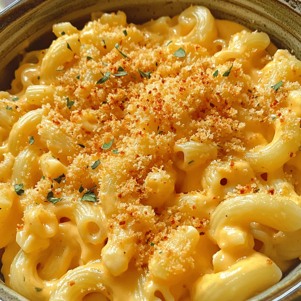 - 8 oz elbow macaroni - 2 cups sharp cheddar cheese, shredded - 1 cup mozzarella cheese, shredded - 1/2 cup cream cheese, softened - 4 tablespoons unsalted butter - 1/4 cup all-purpose flour - 2 cups milk - 1 teaspoon garlic powder - 1/2 teaspoon onion powder - 1/2 teaspoon mustard powder - Salt and freshly ground black pepper to taste - 1/2 cup panko breadcrumbs - 1/4 teaspoon smoked paprika To make the best mac and cheese, you need quality ingredients. Elbow macaroni forms the base. It gives the dish that classic, comforting feel. Next, the cheese is key. I love using sharp cheddar for its intense flavor. Mozzarella adds creaminess, while cream cheese makes it rich and smooth. Butter and flour help create a roux for the cheese sauce. Milk brings everything together, making it creamy. Spices like garlic and onion powder add depth. Don’t forget salt and pepper for taste! If you want to add a crunchy layer, panko breadcrumbs work great. A sprinkle of smoked paprika can kick up the flavor. It adds a nice touch of warmth and smoke. This combination makes for a mac and cheese that everyone will love. For the full recipe, check out the Ultimate Creamy Mac & Cheese. To start, fill a large pot with water and add salt. Bring it to a rolling boil. Add 8 oz of elbow macaroni. Cook as per the package instructions, usually around 7-9 minutes. You want the pasta al dente, which means it should be firm to the bite. To check, taste a piece before draining. Once done, drain the pasta and let it cool slightly. In a large saucepan, melt 4 tablespoons of unsalted butter over medium heat. Once melted, add 1/4 cup of all-purpose flour. Stir constantly for about 2 minutes until the mixture turns a light golden color. Gradually pour in 2 cups of milk while whisking. Keep stirring until the sauce thickens, which should take about 5 minutes. Next, lower the heat and mix in 1/2 cup of softened cream cheese, 2 cups of sharp cheddar cheese, and 1 cup of mozzarella cheese. Stir until all the cheeses melt into a creamy sauce. Add 1 teaspoon of garlic powder, 1/2 teaspoon of onion powder, 1/2 teaspoon of mustard powder, salt, and black pepper to taste. This blend adds depth to the sauce. Now, gently fold the cooked macaroni into the cheese sauce. Stir until every piece of pasta is well coated. This step ensures a nice, creamy texture throughout. Preheat your oven to 350°F (175°C). Lightly grease a baking dish with butter or spray. Transfer the mac and cheese mixture into the dish, spreading it evenly. For a crunchy topping, mix 1/2 cup of panko breadcrumbs with a little smoked paprika, if you like. Sprinkle this mixture over the top. Place the dish in the oven and bake for about 20-25 minutes. Look for a golden, crispy top. Once baked, take it out and let it cool for a few minutes before serving. Enjoy your delicious mac and cheese! For the full recipe, visit [Full Recipe]. To make your mac and cheese super creamy, focus on your cheese choice. I suggest using a mix of sharp cheddar and mozzarella. The cheddar gives a strong flavor, while the mozzarella adds stretchiness. You can use a 2:1 ratio of cheddar to mozzarella for the best taste. Adding cream cheese is a game changer. It melts smoothly and adds a rich texture. Just use half a cup in your cheese sauce. This small change makes a big difference in creaminess. Baking your mac and cheese gives it a fantastic crust. To get that perfect golden top, use panko breadcrumbs. They crisp up nicely when baked. Mix them with a bit of smoked paprika for extra flavor. Adjust your baking time based on how gooey you want it. If you like it extra creamy, bake for 20 minutes. For a firmer texture, go for 25 minutes. Keep an eye on the top; you want it golden brown but not burnt. Presentation matters! For a fun touch, serve mac and cheese in small bowls. You can also sprinkle extra cheese or fresh herbs on top. This makes each serving look special and inviting. Pair your mac and cheese with side dishes. A fresh salad or steamed vegetables balances the meal. You could also serve it with grilled chicken or crispy bacon for added protein. Each bite will be a comforting delight. {{image_4}} Baked mac and cheese has a crispy top. It gets a golden brown crunch from the oven. Stovetop mac and cheese is smooth and creamy. It cooks quickly on the stove. Pros of Baked Mac & Cheese: - Crispy top layer adds texture. - Great for serving a crowd. - Can be made ahead and reheated. Cons of Baked Mac & Cheese: - Takes longer to cook. - Requires more dishes. Pros of Stovetop Mac & Cheese: - Quick and easy to make. - Less cleanup involved. - Creamy and comforting. Cons of Stovetop Mac & Cheese: - No crispy top layer. - May not hold well when cooled. You can change up the flavor. Adding proteins like chicken or bacon makes it heartier. You can also toss in veggies. Peas, spinach, or broccoli work well. They add color and nutrients. For seasoning, try adding: - Smoked paprika for a smoky taste. - Hot sauce for a spicy kick. - Fresh herbs like basil or thyme for brightness. If you need gluten-free options, use gluten-free pasta. Many brands offer great alternatives. For those avoiding dairy, look for dairy-free cheese. Brands now make tasty options that melt well. You can also use nut milk instead of cow’s milk. With these variations, you can customize your mac and cheese to fit any taste or need. Each method brings its own charm. Explore these ideas to make the best mac and cheese for you! To keep leftover mac and cheese fresh, store it in an airtight container. Make sure to let it cool first. You can keep it in the fridge for about 3 to 5 days. If you want it to last longer, consider freezing it. In the freezer, it can stay good for up to 3 months. When it's time to enjoy your leftover mac and cheese, reheating it right is key. The best way to keep it creamy is by using the stovetop. Add a splash of milk to the pot. Heat it on low and stir often. This helps bring back the smooth texture. If you use a microwave, put it in a bowl and add some milk. Heat in short bursts, stirring in between. This will help avoid dryness. Avoid high heat, as it can dry out your delicious meal. The best cheese for mac and cheese is a blend of sharp cheddar and mozzarella. Sharp cheddar gives a rich, tangy taste. Mozzarella adds creaminess and stretch. You can also mix in cream cheese for extra smoothness. - Blend Ideas: - 2 cups sharp cheddar cheese, shredded - 1 cup mozzarella cheese, shredded - 1/2 cup cream cheese, softened This mix creates a perfect flavor and texture. Feel free to try other cheeses too, like gouda or Monterey Jack. Yes, you can make mac and cheese ahead of time. Prepare the dish as normal, then store it in the fridge. You can keep it fresh for up to two days. - Prep Tips: - Cook the pasta and cheese sauce. - Mix them together and place in a baking dish. - Cover tightly with foil before refrigerating. When ready to bake, remove it from the fridge. Let it sit at room temperature for about 30 minutes before baking. This helps it heat evenly. To prevent dry mac and cheese, avoid overcooking the pasta. Cook it just until al dente. Also, ensure your cheese sauce is creamy and well-mixed. - Common Mistakes: - Cooking pasta too long makes it mushy. - Not adding enough cheese can lead to dryness. If it does get dry, you can add more milk or a pat of butter. Stir it in while reheating to restore that creamy texture. Now you know how to make mac and cheese that’s both tasty and creamy. We covered the key ingredients, step-by-step instructions, and helpful tips for a perfect dish. Don't forget to explore variations and storage methods. Mac and cheese can be a versatile meal, fitting many tastes. Use this guide to create your own delicious versions, whether baked, stovetop, or with fun add-ins. Enjoy the cooking process and the yummy results!