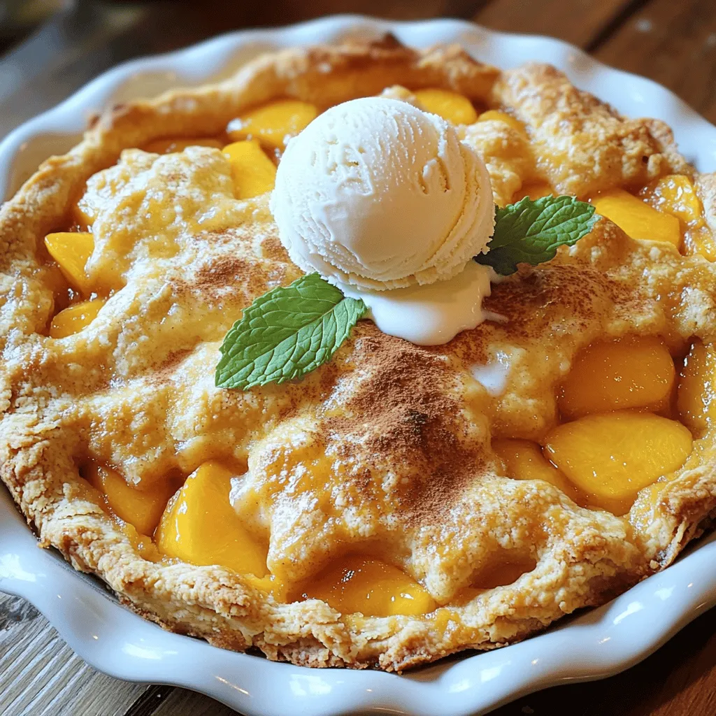 - 4 cups fresh peaches, sliced - 1 cup granulated sugar, divided - 2 teaspoons freshly squeezed lemon juice - 1 cup Bisquick baking mix - 1 tablespoon baking powder - 1 cup milk (whole or 2%) - 1/4 cup unsalted butter, melted - 1 teaspoon ground cinnamon - A pinch of salt When selecting peaches, fresh is best. Fresh peaches taste vibrant and juicy. If you use canned peaches, choose a brand with no added sugar. They can work well, but fresh peaches shine in this dish. To pick ripe peaches, look for a slight give when you squeeze them gently. Their skin should have a warm golden hue with a sweet aroma. Avoid peaches with green spots; they may not be ripe. You can use brown sugar instead of white sugar for a deeper flavor. It adds a nice caramel touch. Honey is also a great option; it gives a floral sweetness. If your peaches are tart, reduce the sugar a bit. This adjustment helps balance the flavors in your cobbler. For the best Peach Cobbler with Bisquick, you can find the Full Recipe above. First, preheat your oven to 375°F (190°C). This way, the oven is hot and ready. You need to prepare a 9x13-inch baking dish by greasing it. Now, grab a large bowl. Combine 4 cups of sliced peaches with 1/2 cup of granulated sugar and 2 teaspoons of lemon juice. Toss gently until the peaches are coated. Transfer this mixture to your greased baking dish. Spread it evenly across the bottom. In another bowl, mix 1 cup of Bisquick baking mix with 1 tablespoon of baking powder. Add in 1 cup of milk, 1/4 cup of melted unsalted butter, the remaining 1/2 cup of sugar, 1 teaspoon of ground cinnamon, and a pinch of salt. Stir until just combined. It’s okay if the batter is slightly lumpy. This helps create a great texture when it bakes. Now, it’s time to layer the batter over your peaches. Spoon it carefully over the peach layer, but don’t stir. Just let the batter sit on top. Place the baking dish in the oven. Bake for about 35-40 minutes. You’ll know it's done when the top is golden brown. A toothpick inserted in the center should come out clean. Once baked, let it cool for a few minutes before serving. Enjoy this Peachy Paradise Cobbler with a scoop of vanilla ice cream for a treat! For the full recipe, check the section above. To get the best texture, use a 9x13-inch baking dish. This size ensures even cooking and a nice crust. When you spoon the batter over the peaches, do not stir it in. Let the batter float on top. This trick helps create a soft, fluffy cobbler. For added flavor, consider mixing in a splash of vanilla or a dash of nutmeg into your batter. These ingredients can elevate your cobbler to a whole new level. You can also experiment with spices like ginger or allspice. Each spice brings its own unique twist to the dish. This cobbler tastes best warm, so serve it straight from the oven. Pair it with a scoop of vanilla ice cream for a classic combo. You can sprinkle some cinnamon on top of the ice cream for extra flavor. Fresh mint leaves make a nice garnish and add a pop of color. Enjoy your Peachy Paradise Cobbler with friends and family! {{image_4}} You can make your peach cobbler even better by adding other fruits. Try mixing in berries like blueberries or raspberries. They add a nice tartness that balances the sweet peaches. You can also use apples for a crunchy texture. Just slice them thinly and toss them with the peaches. This mix creates a fruity explosion that everyone will love. A mixed-fruit cobbler is a fun way to use seasonal fruits. You can experiment based on what is fresh and available. Want a lighter cobbler? You can use gluten-free Bisquick for those with dietary needs. It's an easy swap that keeps the taste delicious. You can also cut down on sugar and butter. Use just half the sugar or try a natural sweetener like honey. This way, you enjoy the flavors without the guilt. Reducing the butter adds less fat too. These changes make it a healthier treat while keeping it tasty. The right topping can elevate your cobbler. Fresh whipped cream adds a light and airy touch. You can also use yogurt for a tangy kick. Greek yogurt is thick and creamy, making it a great choice. If you love ice cream, think beyond vanilla. Try flavors like caramel or even peach. These creative toppings bring a new twist to your cobbler. They make the dish fun and exciting every time you serve it. For the full recipe, check out the earlier section. To store your leftover peach cobbler, let it cool first. Cover it tightly with plastic wrap or foil. You can also place it in an airtight container. Keep it in the fridge for up to three days. For the best taste, reheat slices in the oven at 350°F for about 10 minutes. You can also use the microwave for quick reheating. Just be careful not to overheat, as the cobbler can become soggy. If you want to freeze the cobbler, you can do this before or after baking. To freeze before baking, wrap the assembled cobbler tightly in plastic wrap and then foil. This way, it keeps well for up to three months. If you freeze it after baking, let it cool completely. Slice it first, then wrap each piece in plastic wrap. Place the wrapped slices in a freezer bag. Thaw the cobbler in the fridge overnight before reheating. For reheating, bake at 350°F until warm, about 20-25 minutes. Peach cobbler lasts about three days in the fridge. After that, the taste and texture may decline. Look for signs of spoilage, like mold or an off smell. If it feels slimy or dry, it's best to toss it. Enjoy your peach cobbler while it's fresh for the best flavor! You can find the full recipe and tips earlier in the article. Yes, you can use frozen peaches. Just thaw and drain them first. This helps remove extra water. Frozen peaches can taste just as good as fresh ones when baked. They may have a softer texture, but they will still work great in your cobbler. For a crustier top, try these tips: - Add more butter: Brush melted butter over the batter before baking. - Use a higher oven temperature: Bake at 400°F for a short time. - Add sugar: Sprinkle sugar on top of the batter before baking. This will create a nice crust. You can easily make your own baking mix. Mix together: - 1 cup all-purpose flour - 1 ½ teaspoons baking powder - ½ teaspoon salt - 1 tablespoon vegetable oil or melted butter This mix will work just as well in your cobbler. Yes, you can prepare the peach filling and batter ahead of time. Store the filling in the fridge and cover the batter. When ready to bake, combine them and follow the baking steps. This makes it easy for quick serving. Check your cobbler for a golden brown top. Insert a toothpick into the center; it should come out clean. If there are wet batter bits, bake a few more minutes. Your cobbler is ready when the top is firm and golden. This blog post covered how to make a delicious peach cobbler. We explored the key ingredients and their roles in flavor. You learned how to choose ripe peaches and experiment with sweeteners. The step-by-step instructions guide you from prep to baking. I shared tips for the perfect texture and creative variations. Remember, this dessert shines with fresh peaches and your personal touch. Enjoy your baking journey, and savor every bite of your homemade treat.