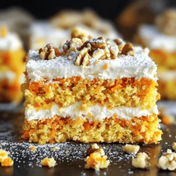Gather these ingredients to make delicious carrot cake bars. The flavors mix well, and they create a lovely treat. - 2 cups grated carrots - 1 cup all-purpose flour - 1 cup packed brown sugar - 1/2 cup granulated sugar - 1/2 cup vegetable oil - 3 large eggs - 1 teaspoon vanilla extract - 1 teaspoon ground cinnamon - 1/2 teaspoon ground nutmeg - 1/2 teaspoon baking powder - 1 teaspoon baking soda - 1/2 teaspoon salt - 1/2 cup crushed pineapple, well-drained - 1/2 cup chopped walnuts or pecans (optional) - 1/4 cup shredded coconut (optional) - Cream cheese frosting (for topping) Use fresh ingredients for best results. Grating the carrots adds moisture and flavor. If you like nuts or coconut, add them for extra texture. This recipe is easy and gives you a big batch. You can find the full recipe above to guide you through the steps. Preheating the Oven Start by preheating your oven to 350°F (175°C). This ensures even baking. Preparing the Baking Pan Grab a 9x13-inch baking pan. Grease it lightly or line it with parchment paper. This helps with easy removal later. Combining Sugars and Oil In a large mixing bowl, add brown sugar, granulated sugar, and vegetable oil. Whisk until the mixture is smooth and well blended. Incorporating Eggs and Vanilla Add three large eggs one at a time. Whisk well after each egg. Stir in the vanilla extract until fully combined. Mixing Carrot Ingredients In another bowl, combine the grated carrots with the drained crushed pineapple. You can add nuts or coconut if you like. Combining Dry Ingredients In a separate bowl, sift together the flour, cinnamon, nutmeg, baking powder, baking soda, and salt. Mix well to ensure all dry ingredients are evenly distributed. Blending Wet and Dry Mixtures Gradually add the dry mixture to the wet mixture. Stir gently just until combined. Avoid overmixing to keep the bars tender. Baking and Cooling Steps Fold the carrot mixture into the batter until evenly mixed. Pour the batter into the prepared pan. Bake for 25-30 minutes. The bars are done when a toothpick comes out clean. Let them cool completely in the pan on a wire rack. You can find the complete recipe in the Full Recipe section. Ensuring Moisture in the Bars To keep your carrot cake bars moist, use fresh, finely grated carrots. The moisture in the carrots adds softness. Adding crushed pineapple also helps. Make sure it's well-drained to avoid extra water. The right amount of oil keeps the bars rich and tender. Avoiding Overmixing When mixing your batter, mix just until combined. Overmixing can make the bars tough. Gently fold in the carrots and other ingredients. This keeps the texture light and fluffy. Remember, lumps are okay; they give character to your bars. How to Spread Cream Cheese Frosting Once the bars cool completely, it’s time to frost. Use a spatula to spread cream cheese frosting evenly on top. Start from the center and work your way out. For a smooth finish, dip the spatula in warm water before spreading. Decorative Finishing Touches For a beautiful finish, consider adding a sprinkle of chopped nuts or shredded coconut on top of the frosting. You can also dust with powdered sugar for an elegant touch. Use a piping bag for fun designs if you're feeling creative! Presentation Ideas for Serving Arrange your carrot cake bars on a colorful platter. Add some fresh mint leaves for a pop of color. You can even serve them with a scoop of vanilla ice cream for extra indulgence. Best Time to Serve These bars shine at gatherings and parties. Serve them at afternoon tea or as a sweet dessert after dinner. They also make a great treat for potlucks. You can enjoy them anytime, but they taste best fresh! For the full recipe, follow the instructions above. {{image_4}} You can add spices to make your carrot cake bars pop! Try mixing in ginger or allspice. These spices enhance the flavor and make each bite exciting. You can also substitute ingredients for fun twists. Swap half of the grated carrots for zucchini. This adds moisture and a unique taste. Use different nuts like pecans or almonds for more crunch. Don't forget to sprinkle in some chocolate chips for a sweet surprise! If you need gluten-free options, use almond flour or coconut flour instead of all-purpose flour. These flours work well and keep the bars tasty. Just make sure to check the baking time, as gluten-free flours may bake faster. For vegan alternatives, replace the eggs with flax eggs. Mix one tablespoon of ground flaxseed with three tablespoons of water. Let it sit for a few minutes until it thickens. You can also use a plant-based oil instead of vegetable oil. This keeps your bars rich and flavorful! Want fewer bars? You can halve the recipe easily. Just use a smaller pan and cut the baking time in half. Keep an eye on them as they bake! If you have a big crowd, double the recipe. Use a larger pan and bake for a little longer. These decadent carrot cake bars are sure to delight everyone at your gathering. Enjoy them fresh with a cup of tea or coffee! For the full recipe, check out the recipe section above! To keep your decadent carrot cake bars fresh, use these simple storage tips: - Room Temperature Storage: If you plan to eat the bars within a few days, store them at room temperature. Place them in an airtight container. This method keeps them moist and tasty for up to 3 days. - Refrigeration Tips: For longer storage, pop them in the fridge. Use an airtight container to avoid drying out. They will stay fresh for about a week. Just make sure to let them sit at room temp for a few minutes before serving. - How to Freeze Carrot Cake Bars: To freeze these bars, cut them into squares. Wrap each piece tightly in plastic wrap. Then, place them in a freezer-safe bag or container. This keeps them fresh for up to three months. - Thawing and Reheating Tips: When you’re ready to enjoy, take out the bars and leave them in the fridge overnight. For a warm treat, you can microwave them for about 15 seconds. This will make them soft and delicious again! For the complete recipe, check out the Full Recipe above. How long do carrot cake bars last? Carrot cake bars last about 4 to 5 days at room temperature. Store them in an airtight container to keep them fresh. If you refrigerate them, they can last a week or more. Can I make these bars ahead of time? Yes, you can make these bars ahead of time. They taste even better after a day in the fridge. Just frost them right before serving for the best taste. What is the best way to cut the cake bars? To cut the bars neatly, use a sharp knife. Dip the knife in warm water and wipe it dry before each cut. This method helps create clean edges for each piece. How to make carrot cake bars from scratch? To make carrot cake bars from scratch, combine grated carrots, sugars, eggs, and oil. Then mix in dry ingredients like flour and spices. Pour the batter into a pan and bake. You can find the full recipe above. What to serve with carrot cake bars? Carrot cake bars pair well with coffee or tea. They also go great with a scoop of vanilla ice cream or a dollop of whipped cream for a treat. Can I use other fruits in the recipe? Yes, you can use other fruits. Applesauce or mashed bananas can add moisture. Dried fruits like raisins or cranberries also work well for added flavor and texture. This blog post showed how to make delicious carrot cake bars. We covered the key ingredients, step-by-step instructions, and useful tips. You learned about variations and how to store these treats properly. Making these bars is easy and fun. They are perfect for gatherings or a sweet snack at home. With the right tweaks and storage, they can be enjoyed anytime. Dive into baking, and enjoy the tasty results!