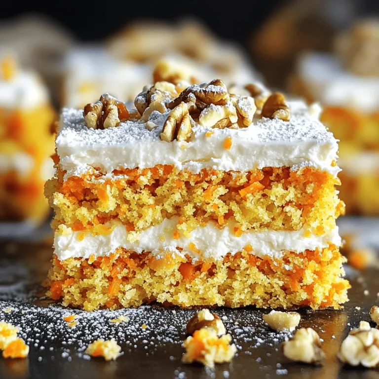Gather these ingredients to make delicious carrot cake bars. The flavors mix well, and they create a lovely treat. - 2 cups grated carrots - 1 cup all-purpose flour - 1 cup packed brown sugar - 1/2 cup granulated sugar - 1/2 cup vegetable oil - 3 large eggs - 1 teaspoon vanilla extract - 1 teaspoon ground cinnamon - 1/2 teaspoon ground nutmeg - 1/2 teaspoon baking powder - 1 teaspoon baking soda - 1/2 teaspoon salt - 1/2 cup crushed pineapple, well-drained - 1/2 cup chopped walnuts or pecans (optional) - 1/4 cup shredded coconut (optional) - Cream cheese frosting (for topping) Use fresh ingredients for best results. Grating the carrots adds moisture and flavor. If you like nuts or coconut, add them for extra texture. This recipe is easy and gives you a big batch. You can find the full recipe above to guide you through the steps. Preheating the Oven Start by preheating your oven to 350°F (175°C). This ensures even baking. Preparing the Baking Pan Grab a 9x13-inch baking pan. Grease it lightly or line it with parchment paper. This helps with easy removal later. Combining Sugars and Oil In a large mixing bowl, add brown sugar, granulated sugar, and vegetable oil. Whisk until the mixture is smooth and well blended. Incorporating Eggs and Vanilla Add three large eggs one at a time. Whisk well after each egg. Stir in the vanilla extract until fully combined. Mixing Carrot Ingredients In another bowl, combine the grated carrots with the drained crushed pineapple. You can add nuts or coconut if you like. Combining Dry Ingredients In a separate bowl, sift together the flour, cinnamon, nutmeg, baking powder, baking soda, and salt. Mix well to ensure all dry ingredients are evenly distributed. Blending Wet and Dry Mixtures Gradually add the dry mixture to the wet mixture. Stir gently just until combined. Avoid overmixing to keep the bars tender. Baking and Cooling Steps Fold the carrot mixture into the batter until evenly mixed. Pour the batter into the prepared pan. Bake for 25-30 minutes. The bars are done when a toothpick comes out clean. Let them cool completely in the pan on a wire rack. You can find the complete recipe in the Full Recipe section. Ensuring Moisture in the Bars To keep your carrot cake bars moist, use fresh, finely grated carrots. The moisture in the carrots adds softness. Adding crushed pineapple also helps. Make sure it's well-drained to avoid extra water. The right amount of oil keeps the bars rich and tender. Avoiding Overmixing When mixing your batter, mix just until combined. Overmixing can make the bars tough. Gently fold in the carrots and other ingredients. This keeps the texture light and fluffy. Remember, lumps are okay; they give character to your bars. How to Spread Cream Cheese Frosting Once the bars cool completely, it’s time to frost. Use a spatula to spread cream cheese frosting evenly on top. Start from the center and work your way out. For a smooth finish, dip the spatula in warm water before spreading. Decorative Finishing Touches For a beautiful finish, consider adding a sprinkle of chopped nuts or shredded coconut on top of the frosting. You can also dust with powdered sugar for an elegant touch. Use a piping bag for fun designs if you're feeling creative! Presentation Ideas for Serving Arrange your carrot cake bars on a colorful platter. Add some fresh mint leaves for a pop of color. You can even serve them with a scoop of vanilla ice cream for extra indulgence. Best Time to Serve These bars shine at gatherings and parties. Serve them at afternoon tea or as a sweet dessert after dinner. They also make a great treat for potlucks. You can enjoy them anytime, but they taste best fresh! For the full recipe, follow the instructions above. {{image_4}} You can add spices to make your carrot cake bars pop! Try mixing in ginger or allspice. These spices enhance the flavor and make each bite exciting. You can also substitute ingredients for fun twists. Swap half of the grated carrots for zucchini. This adds moisture and a unique taste. Use different nuts like pecans or almonds for more crunch. Don't forget to sprinkle in some chocolate chips for a sweet surprise! If you need gluten-free options, use almond flour or coconut flour instead of all-purpose flour. These flours work well and keep the bars tasty. Just make sure to check the baking time, as gluten-free flours may bake faster. For vegan alternatives, replace the eggs with flax eggs. Mix one tablespoon of ground flaxseed with three tablespoons of water. Let it sit for a few minutes until it thickens. You can also use a plant-based oil instead of vegetable oil. This keeps your bars rich and flavorful! Want fewer bars? You can halve the recipe easily. Just use a smaller pan and cut the baking time in half. Keep an eye on them as they bake! If you have a big crowd, double the recipe. Use a larger pan and bake for a little longer. These decadent carrot cake bars are sure to delight everyone at your gathering. Enjoy them fresh with a cup of tea or coffee! For the full recipe, check out the recipe section above! To keep your decadent carrot cake bars fresh, use these simple storage tips: - Room Temperature Storage: If you plan to eat the bars within a few days, store them at room temperature. Place them in an airtight container. This method keeps them moist and tasty for up to 3 days. - Refrigeration Tips: For longer storage, pop them in the fridge. Use an airtight container to avoid drying out. They will stay fresh for about a week. Just make sure to let them sit at room temp for a few minutes before serving. - How to Freeze Carrot Cake Bars: To freeze these bars, cut them into squares. Wrap each piece tightly in plastic wrap. Then, place them in a freezer-safe bag or container. This keeps them fresh for up to three months. - Thawing and Reheating Tips: When you’re ready to enjoy, take out the bars and leave them in the fridge overnight. For a warm treat, you can microwave them for about 15 seconds. This will make them soft and delicious again! For the complete recipe, check out the Full Recipe above. How long do carrot cake bars last? Carrot cake bars last about 4 to 5 days at room temperature. Store them in an airtight container to keep them fresh. If you refrigerate them, they can last a week or more. Can I make these bars ahead of time? Yes, you can make these bars ahead of time. They taste even better after a day in the fridge. Just frost them right before serving for the best taste. What is the best way to cut the cake bars? To cut the bars neatly, use a sharp knife. Dip the knife in warm water and wipe it dry before each cut. This method helps create clean edges for each piece. How to make carrot cake bars from scratch? To make carrot cake bars from scratch, combine grated carrots, sugars, eggs, and oil. Then mix in dry ingredients like flour and spices. Pour the batter into a pan and bake. You can find the full recipe above. What to serve with carrot cake bars? Carrot cake bars pair well with coffee or tea. They also go great with a scoop of vanilla ice cream or a dollop of whipped cream for a treat. Can I use other fruits in the recipe? Yes, you can use other fruits. Applesauce or mashed bananas can add moisture. Dried fruits like raisins or cranberries also work well for added flavor and texture. This blog post showed how to make delicious carrot cake bars. We covered the key ingredients, step-by-step instructions, and useful tips. You learned about variations and how to store these treats properly. Making these bars is easy and fun. They are perfect for gatherings or a sweet snack at home. With the right tweaks and storage, they can be enjoyed anytime. Dive into baking, and enjoy the tasty results!