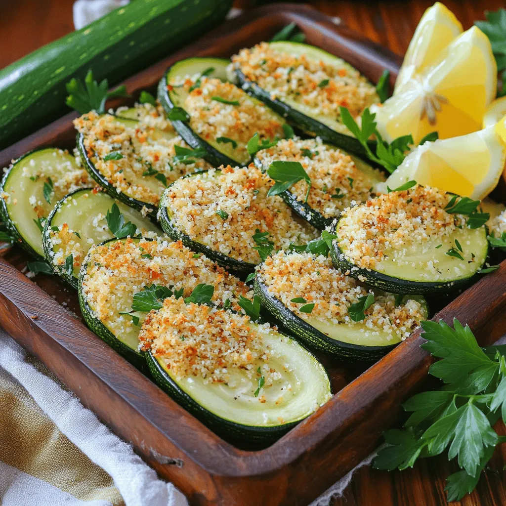 - 4 medium zucchinis - 1 cup grated Parmesan cheese - 1 cup breadcrumbs - Olive oil spray or drizzling oil The base of this dish is the zucchini. Choose firm, fresh zucchinis for the best taste. I love using medium-sized ones, as they hold up well during baking. The cheese adds a rich, salty flavor, and the breadcrumbs give a nice crunch. - Garlic powder - Dried oregano - Smoked paprika - Salt and black pepper Seasoning is key to elevating this dish. Garlic powder gives a savory kick. Dried oregano adds an earthy tone, while smoked paprika brings a hint of smokiness. Salt and black pepper enhance all the flavors, making each bite pop. - Fresh parsley - Lemon wedges Garnishes can make your dish shine. Fresh parsley adds color and freshness. A squeeze of lemon brightens the flavors and gives a zesty finish. For a full guide, check out the Full Recipe. 1. Preheat your oven to 425°F (220°C). This heat helps the zucchini get crispy. 2. Line a baking sheet with parchment paper. This makes for easy cleanup and prevents sticking. 3. In a large bowl, combine grated Parmesan cheese, breadcrumbs, garlic powder, dried oregano, smoked paprika, salt, and black pepper. Mix well so everything is blended together. 1. Take your zucchinis and slice them into 1/4-inch thick rounds. Aim for even slices for uniform cooking. 2. Place the sliced zucchini on a paper towel. Gently press them to absorb moisture. This step is key for a crispy treat. 1. Lightly spray your baking sheet with olive oil. This helps the zucchini not stick. 2. One by one, dip each zucchini slice into the cheese and breadcrumb mix. Make sure each slice is well-coated for a tasty crust. 3. Arrange the coated zucchini slices in a single layer on your baking sheet. If using olive oil, drizzle it over the tops to help them crisp up. 4. Place the baking sheet in your preheated oven. Bake for 20-25 minutes. Look for golden brown tops and tender zucchini. 5. Once done, take them out and let them cool for a few minutes. Just before serving, sprinkle with fresh parsley for a pop of color. Follow the Full Recipe for more detailed steps! To get crispy zucchini, start with moisture removal. Zucchini has a lot of water. If you don’t remove some, it will steam instead of bake. After slicing the zucchini, place the rounds on a paper towel. Press gently to soak up excess water. This step makes a big difference in texture. Next, use the right oven temperature. Preheat your oven to 425°F (220°C). A hot oven helps to crisp the zucchini quickly. It also browns the cheese and breadcrumbs nicely. This way, you get that golden crust we all love. When serving Baked Parmesan Zucchini, presentation matters. Use a rustic wooden platter for a charming look. Add fresh lemon wedges on the side. Their bright color and flavor enhance the dish. A sprinkle of extra parsley on top adds a nice touch, too. For pairing ideas, serve with grilled chicken or fish. The flavors balance well and make a complete meal. You can also enjoy it as a tasty snack or appetizer. Pair it with a zesty dipping sauce for extra fun. For the full recipe, check out Baked Parmesan Zucchini Surprise. {{image_4}} You can switch out the Parmesan cheese for other kinds. Use sharp cheddar for a bold flavor. Mozzarella brings a nice meltiness. Try feta for a tangy twist. Grated pecorino adds saltiness, which is great too. Each cheese gives a new taste to your baked zucchini. Spices can change the whole dish. Add a pinch of red pepper flakes for heat. Italian seasoning gives a nice, herbal taste. Try fresh herbs like basil or thyme for brightness. A squeeze of lemon juice before serving can give it a fresh kick. Don't be afraid to experiment with flavors you love. If you need a gluten-free option, use ground almonds or chickpea flour. Both work well and add a unique flavor. Panko breadcrumbs are a great choice too. They give an extra crunch that you will enjoy. Try using a mix of different breadcrumbs for more texture. For the details on making Baked Parmesan Zucchini, see the [Full Recipe]. For short-term storage, keep your baked Parmesan zucchini in the fridge. Place them in an airtight container. They will stay fresh for up to three days. Before sealing, let them cool to room temperature. This helps prevent moisture buildup. If you want to freeze them, first allow the zucchini to cool completely. Spread the slices on a baking sheet in a single layer. Freeze them for about two hours until firm. Then, transfer the slices to a freezer bag. Remove as much air as possible. They can last for up to three months in the freezer. To reheat your baked Parmesan zucchini, use the oven for best results. Preheat your oven to 350°F (175°C). Place the zucchini in a single layer on a baking sheet. Bake for about 10-15 minutes. This will keep them crispy and warm. You can also use an air fryer. It’s quick and helps to maintain that crunchy texture. Set the air fryer to 350°F (175°C) and heat for about 5-7 minutes. Enjoy your tasty treat just as you did the first time! How can I make baked zucchini more flavorful? To boost flavor, add herbs like thyme or basil. You can also mix in some red pepper flakes for heat. A squeeze of lemon juice right before serving adds a bright taste. Can I use a different type of squash? Yes, you can use yellow squash or pattypan squash. These varieties work well and taste great when baked. Just cut them into similar-sized rounds to ensure even cooking. What should I serve with baked Parmesan zucchini? Baked Parmesan zucchini pairs well with grilled chicken or fish. You can also serve it alongside a fresh salad or pasta. It makes a great side dish or a tasty snack on its own. For a complete guide, check out the Full Recipe for all the details. Baked Parmesan zucchini is a simple, tasty dish. We covered key ingredients, preparation steps, and tips for perfecting this snack. Don’t forget to add your favorite herbs or even different cheeses for fun! Storage is easy, too, so you can savor it later. Enjoy experimenting with flavors and sharing this dish with friends and family. This recipe is sure to become a favorite in your kitchen.