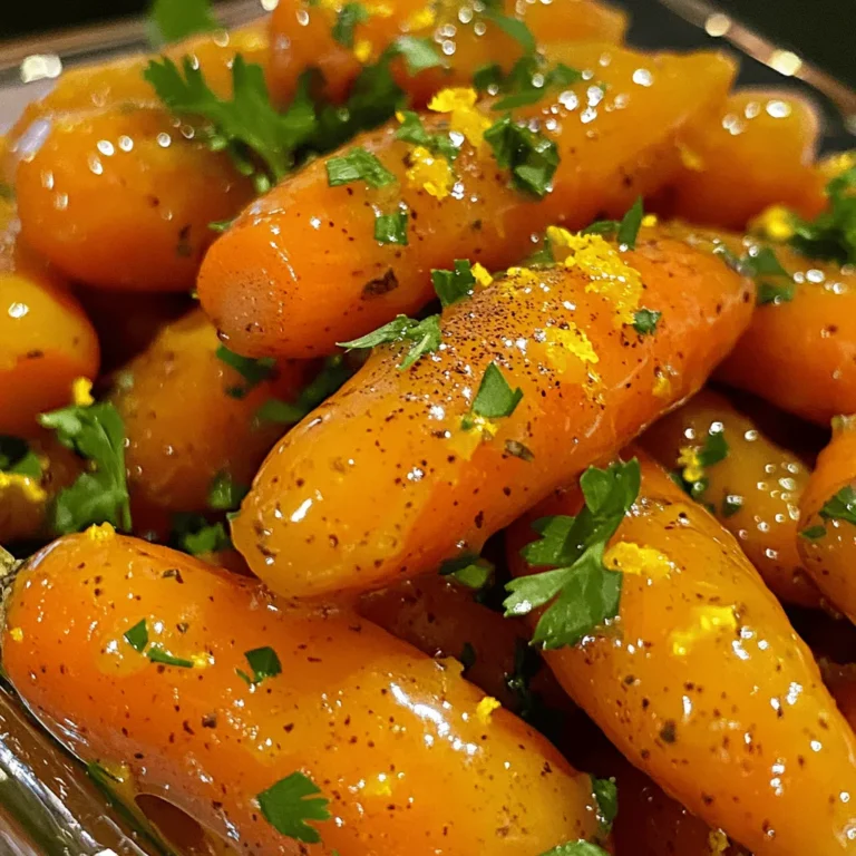 To make orange glazed carrots, gather these simple items: - 1 lb baby carrots (or regular carrots cut into sticks) - 1/2 cup freshly squeezed orange juice - 2 tablespoons honey or maple syrup - 2 tablespoons unsalted butter or coconut oil - 1 teaspoon freshly grated orange zest - 1/2 teaspoon ground cinnamon - Salt and freshly ground black pepper - Fresh parsley or mint leaves for garnish These ingredients create a bright and flavorful dish. Fresh orange juice adds a zesty kick. Honey or maple syrup offers a sweet touch. The butter or coconut oil helps the glaze shine. Grated orange zest gives a burst of citrus flavor. Ground cinnamon adds warmth, balancing the sweetness. Don't forget salt and pepper to enhance all the flavors. Finally, a sprinkle of fresh herbs adds color and freshness to the dish. For the full recipe, check out the Zesty Orange Glazed Carrots 🥕 recipe. To start, we need to get our carrots ready. If you're using regular carrots, peel them first. Then, cut them into sticks that are about 2-3 inches long. This size helps them cook evenly. Baby carrots are much easier; you can use them straight from the bag. When cooking baby carrots, they usually need less time. They are tender and sweet right from the start. Regular carrots can take a bit longer to soften. Make sure to keep an eye on them while they cook. Now, let’s melt the butter or coconut oil. You’ll want to use a medium-sized saucepan. Heat it over medium heat until it starts to bubble. This will give a nice flavor to your dish. Next, add the carrots to the pan. Sauté them for about 5 minutes. Stir them occasionally. You want them to start softening but not fully cooked just yet. After that, pour in the freshly squeezed orange juice. Drizzle in the honey or maple syrup, depending on your sweet choice. Stir everything together so that the carrots are well coated in this tasty mix. Now, it’s time to bring in the flavor. Add the freshly grated orange zest and the ground cinnamon. Stir this well to combine the flavors. Next, season with a pinch of salt and pepper. This will enhance all the flavors in your dish. Taste it and adjust if needed. To finish, let the mixture simmer for about 10-15 minutes. Stir it occasionally. This will make the carrots fork-tender and the glaze thick. You’ll see it become shiny and delicious, coating the carrots in a lovely glaze. You can find the full recipe for these orange glazed carrots to guide you through each step. Enjoy the cooking process! To cook your carrots just right, timing matters. Here are some tips for different carrot sizes: - Baby Carrots: Sauté for about 5-7 minutes. - Regular Carrots: Cut into 2-3 inch sticks and cook for 10-12 minutes. For the best glaze, keep an eye on the heat. Let your carrots simmer gently. This helps the glaze thicken and coat the carrots well. Stir them occasionally to avoid burning. If you want to switch things up, try these alternatives for sweetness: - Agave Syrup: A lighter option. - Brown Sugar: Adds a nice depth. Herbs can also boost the flavor. Consider adding fresh thyme or rosemary. They pair well with the sweet orange glaze, giving your dish a new twist. To make your dish look fancy, serve the carrots in a shallow bowl. - Use Extra Orange Zest: Sprinkle it on top for a pop of color. - Citrus Wedge: Place one on the side for a decorative touch. Garnish your carrots with fresh parsley or mint leaves. This not only adds color but also a fresh scent that enhances the dish. For the complete recipe, check out the Full Recipe. {{image_4}} You can swap baby carrots for other veggies. Try using parsnips or sweet potatoes. They add unique flavors and textures. For a similar taste, you can use butternut squash. Each swap gives a fresh twist to the dish. Adjust the sweetness by changing the sweetener. Use agave syrup if you want a lighter taste. For a richer flavor, dark brown sugar works well too. This lets you customize your dish to your liking. Adding spices can really boost the taste. Nutmeg adds warmth, while ginger brings a nice kick. Both can elevate your orange glazed carrots. You can also mix in some garlic for depth. Try incorporating other citrus flavors too. Lemon or lime juice can brighten the dish. These flavors pair nicely with the sweetness of the carrots. Experimenting with different combinations keeps it exciting. You can easily make this dish vegan. Just use coconut oil instead of butter. This keeps it rich and tasty without animal products. If you need a gluten-free option, you're in luck! This recipe is already gluten-free. Just make sure to check any packaged ingredients you use. These swaps and adjustments let everyone enjoy your delicious orange glazed carrots. For the complete recipe, check out the Full Recipe. To keep your orange glazed carrots fresh, store them in an airtight container. Place them in the fridge right after cooling. Properly stored, they last about 3 to 4 days. If you want to keep them longer, consider freezing. For freezing, place them in a freezer-safe bag. They can last for up to 3 months in the freezer. Just remember to label the bag with the date. When it's time to enjoy your leftovers, you can reheat them on the stove or in the microwave. On the stove, use low heat and stir often to keep them from sticking. In the microwave, heat them in short bursts, stirring in between. To restore the glaze's shine, add a small splash of orange juice or a tiny bit of butter while reheating. This will bring back the delicious flavor and texture. How can I make orange glazed carrots ahead of time? You can prepare the carrots in advance. Cook them fully, then cool them down. Store them in the fridge in a sealed container. When ready to serve, just reheat them in a pan on low heat. This keeps the glaze nice and shiny. Can I use orange juice concentrate instead of fresh juice? Yes, you can use orange juice concentrate. Mix it with water to match the amount of fresh juice needed. This option works well when fresh juice is not available. What are the best side dishes to serve with orange glazed carrots? Orange glazed carrots pair well with roasted chicken or grilled fish. They also taste great with quinoa or couscous. Try serving them with a fresh salad for a balanced meal. How do I know when the carrots are perfectly cooked? The carrots are done when they are fork-tender. You should be able to pierce them easily with a fork but still feel a bit of firmness. The glaze should also be sticky and rich. What's the best way to prevent carrots from becoming mushy? To avoid mushy carrots, cook them over medium heat. Don't cook them too fast or too long. Keep an eye on them and stir occasionally. This helps them cook evenly. Can I use frozen carrots, and how should I adjust the cooking time? You can use frozen carrots, but they need longer to cook. Start with about 5-7 extra minutes. Add them to the pan while still frozen to keep their shape. What can I use if I don’t have orange juice on hand? If you don’t have orange juice, try using lemon juice or apple juice. Each option will give a different flavor, but they can still create a tasty glaze. Adjust the sweetness to your liking when using these alternatives. In this blog post, we explored making delicious orange glazed carrots. We covered key ingredients, preparation steps, and cooking tips to help you succeed. We also shared variations for different diets and preferences. Finally, I offered storage and reheating advice to keep your dish fresh. With these tips, you can create a tasty side that impresses everyone. Enjoy your cooking and make this dish a staple at your meals!