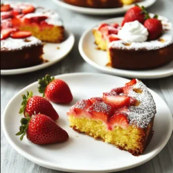 - 1 ½ cups fresh strawberries - ½ cup low-fat Greek yogurt - 1 ½ cups whole wheat flour - 1 teaspoon baking powder - ½ teaspoon baking soda - ¼ teaspoon salt - ½ cup unsweetened applesauce - ½ cup honey or pure maple syrup - 2 large eggs - 1 teaspoon vanilla extract - Optional: Powdered sugar for dusting Using fresh ingredients is key for a tasty cake. Fresh strawberries bring bright flavor and color. The low-fat Greek yogurt adds moisture and protein. Whole wheat flour gives the cake a nice texture. It also makes it a bit healthier. Baking powder and baking soda help the cake rise. Salt balances the sweetness and enhances flavor. Applesauce replaces oil or butter, keeping it light. Honey or maple syrup adds natural sweetness. The eggs help bind everything together and add richness. Finally, vanilla extract rounds out the flavors. You can dust the top with powdered sugar for a pretty finish. The ingredients work together to create a cake that is simple, healthy, and delicious. For the complete recipe, check the full recipe section. - Preheat oven to 350°F (175°C) - Grease and dust an 8-inch round cake pan To start, I preheat my oven to 350°F. This step is key to getting the cake to rise well. While the oven heats, I prepare my cake pan. I grease it with a little oil or butter. Then, I dust it with flour to help the cake come out easily after baking. - Combine whole wheat flour, baking powder, baking soda, and salt Next, I mix my dry ingredients. In a medium bowl, I combine 1 ½ cups of whole wheat flour, 1 teaspoon of baking powder, ½ teaspoon of baking soda, and ¼ teaspoon of salt. I whisk these together well. This mix gives the cake a nice rise and keeps it light. - Beat unsweetened applesauce, honey (or maple syrup), eggs, and vanilla extract In a separate large bowl, I focus on my wet ingredients. I beat together ½ cup of unsweetened applesauce, ½ cup of honey (or maple syrup), 2 large eggs, and 1 teaspoon of vanilla extract. I use an electric mixer, but a whisk works too. I mix until everything is smooth and well combined. - Gently fold dry mix into wet mix - Incorporate low-fat Greek yogurt and sliced strawberries Now, it's time to combine the two mixes. I gently fold the dry mix into the wet mix. I do this slowly to avoid overmixing, which can make the cake tough. Next, I add ½ cup of low-fat Greek yogurt. This gives the cake moisture and flavor. Then, I fold in 1 ½ cups of sliced strawberries, saving some for later. - Pour batter into the prepared pan - Bake for 25-30 minutes, check doneness with a toothpick Once the batter is ready, I pour it into my prepared pan. I spread it evenly using a spatula. Then, I place it in the oven to bake for 25-30 minutes. I check for doneness by inserting a toothpick into the center. If it comes out clean or with just a few crumbs, the cake is ready! - Cool in the pan for 10 minutes, then transfer to a wire rack - Optional: Dust with powdered sugar and add strawberry garnish After baking, I take the cake out and let it cool in the pan for about 10 minutes. This makes it easier to remove. Then, I transfer it to a wire rack to cool completely. For a little fun, I dust the top with powdered sugar and add some fresh strawberries for garnish. This makes the cake look pretty and inviting. Enjoy this lovely treat! For the full recipe, check out the earlier section. To get the best texture, avoid overmixing the batter. Mixing too much can make the cake tough. When you combine the wet and dry ingredients, mix gently until they are just blended. This keeps the cake light and fluffy. Check for doneness by inserting a toothpick into the center of the cake. If it comes out clean with a few crumbs, your cake is ready. If it has wet batter on it, bake for a few more minutes. You can swap out regular sugar with alternative sweeteners like honey or pure maple syrup. These options add sweetness without all the extra calories. They also bring a unique flavor to the cake. Greek yogurt is different from regular yogurt. It is thicker and has more protein. Using Greek yogurt in this cake makes it moist and adds a creamy texture. Regular yogurt is fine, but it won't give the same richness. For a beautiful presentation, top the cake with fresh strawberries. You can arrange them in a pattern or simply scatter them on top. This adds a pop of color and makes it look appetizing. You can also serve each slice with a dollop of whipped Greek yogurt. This makes each bite creamy and adds a nice touch. Plus, it pairs well with the fresh strawberries on top. {{image_4}} You can make this cake even more fun by adding flavors. Try adding lemon zest for a fresh twist. It brightens the cake and pairs well with strawberries. You can also add fruit purées like mango or peach for a unique taste. Adjusting the sweetness is easy too. If you want a less sweet cake, cut back on the honey or maple syrup. This will let the natural strawberry flavor shine more. For a gluten-free version, swap the whole wheat flour for almond or coconut flour. Almond flour gives a rich taste and a moist texture. Coconut flour is lighter but absorbs more moisture. If you use coconut flour, add an extra egg or more yogurt to keep the cake moist. Both options will create a delicious and fluffy cake. To make this cake vegan, you need to replace the eggs. You can use flax eggs or chia seeds mixed with water. For each egg, mix one tablespoon of ground flaxseed or chia seeds with three tablespoons of water. Let it sit until it thickens. For yogurt, you can use plant-based yogurt like almond or coconut yogurt. This way, everyone can enjoy this tasty treat! To keep your cake moist, wrap it well. Use plastic wrap or foil. Place it in an airtight container. This helps seal in the freshness. Store it in the fridge for up to five days. The cooler air keeps the cake tasty and soft. If you want to save some for later, freezing works great. Slice the cake into pieces. Wrap each slice in plastic wrap tightly. Then, put them in a freezer bag. This helps prevent freezer burn. You can freeze the cake for up to three months. When you're ready to eat, thaw the cake in the fridge overnight. For a quicker method, leave it on the counter for a few hours. This keeps the texture nice and fluffy. To enjoy the cake warm, use an oven or microwave. If using an oven, preheat it to 350°F (175°C). Place the slice on a baking sheet. Heat for about 10 minutes. This way, the cake regains its soft texture. If you prefer the microwave, warm it for about 15-20 seconds. Check often to avoid overheating. The cake should be warm but not hot. This keeps all the flavors intact. To make a healthier strawberry cake, consider these options: - Use whole wheat flour instead of white flour. - Replace sugar with honey or maple syrup. - Add unsweetened applesauce to cut fat. - Use low-fat Greek yogurt for creaminess. These swaps help lower calories and sugar while keeping the cake moist and tasty. Each choice adds fiber and nutrients, making your dessert a better option. Yes, you can use frozen strawberries! However, they may change the cake's texture and flavor. Frozen strawberries have more moisture. This can lead to a denser cake. Thaw and drain them before mixing in. This way, your cake stays light and fluffy. This cake lasts about 3 to 5 days in the refrigerator. Store it in an airtight container to keep it fresh. You can also freeze it for longer storage. Wrapped well, it can last up to 3 months in the freezer. Pair your skinny strawberry cake with these tasty options: - Whipped Greek yogurt for a creamy touch. - Fresh strawberries for added flavor. - A drizzle of honey or maple syrup for sweetness. - A scoop of low-fat ice cream for fun. These toppings add extra flavor and make the cake even better. To help your cake rise, follow these tips: - Preheat your oven to the right temperature. - Use fresh baking powder and baking soda. - Measure ingredients accurately for the best results. - Avoid overmixing the batter. This can make it dense. These steps ensure a fluffy, well-risen cake every time. For the full recipe, check out the details above. This blog post covered everything you need to create a healthy strawberry cake. You learned about the fresh, dry, and wet ingredients to use, plus detailed steps to bake perfectly. I shared helpful tips for success, variations for different diets, and how to store your cake. Making this cake is simple and fun! You’ll enjoy a delicious treat without feeling guilty. Baking can be an exciting journey, so don’t hesitate to explore your own twists on this recipe. Happy baking!