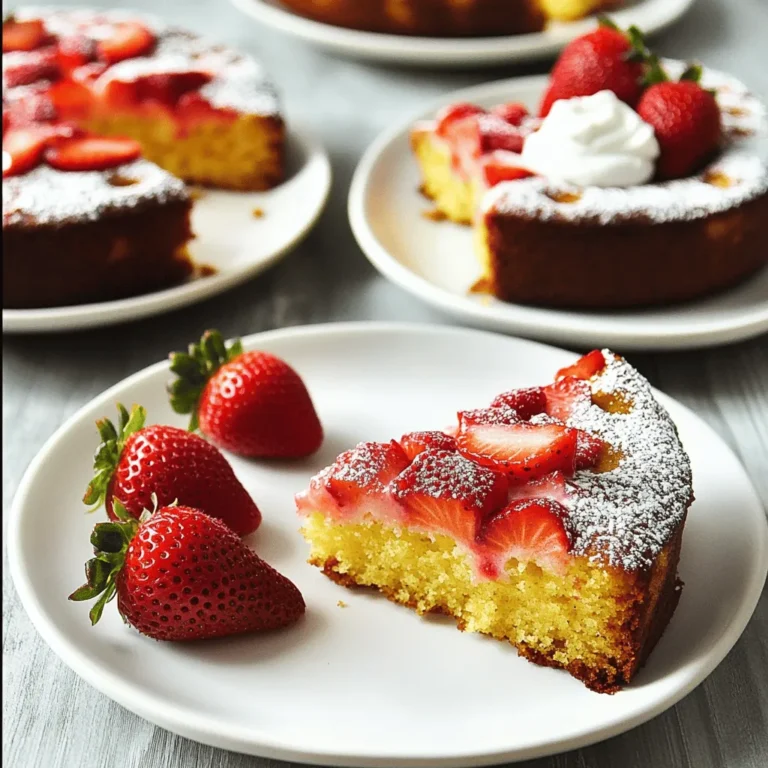 - 1 ½ cups fresh strawberries - ½ cup low-fat Greek yogurt - 1 ½ cups whole wheat flour - 1 teaspoon baking powder - ½ teaspoon baking soda - ¼ teaspoon salt - ½ cup unsweetened applesauce - ½ cup honey or pure maple syrup - 2 large eggs - 1 teaspoon vanilla extract - Optional: Powdered sugar for dusting Using fresh ingredients is key for a tasty cake. Fresh strawberries bring bright flavor and color. The low-fat Greek yogurt adds moisture and protein. Whole wheat flour gives the cake a nice texture. It also makes it a bit healthier. Baking powder and baking soda help the cake rise. Salt balances the sweetness and enhances flavor. Applesauce replaces oil or butter, keeping it light. Honey or maple syrup adds natural sweetness. The eggs help bind everything together and add richness. Finally, vanilla extract rounds out the flavors. You can dust the top with powdered sugar for a pretty finish. The ingredients work together to create a cake that is simple, healthy, and delicious. For the complete recipe, check the full recipe section. - Preheat oven to 350°F (175°C) - Grease and dust an 8-inch round cake pan To start, I preheat my oven to 350°F. This step is key to getting the cake to rise well. While the oven heats, I prepare my cake pan. I grease it with a little oil or butter. Then, I dust it with flour to help the cake come out easily after baking. - Combine whole wheat flour, baking powder, baking soda, and salt Next, I mix my dry ingredients. In a medium bowl, I combine 1 ½ cups of whole wheat flour, 1 teaspoon of baking powder, ½ teaspoon of baking soda, and ¼ teaspoon of salt. I whisk these together well. This mix gives the cake a nice rise and keeps it light. - Beat unsweetened applesauce, honey (or maple syrup), eggs, and vanilla extract In a separate large bowl, I focus on my wet ingredients. I beat together ½ cup of unsweetened applesauce, ½ cup of honey (or maple syrup), 2 large eggs, and 1 teaspoon of vanilla extract. I use an electric mixer, but a whisk works too. I mix until everything is smooth and well combined. - Gently fold dry mix into wet mix - Incorporate low-fat Greek yogurt and sliced strawberries Now, it's time to combine the two mixes. I gently fold the dry mix into the wet mix. I do this slowly to avoid overmixing, which can make the cake tough. Next, I add ½ cup of low-fat Greek yogurt. This gives the cake moisture and flavor. Then, I fold in 1 ½ cups of sliced strawberries, saving some for later. - Pour batter into the prepared pan - Bake for 25-30 minutes, check doneness with a toothpick Once the batter is ready, I pour it into my prepared pan. I spread it evenly using a spatula. Then, I place it in the oven to bake for 25-30 minutes. I check for doneness by inserting a toothpick into the center. If it comes out clean or with just a few crumbs, the cake is ready! - Cool in the pan for 10 minutes, then transfer to a wire rack - Optional: Dust with powdered sugar and add strawberry garnish After baking, I take the cake out and let it cool in the pan for about 10 minutes. This makes it easier to remove. Then, I transfer it to a wire rack to cool completely. For a little fun, I dust the top with powdered sugar and add some fresh strawberries for garnish. This makes the cake look pretty and inviting. Enjoy this lovely treat! For the full recipe, check out the earlier section. To get the best texture, avoid overmixing the batter. Mixing too much can make the cake tough. When you combine the wet and dry ingredients, mix gently until they are just blended. This keeps the cake light and fluffy. Check for doneness by inserting a toothpick into the center of the cake. If it comes out clean with a few crumbs, your cake is ready. If it has wet batter on it, bake for a few more minutes. You can swap out regular sugar with alternative sweeteners like honey or pure maple syrup. These options add sweetness without all the extra calories. They also bring a unique flavor to the cake. Greek yogurt is different from regular yogurt. It is thicker and has more protein. Using Greek yogurt in this cake makes it moist and adds a creamy texture. Regular yogurt is fine, but it won't give the same richness. For a beautiful presentation, top the cake with fresh strawberries. You can arrange them in a pattern or simply scatter them on top. This adds a pop of color and makes it look appetizing. You can also serve each slice with a dollop of whipped Greek yogurt. This makes each bite creamy and adds a nice touch. Plus, it pairs well with the fresh strawberries on top. {{image_4}} You can make this cake even more fun by adding flavors. Try adding lemon zest for a fresh twist. It brightens the cake and pairs well with strawberries. You can also add fruit purées like mango or peach for a unique taste. Adjusting the sweetness is easy too. If you want a less sweet cake, cut back on the honey or maple syrup. This will let the natural strawberry flavor shine more. For a gluten-free version, swap the whole wheat flour for almond or coconut flour. Almond flour gives a rich taste and a moist texture. Coconut flour is lighter but absorbs more moisture. If you use coconut flour, add an extra egg or more yogurt to keep the cake moist. Both options will create a delicious and fluffy cake. To make this cake vegan, you need to replace the eggs. You can use flax eggs or chia seeds mixed with water. For each egg, mix one tablespoon of ground flaxseed or chia seeds with three tablespoons of water. Let it sit until it thickens. For yogurt, you can use plant-based yogurt like almond or coconut yogurt. This way, everyone can enjoy this tasty treat! To keep your cake moist, wrap it well. Use plastic wrap or foil. Place it in an airtight container. This helps seal in the freshness. Store it in the fridge for up to five days. The cooler air keeps the cake tasty and soft. If you want to save some for later, freezing works great. Slice the cake into pieces. Wrap each slice in plastic wrap tightly. Then, put them in a freezer bag. This helps prevent freezer burn. You can freeze the cake for up to three months. When you're ready to eat, thaw the cake in the fridge overnight. For a quicker method, leave it on the counter for a few hours. This keeps the texture nice and fluffy. To enjoy the cake warm, use an oven or microwave. If using an oven, preheat it to 350°F (175°C). Place the slice on a baking sheet. Heat for about 10 minutes. This way, the cake regains its soft texture. If you prefer the microwave, warm it for about 15-20 seconds. Check often to avoid overheating. The cake should be warm but not hot. This keeps all the flavors intact. To make a healthier strawberry cake, consider these options: - Use whole wheat flour instead of white flour. - Replace sugar with honey or maple syrup. - Add unsweetened applesauce to cut fat. - Use low-fat Greek yogurt for creaminess. These swaps help lower calories and sugar while keeping the cake moist and tasty. Each choice adds fiber and nutrients, making your dessert a better option. Yes, you can use frozen strawberries! However, they may change the cake's texture and flavor. Frozen strawberries have more moisture. This can lead to a denser cake. Thaw and drain them before mixing in. This way, your cake stays light and fluffy. This cake lasts about 3 to 5 days in the refrigerator. Store it in an airtight container to keep it fresh. You can also freeze it for longer storage. Wrapped well, it can last up to 3 months in the freezer. Pair your skinny strawberry cake with these tasty options: - Whipped Greek yogurt for a creamy touch. - Fresh strawberries for added flavor. - A drizzle of honey or maple syrup for sweetness. - A scoop of low-fat ice cream for fun. These toppings add extra flavor and make the cake even better. To help your cake rise, follow these tips: - Preheat your oven to the right temperature. - Use fresh baking powder and baking soda. - Measure ingredients accurately for the best results. - Avoid overmixing the batter. This can make it dense. These steps ensure a fluffy, well-risen cake every time. For the full recipe, check out the details above. This blog post covered everything you need to create a healthy strawberry cake. You learned about the fresh, dry, and wet ingredients to use, plus detailed steps to bake perfectly. I shared helpful tips for success, variations for different diets, and how to store your cake. Making this cake is simple and fun! You’ll enjoy a delicious treat without feeling guilty. Baking can be an exciting journey, so don’t hesitate to explore your own twists on this recipe. Happy baking!