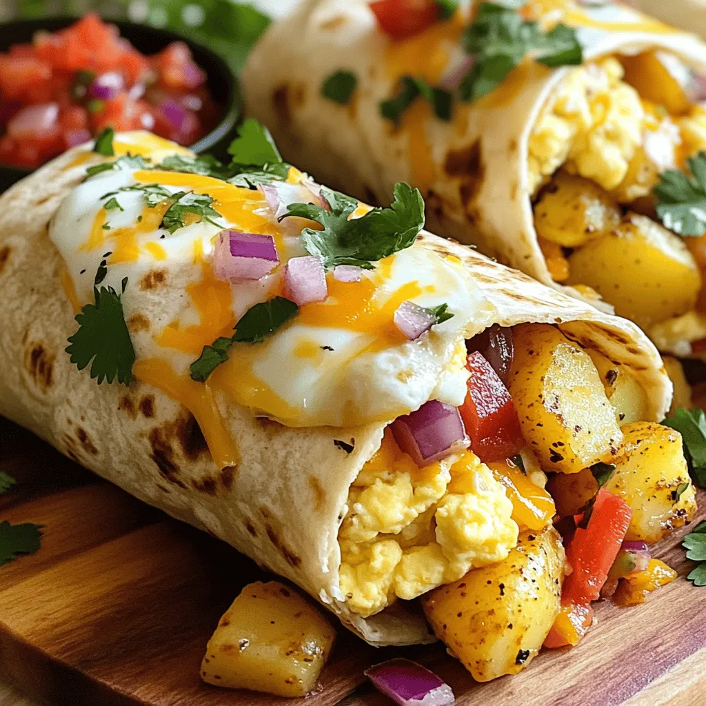 To make tasty breakfast burritos with potatoes and eggs, gather these ingredients: - 4 large eggs - 2 medium-sized potatoes, peeled and diced - 1 small red onion, finely chopped - 1 red bell pepper, diced - 1 cup shredded cheese (cheddar or pepper jack) - 4 large flour tortillas - 1 tablespoon olive oil - 1 teaspoon ground cumin - 1 teaspoon smoked paprika - Salt and black pepper, to taste - Fresh cilantro, chopped (for garnish) - Salsa or hot sauce (for serving) These ingredients blend together to create a delicious breakfast. The potatoes add a hearty touch, while the eggs bring a lovely fluffiness. The spice from cumin and paprika gives a warm flavor that you will love. Don't forget the cheese! It melts beautifully and brings everything together. You can find the full recipe [here](#). To start, you need to cook the potatoes. Fill a medium pot with cold water. Add a good pinch of salt to the water. This will help to flavor the potatoes. Bring the water to a boil. Once boiling, add the diced potatoes. Cook them for about 10 minutes, or until tender. You can check by poking them with a fork. After cooking, drain the potatoes and let them cool a bit. Heat your olive oil in a large skillet over medium heat. You want the oil hot enough to sizzle when you add the veggies. Add the chopped onion and diced pepper to the skillet. Stir them for about 3-4 minutes. You want them soft and fragrant. This step builds great flavor. Next, crack your eggs into a bowl. Whisk them well until frothy. Add the ground cumin, smoked paprika, salt, and pepper. Mix until everything is combined. Pour this mixture into the skillet with the veggies. Cook gently, stirring with a spatula. Scramble the eggs until just set, which takes about 3-5 minutes. Now, it’s time to mix everything. Gently fold in the drained potatoes with the eggs and veggies. Stir until well combined and heated through. Add half of the shredded cheese to the mix. Stir until it melts and blends in nicely. This adds creaminess to your filling. Take a flour tortilla and lay it flat. Spoon a good amount of the egg and potato mix in the center. Don’t forget to sprinkle some remaining cheese on top. Fold in the sides of the tortilla first. Then, roll it tightly from the bottom up. This helps keep all the filling inside. Repeat with the rest of the tortillas. Clean the skillet and set it back on medium-high heat. Place the burritos seam-side down into the skillet. Toast them for about 2-3 minutes on each side. You want them to turn a nice golden brown color and get crispy. This step adds a satisfying crunch to your burritos. For the full recipe, click [Full Recipe]. - Achieving the Best Flavor Combinations Start with fresh ingredients. Use ripe vegetables for sweetness. The spices, like cumin and paprika, add depth. Don’t skip the cheese; it brings creaminess. Mix everything while cooking to blend flavors well. - How to Avoid Soggy Burritos Drain the potatoes well after cooking. Ensure the veggie mix is not too wet. Use a good tortilla that can hold the filling. Toast the burritos in a hot pan for crispiness. Serve them right away to keep them warm. - Dairy-Free Alternatives Swap cheese with dairy-free options like cashew cheese. Use nut milk instead of regular milk in the egg mix. Nutritional yeast adds a cheesy flavor without dairy. - Vegan Options Replace eggs with tofu or chickpea flour. Cook them just like scrambled eggs. Use plant-based cheese for a creamy texture. You can also add more veggies for a hearty meal. - Best Sides to Serve with Breakfast Burritos Fresh fruit adds a sweet touch. A simple green salad brightens the plate. Serve with crispy hash browns for extra crunch. - Creative Toppings and Garnishes Try avocado slices for creaminess. Add a dollop of sour cream for tang. Fresh salsa or pico de gallo gives it a kick. Chopped cilantro adds flavor and color to your burrito. For the full recipe, check the complete guide to create your perfect breakfast burritos. {{image_4}} You can make tasty vegetarian breakfast burritos by adding more vegetables. Try zucchini, spinach, or mushrooms for extra flavor. These veggies add color and nutrients. To customize for dietary needs, swap the eggs for scrambled tofu. This gives you a plant-based option that still feels hearty. Always check labels if you are gluten-free or dairy-free. Want more protein? Add crispy bacon or sausage to your burritos. Cook them in the same skillet before adding your veggies. You can also try turkey bacon for a lighter choice. If you follow a different diet, consider beans or lentils. These options pack protein and fiber into your meal. To bring heat to your dish, add diced jalapeños or a dash of cayenne pepper. This gives your burritos a nice kick. For a flavor boost, try spices like chili powder or onion powder. Experiment with your favorite spices to make the burritos your own. Adjust the heat level to match your taste. For the complete recipe, refer to the [Full Recipe]. To keep your leftover burritos fresh, wrap them tightly in foil or plastic wrap. Place them in an airtight container. This method helps prevent moisture loss and keeps them tasty. You can store them in the fridge. Leftover burritos stay good for about 3 to 4 days. If you want to save burritos for later, freezing is a great option. First, let them cool completely. Then, wrap each burrito in foil or plastic wrap. Place the wrapped burritos in a freezer-safe bag. Seal it tight to keep out air. Frozen burritos can last for up to 2 to 3 months. To thaw, take a burrito out of the freezer. Put it in the fridge overnight or use the microwave. If using the microwave, set it on defrost. To reheat burritos without losing their crunch, you have a few options. The best method is to use a skillet. Heat the skillet over medium heat. Place the burrito in the skillet for about 5 to 7 minutes. Flip it halfway to get both sides warm and crisp. You can also use the oven. Preheat it to 350°F (175°C). Wrap the burrito in foil and bake for 15 to 20 minutes. This method keeps the filling warm and prevents dryness. Avoid reheating in the microwave unless you're in a hurry. If you do, use a damp paper towel. This helps keep the burrito from drying out. To make gluten-free breakfast burritos, choose gluten-free tortillas. Many brands offer tasty options. You can find them at most grocery stores. Just follow the same steps as you would with regular tortillas. Make sure all ingredients are gluten-free. This way, everyone can enjoy them! Yes, you can use other types of cheese. Try mozzarella, feta, or even goat cheese. Each cheese brings a unique flavor. Use what you like best! Just make sure it melts well for a creamy texture. The best way to reheat breakfast burritos is in the oven. Preheat it to 350°F (175°C). Wrap the burritos in foil to keep them moist. Heat for about 15-20 minutes. You can also use a microwave. This is quick but may make them a bit soggy. To make breakfast burritos ahead of time, prepare the filling first. Then, assemble the burritos. Wrap them tightly in foil or plastic wrap. Store them in the fridge for up to three days. They’re great for quick breakfasts! Good toppings for breakfast burritos include sour cream, guacamole, and salsa. Fresh cilantro and green onions add great flavor. You can also sprinkle hot sauce for some heat. Choose your favorites for a tasty touch! Yes, breakfast burritos can be made in advance. Follow the steps for making them. Store them in the fridge or freezer. Just reheat when you’re ready to eat. This makes breakfast easy and fun! For the full recipe, check out the Breakfast Burritos with Potatoes and Eggs 🥔 section. In this post, I covered how to make tasty breakfast burritos with easy steps. You learned about the key ingredients and how to prepare each one. I shared tips for storing and reheating your burritos for the best taste. Breakfast burritos are fun to make and customize. Explore different flavors and fillings to suit your taste. With practice, you can master your own perfect burrito. Enjoy your cooking journey and make delicious meals!