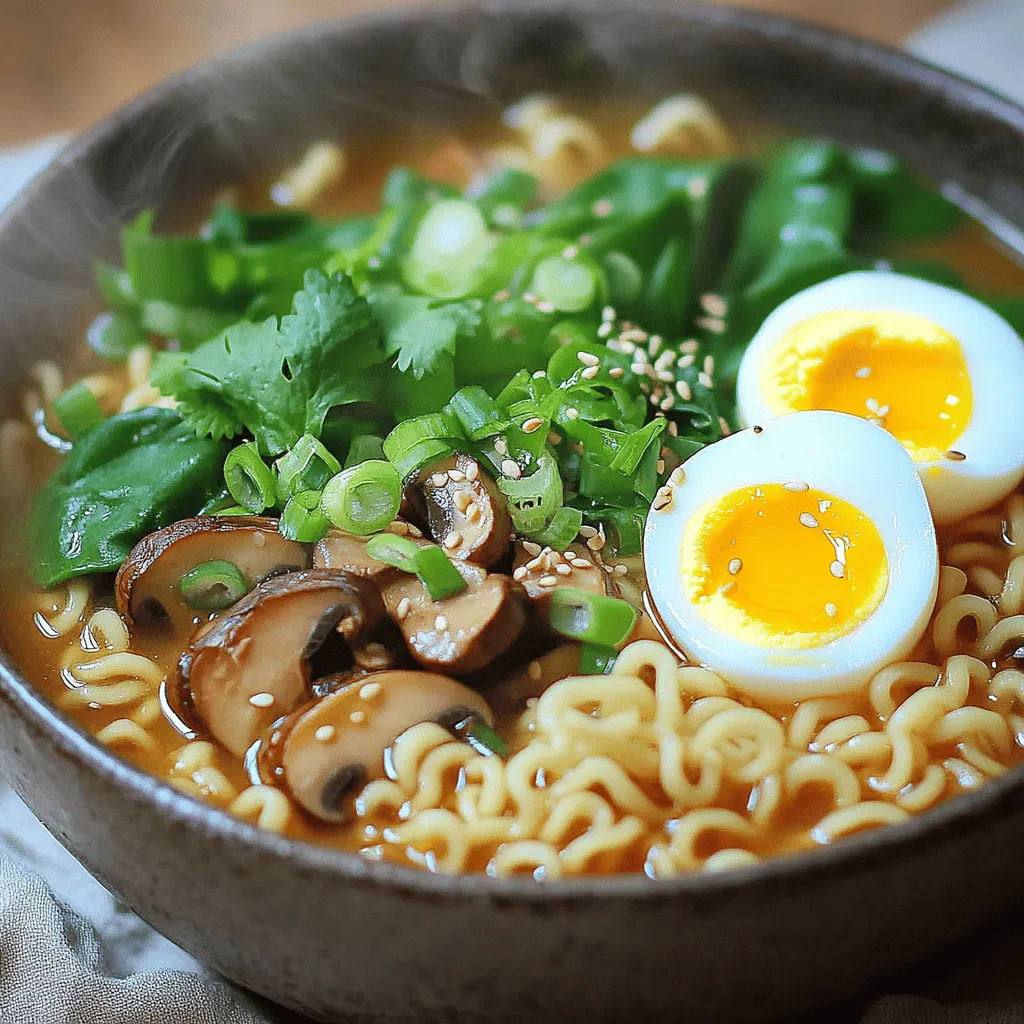 - 200g ramen noodles - 200g mixed mushrooms (shiitake, portobello, and enoki), sliced - 1 tablespoon sesame oil - 3 garlic cloves, minced - 1 inch ginger, grated - 4 cups vegetable broth - 2 tablespoons soy sauce - 1 tablespoon miso paste - 1 teaspoon chili paste (adjust to taste) - 1 cup baby spinach - 1 boiled egg (soft or hard, depending on preference), halved - 2 green onions, sliced - Sesame seeds, for garnish - Fresh cilantro, for garnish - Pot for cooking - Strainer for noodles - Knife and cutting board When I prepare savory Asian mushroom ramen, I gather these ingredients first. The ramen noodles serve as the base. Mixed mushrooms add a rich umami taste, while garlic and ginger bring warmth. The broth is key to making this dish flavorful. I also suggest toppings for extra flavor and texture. A boiled egg adds creaminess, while green onions and sesame seeds provide crunch. Fresh cilantro brightens the dish. For equipment, having a good pot is essential for cooking the ramen. A strainer helps drain the noodles. A knife and cutting board make chopping easy. To see the full recipe, check out the detailed instructions. Enjoy your cooking adventure! Start by cooking the ramen noodles according to the package instructions. This usually takes about 3-5 minutes. Once they are cooked, drain them well. Rinse the noodles under cold water to stop the cooking process. This step helps keep them firm. Set the noodles aside for later. Next, heat 1 tablespoon of sesame oil in a large pot over medium heat. Once the oil is hot, add 3 minced garlic cloves and 1 inch of grated ginger. Stir them together. Cook for about 1-2 minutes until they smell great and turn golden. This adds a lot of flavor to your dish. Now, toss in 200 grams of mixed mushrooms, like shiitake and portobello. Stir them well and cook for about 5-7 minutes. You want the mushrooms to soften and release their moisture. This step brings out their rich flavor. Pour in 4 cups of vegetable broth along with 2 tablespoons of soy sauce, 1 tablespoon of miso paste, and 1 teaspoon of chili paste. Mix everything well. Bring the broth to a boil. Then, lower the heat and let it simmer for about 10 minutes. This helps all the flavors blend nicely. After simmering, gently fold in 1 cup of baby spinach and the cooked ramen noodles. Stir carefully to combine everything. Heat it all through for 3-4 minutes. The spinach will wilt, and the noodles will soak up the broth's flavor. Once heated, remove the pot from the heat. Ladle your savory ramen into deep bowls. Top each bowl with a halved boiled egg, sliced green onions, and a sprinkle of sesame seeds. For a bright touch, finish with fresh cilantro. It makes the dish look great and adds more flavor. For a full recipe, check the instructions above. To make your ramen taste amazing, start with high-quality broth. A rich vegetable broth gives depth. You can use store-bought or make your own. Just remember, the broth is the heart of the dish. Adjust the spice levels to your liking. If you want more heat, add chili paste. Start with a little and taste as you go. This way, you get the perfect balance without overpowering the flavors. Cooking noodles al dente is key. Follow the package instructions, but check a minute early. You want the noodles firm, not mushy. Rinse them under cold water after cooking. This stops the cooking process and helps keep them chewy. For mushrooms, sauté them until they are tender. This usually takes about 5 to 7 minutes. Stir often to prevent sticking. The goal is to bring out their rich flavor without losing their texture. For a beautiful dish, arrange your toppings with care. Place the boiled egg halves on top of the noodles. Add green onions and sesame seeds around them. This makes each bowl look inviting and colorful. Using contrasting colors is also important. The vibrant green of spinach against the dark broth is eye-catching. A sprinkle of fresh cilantro adds a pop of color and flavor. This makes your ramen not just tasty, but visually appealing too. For the full recipe, check out the detailed instructions. {{image_4}} You can easily boost your ramen's protein. Here are two great options: - Adding tofu: Firm tofu works well. Cut it into cubes and sauté before adding it to your soup. This adds texture and protein. - Chicken or beef options: For meat lovers, grilled chicken or thinly sliced beef adds a hearty touch. Cook the meat separately and mix it in just before serving. Want a plant-based bowl? You can make simple swaps: - Substituting ingredients to stay plant-based: Use vegetable broth and skip the egg. Add more veggies instead, like carrots or bell peppers. - Alternative broths: Try miso broth for a richer flavor. Coconut milk can also create a creamy vegan soup. Ramen can change with the seasons. Here’s how: - Using seasonal vegetables: In spring, add fresh peas or asparagus. In fall, use pumpkin or squash for a cozy twist. - Adapting flavor profiles for different seasons: Use lighter flavors in summer, like basil or cilantro. In winter, add warming spices like cinnamon or nutmeg for comfort. You can find the full recipe for these savory Asian mushroom ramen noodles [Full Recipe]. To keep your Asian mushroom ramen fresh, store leftovers in an airtight container. It is best to separate the noodles from the broth. This way, the noodles stay firm and do not get mushy. Place the broth in another container. Store both in the fridge for up to three days. When reheating, use a pot over medium heat. Pour the broth in and add the noodles. Stir gently until heated through. To avoid mushy noodles, do not boil them again. Heat just until warm. You can also use the microwave, but do it in short bursts. This keeps the noodles from overcooking. If you want to freeze portions, pack the noodles and broth separately. Use freezer-safe bags or containers. This way, they can last up to three months. When ready to eat, thaw the broth in the fridge overnight. Reheat it in a pot and add the noodles. This method keeps the texture of the noodles nice. For the full recipe, check out the detailed steps above. Yes, you can. Instant ramen cooks faster than fresh ramen. You will need to adjust the cooking time. Instant noodles usually take about 3-5 minutes. They may also have a softer texture compared to traditional ramen. If you prefer a chewier bite, stick with fresh ramen. To add heat, try these options: - Chili oil: Drizzle some on top before serving. - Fresh chilies: Slice and add them to the broth. - Sriracha: Stir it in for a tangy kick. You can also increase the chili paste in the recipe for more spice. Some great options include: - Shiitake: Rich and meaty flavor. - Portobello: Earthy and hearty texture. - Enoki: Delicate and slightly crunchy. These mushrooms add depth and umami to your ramen. Yes, you can! Look for gluten-free noodles made from rice or buckwheat. For the broth, check that your soy sauce is gluten-free. Tamari is a good option. This way, you keep the flavor but avoid gluten. You can boost umami with these ingredients: - Miso paste: Adds a savory depth. - Nutritional yeast: Gives a cheesy, nutty flavor. - Dried mushrooms: Add them to the broth for extra richness. These additions will make your ramen even more delicious. For the full recipe, see the detailed guide above. To make a delicious ramen, gather your main ingredients: noodles, mushrooms, garlic, and broth. Follow the step-by-step instructions for cooking and combining them. Enhance flavor with tips, try variations with proteins, and store leftovers properly. You can customize this dish for any taste. With these guidelines, you can create a tasty bowl of ramen. Enjoy your cooking adventure, and share your tasty results with others!