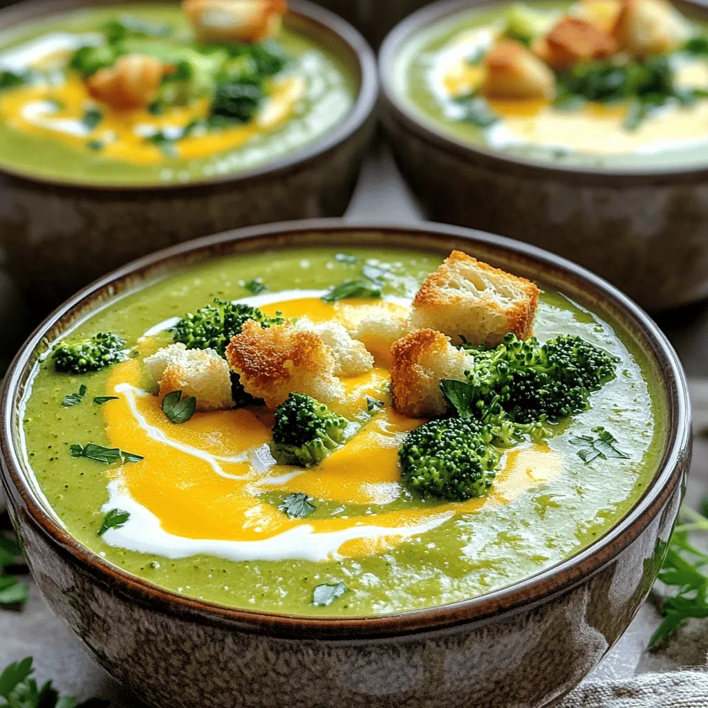 - 6 cups fresh broccoli florets - 1 medium onion, finely diced - 2 cloves garlic, minced - 4 cups vegetable broth - 2 cups sharp cheddar cheese, shredded - 1 cup heavy cream - 2 tablespoons olive oil Fresh broccoli florets are the star of this dish. They add a vibrant color and packed nutrients. I like to use a medium onion to bring sweetness and depth. Minced garlic adds a warm, aromatic touch. For the broth, vegetable broth works great, enhancing the flavors. Sharp cheddar cheese provides that rich, cheesy goodness. Heavy cream gives the soup a nice, silky texture. - 1 teaspoon paprika - 1 teaspoon salt - ½ teaspoon black pepper - ½ teaspoon nutmeg - Optional spices for added flavor Seasoning is key to making this soup pop. I use paprika for a mild smokiness. Salt and black pepper balance the flavors. Nutmeg rounds it off with a touch of warmth. Feel free to add optional spices, like cayenne or herbs, to suit your taste. - Croutons - Fresh parsley and other toppings Garnishing your soup makes it visually appealing. Croutons add a delightful crunch. Fresh parsley gives a pop of color and freshness. You can also try adding a drizzle of cream for a fancy touch. These garnishes elevate your soup from good to great! For the full recipe, check out the details in the article. Sautéing onions and garlic Start by heating 2 tablespoons of olive oil in a skillet over medium heat. Add 1 medium onion, finely diced. Cook for about 5 minutes. You want the onion to look clear and soft. Then, stir in 2 minced garlic cloves. Cook for 1 to 2 minutes more. The smell will be amazing! Preparing the broccoli While the onion and garlic cook, wash 6 cups of fresh broccoli florets. Cut them into smaller pieces if needed. This helps the broccoli cook evenly and blend well later. Layering and adding broth In your slow cooker, place the broccoli florets first. Spread the sautéed onion and garlic on top of the broccoli. Pour in 4 cups of vegetable broth. Make sure everything is covered with broth. Incorporating seasonings Sprinkle in 1 teaspoon of paprika, 1 teaspoon of salt, ½ teaspoon of black pepper, and ½ teaspoon of nutmeg. Gently stir to mix everything well. This step adds so much flavor! Choosing settings: low vs. high Cover the slow cooker and pick your cooking setting. You can choose low for 4 to 5 hours or high for 2 to 3 hours. Both will work well. Cooking time details Check the broccoli after the cooking time. It should be fork-tender and ready to blend. If it needs more time, just cook a bit longer. Using an immersion blender Once the soup is ready, use an immersion blender right in the slow cooker. This tool makes blending easy. Blend until the soup is smooth and creamy. Traditional blender alternative If you don’t have an immersion blender, pour the soup into a traditional blender in batches. Blend each batch until it’s silky. Be careful with hot soup! After blending, return the soup to the slow cooker. Now, stir in 1 cup of heavy cream and 2 cups of shredded sharp cheddar cheese. Mix until the cheese melts. Taste the soup and adjust the seasoning if needed. Let it cook on low for another 30 minutes. This allows the flavors to mix perfectly. To get that perfect creamy texture, blending is key. I prefer using an immersion blender right in the slow cooker. This method is easy and keeps cleanup minimal. Blend until the soup is smooth. If you want a chunkier texture, blend just half of the soup. If your soup is too thick, simply add more vegetable broth. Stir it in slowly until you reach your desired consistency. For a thicker soup, let it cook longer without the lid. This helps the soup reduce and become richer. To give your soup a flavor boost, experiment with spices and herbs. Add a pinch of garlic powder or a dash of cayenne for heat. Fresh herbs like thyme or basil also work wonders. Just remember to add these toward the end of cooking for the best flavor. Switching up the cheese can make a big difference too. While sharp cheddar is classic, try Gruyère or a blend of cheeses for added depth. Mixing cheeses can give your soup a unique touch. Serving your soup well makes it even more enjoyable. Use rustic bowls to create a warm feel. Top each bowl with crunchy croutons and fresh parsley for color. You can also drizzle a bit of heavy cream on top for a lovely finish. For a fun twist, consider adding some crispy bacon bits or a sprinkle of chili flakes. These garnishes add texture and visual appeal. They also invite everyone to dive right in! {{image_4}} You can make your broccoli cheese soup heartier by adding protein. Chicken is a great choice. Simply cook and shred it before mixing it into the soup. This adds flavor and keeps you full. If you prefer a plant-based option, use beans. White beans or chickpeas work well. They add a nice texture and protein too. You can mix them in during the last 30 minutes of cooking. Feel free to mix other green vegetables into your soup. Spinach or kale can add color and nutrients. Just chop them up and toss them in during the last hour of cooking. You can also adapt the soup to the seasons. In the fall, add squash or sweet potatoes. In the spring, try peas or asparagus for a fresh taste. You can adjust the creaminess to fit your needs. For a dairy-free version, use coconut milk or almond milk instead of heavy cream. This gives a nice flavor while keeping it creamy. If you want a lighter soup, reduce the cream or use half-and-half. This keeps the richness while cutting back on calories. For a thicker soup, use more cheese or add some cream cheese. This will enhance the flavor and texture. Try these variations in your slow cooker broccoli cheese soup for a fun twist! Explore the [Full Recipe] to get started. Store your leftover broccoli cheese soup in an airtight container. Make sure to let it cool first. This helps keep the flavors fresh. In the fridge, it lasts about 3 to 4 days. If you want to enjoy it later, double-check for any signs of spoilage before eating. Freezing this soup is a great option for long-term storage. First, let it cool completely. Then, pour it into freezer-safe containers. Leave a little space at the top for expansion. This soup can stay good for up to 3 months. When you're ready to eat it, move the container to the fridge overnight to defrost. For quick reheating, you can use the microwave or heat it on the stove over low heat. Portion the soup into single servings. This makes it easy to grab for lunch or dinner. Pair it with a simple salad or a slice of crusty bread for a full meal. You can also add some grilled cheese sandwiches on the side for a cozy touch. Keep your meal prep simple and fun! Check out the Full Recipe for more ideas on how to enjoy this creamy delight. Yes, you can use frozen broccoli. It saves time and effort. Frozen broccoli is cut and blanched before freezing. This helps it keep its color and nutrients. You do not need to thaw it before use. Just toss it into the slow cooker. However, note that frozen broccoli may have a softer texture after cooking. If your soup is too thick, add more broth or water. Start with a little at a time. Stir well and check the consistency. If it’s still thick, add more liquid until it reaches your desired texture. You can also blend in some extra cream for a richer taste. Yes, you can make this soup ahead. Cook it as directed and let it cool. Store it in an airtight container in the fridge for up to three days. To reheat, warm it on the stove or in the microwave. Stir well to combine. Crusty bread works well with this soup. Try sourdough or a hearty whole wheat loaf. You can also use soft rolls for a nice touch. Garlic bread is another tasty option. It adds flavor and crunch to each bite. Yes, you can make this soup vegan! Use plant-based cheese instead of dairy cheese. Swap heavy cream with coconut cream or cashew cream. Replace vegetable broth with homemade broth for extra flavor. These changes keep the soup creamy and delicious. You can find the full recipe [here]. This blog post outlined how to make a delicious broccoli cheese soup. We explored the key ingredients, from fresh broccoli to the right cheese. You learned about cooking in a slow cooker and blending to get the perfect texture. I shared tips for enhancing flavor and creative presentation. Finally, we discussed storage methods and tasty variations. This soup is easy to make and can fit many diets. Enjoy exploring all the options!