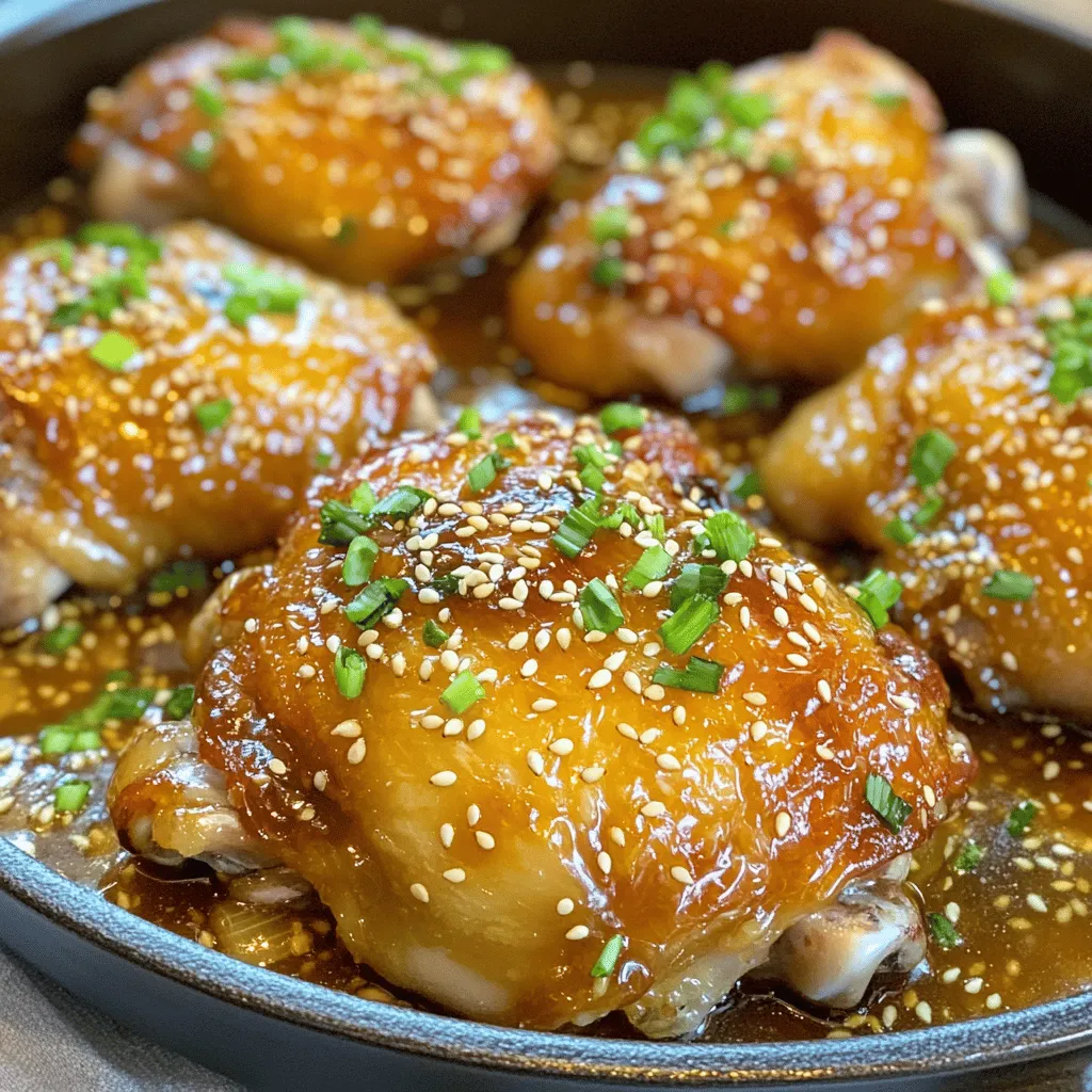 - 4 bone-in, skin-on chicken thighs - 1/4 cup honey - 4 cloves garlic, finely minced - 2 tablespoons soy sauce - 1 tablespoon apple cider vinegar - 1 teaspoon freshly grated ginger The main stars of this dish are the chicken thighs. I love using bone-in, skin-on thighs. They stay juicy and flavorful when cooked. Honey and soy sauce create a sweet and savory marinade. Garlic and ginger add depth to the flavor, making every bite delightful. - Salt and freshly ground black pepper, to taste - 2 tablespoons extra virgin olive oil - 1 teaspoon toasted sesame seeds (for garnish) - 2 tablespoons chopped green onions (for garnish) For added flavor, I use apple cider vinegar in the marinade. It balances the sweetness of honey. Seasoning the chicken with salt and pepper brings out the taste even more. Olive oil helps to sear the chicken nicely. Finally, garnishing with sesame seeds and green onions adds a pop of color and crunch. This dish is not just tasty; it looks great too. For the full recipe, check out the details and enjoy making this savory dish! 1. Start by preheating your oven to 400°F (200°C). This step is key for crispy skin. 2. In a bowl, mix honey, minced garlic, soy sauce, apple cider vinegar, and grated ginger. Whisk well to create a tasty marinade. 3. Rinse the chicken thighs under cold water. Pat them dry with paper towels. This helps the skin get crispy. 4. Season both sides of the chicken thighs with salt and freshly ground black pepper. This adds flavor to the meat. 1. Heat olive oil in a large, heavy ovenproof skillet over medium-high heat. Wait until the oil shimmers. 2. Carefully place the chicken thighs skin-side down in the skillet. Sear for 5-7 minutes until the skin is golden brown and crispy. 3. Flip the chicken thighs so the skin is facing up. Pour the marinade evenly over them. Make sure each piece is well-coated. 4. Transfer the skillet to your preheated oven. Bake for 25-30 minutes. The chicken is done when it reaches an internal temperature of 165°F (75°C). 1. Use a meat thermometer to check the internal temperature. This ensures your chicken is safe to eat. 2. For extra caramelization, switch the oven to broil for the last 2-3 minutes. Watch closely to avoid burning. 3. After baking, let the chicken rest for 5 minutes before serving. Resting keeps the meat juicy. 4. Just before serving, sprinkle toasted sesame seeds and chopped green onions on top for a nice finish. For a full recipe, check the complete instructions to ensure perfect results every time. To get crispy skin, start by drying the chicken well. This helps the skin crisp up nicely. I recommend using paper towels for the best results. Searing in a hot skillet is key. A cast iron or stainless steel skillet works great. These types heat evenly and give a nice brown color. For deeper flavor, marinate the chicken thighs for at least 30 minutes. You can even do it overnight for a richer taste. Adjust the sweetness or saltiness to fit your taste. If you like it sweeter, add more honey. For a saltier kick, increase the soy sauce. When serving, place the chicken on a large platter. Drizzle any leftover marinade over the top for extra flavor. Pair it with steamed rice or a fresh salad. For garnishing, sprinkle sesame seeds and green onions on top. This adds color and makes the dish look appealing. Enjoy your meal! {{image_4}} You can change the main protein in this dish. Chicken thighs are tasty, but chicken breasts work well too. Drumsticks can be used if you prefer dark meat with a bit more flavor. If you want to try something different, consider using tofu or shrimp. Tofu soaks up the honey garlic sauce and becomes very flavorful. Shrimp cooks quickly and pairs well with the sweet and savory glaze. You can make this dish even more exciting by adding spices. If you like heat, try adding chili flakes. This will give your chicken a nice kick. You can also experiment with different vinegars. Rice vinegar or balsamic vinegar can add a unique twist to the flavor. Each vinegar brings its own taste, so feel free to get creative. If you need a gluten-free option, look for gluten-free soy sauce. This allows you to enjoy the same great flavors without worry. For those watching sugar intake, you can use low-sugar honey or a sugar substitute. This way, you can keep the sweet flavor without the extra sugar. For the complete recipe, check out the [Full Recipe]. After cooking, let the honey garlic chicken thighs cool. This step is key to keeping them safe. Never store hot food right away. It can raise the fridge temperature and risk bacteria growth. Place the thighs on a plate or cutting board for about 30 minutes. Once cool, transfer the chicken to an airtight container. Airtight containers keep out air and moisture. You could also use vacuum sealing for longer storage. This method removes air, which helps avoid freezer burn. For best taste, eat leftovers within three days when stored in the fridge. Keep the chicken in the coldest part of your fridge. If you want to keep them longer, freezing is a great option. Use a freezer-safe bag or container. These can last up to three months in the freezer. To reheat, thaw the chicken overnight in the fridge. You can also use the microwave or oven. Heat until the chicken reaches an internal temperature of 165°F (75°C) for safety. Don't let those leftovers go to waste! You can use them in salads or wraps. Just chop the chicken and toss it with fresh greens and your choice of dressing. You can also make a quick stir-fry. Slice the chicken and add it to a pan with vegetables and rice. This way, you keep the honey garlic flavor while creating something new. For more ideas, check out the full recipe. You can serve Honey Garlic Chicken Thighs with many delicious sides. Here are some great options: - Steamed Rice: White or brown rice soaks up the honey garlic sauce well. - Vegetables: Roasted or steamed veggies like broccoli, carrots, or green beans add color and nutrients. - Salads: A fresh salad with crisp greens and a light dressing balances the dish. - Mashed Potatoes: Creamy mashed potatoes complement the savory flavors of the chicken. Yes, you can make this recipe ahead of time. Here are some tips: - Marinate the Chicken: You can marinate the chicken thighs a few hours before cooking. This boosts the flavor. - Cooked Thighs: Cooked chicken can stay in the fridge for up to four days. - Reheating Tips: Reheat in the oven at 350°F (175°C) for about 15-20 minutes. This keeps the skin crisp. Yes, it is safe to eat leftover chicken thighs if stored correctly. Follow these guidelines: - Cooling: Let the chicken cool for about two hours before storing. - Storage: Place it in an airtight container to keep it fresh. - Duration: Eat leftovers within four days for the best taste and safety. - Freezing: If you want to store longer, freeze the chicken for up to three months. For a detailed cooking experience, check out the Full Recipe. Honey garlic chicken thighs offer a simple and tasty meal. We discussed the key ingredients like chicken, honey, and soy sauce, along with aromatics to boost flavor. The step-by-step instructions ensure you get that perfect cook every time. Use the tips for crispy skin and tasty variations to make this dish your own. Store leftovers properly and get creative with them later. Overall, this recipe is easy to customize, making it a winner for any meal. Enjoy cooking and sharing your delicious results!