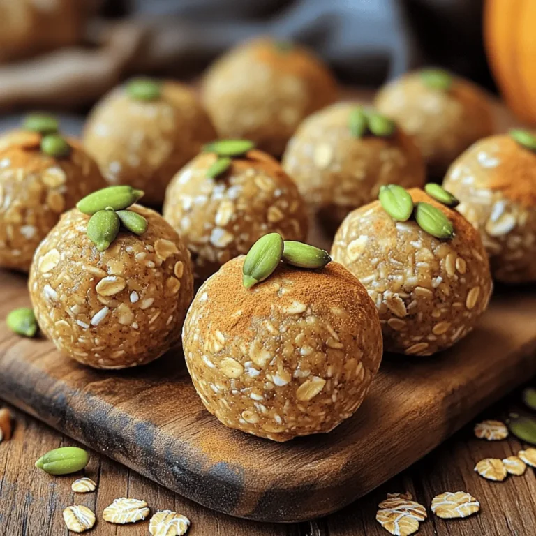 - 1 cup rolled oats - 1/2 cup pumpkin puree - 1/4 cup nut butter (almond or peanut) - 1/4 cup honey or maple syrup - 2 teaspoons pumpkin spice blend - 1/4 cup chia seeds - 1/2 cup chopped nuts (walnuts or pecans) - 1/4 cup mini chocolate chips (optional) - A pinch of salt These ingredients come together to create tasty energy balls. The oats give a good base. Pumpkin puree adds moisture and flavor. Nut butter binds everything while adding healthy fats. Honey or maple syrup adds sweetness. Pumpkin spice brings warmth and aroma. Chia seeds offer nutrition and a little crunch. Chopped nuts add texture and more flavor. Mini chocolate chips can make them extra special. - Alternatives for nut butter: If you have allergies, you can use sunflower seed butter or tahini. - Sweetener options: You can replace honey or maple syrup with agave syrup or coconut nectar. - Gluten-free oats: Make sure to choose certified gluten-free oats if you need them to be gluten-free. These substitutions let you customize the recipe. You can adjust flavors and textures to fit your taste and needs. Feel free to experiment! For the full recipe, check the section above. Before you start making your Pumpkin Spice Energy Balls, gather your tools. You will need a mixing bowl and a spatula. These tools help you mix everything well. Next, check the temperature of your ingredients. Using room temperature ingredients makes mixing easier. You want your nut butter to be soft, not hard. This helps everything combine smoothly. Start by combining your wet and dry ingredients. In a large mixing bowl, add rolled oats, pumpkin puree, nut butter, and honey or maple syrup. Use your spatula to mix these ingredients together. Make sure you mix thoroughly. You want to see no dry oats or chunks. The mixture should be smooth and sticky. This ensures you get great flavor in every bite. Now it's time to shape your energy balls. First, dampen your hands with water or a little oil. This step prevents the mixture from sticking to your hands. Scoop out portions of about one inch in diameter. Roll them into smooth balls using your palms. Try to make them all about the same size. This makes them look nice and helps with even serving. Once shaped, place the energy balls on a parchment-lined baking sheet or plate. Space them apart so they don’t stick together. Then, chill them in the refrigerator for at least 30 minutes. Chilling firms them up, making them ideal for snacking. For the complete recipe, check the [Full Recipe]. - Overmixing the ingredients: Mixing too much can change the texture. Aim for a thorough but gentle mix. This keeps the energy balls soft and chewy. - Not chilling the energy balls enough: Chilling is key. If you skip this step, the balls may fall apart. Let them chill for at least 30 minutes. This makes them firm and ready to eat. - Pairing ideas: These energy balls are tasty with yogurt or in smoothie bowls. They add a nice crunch and flavor. - Presentation tips: For social media, arrange the energy balls on a rustic board. Dust them lightly with more pumpkin spice. Add a sprinkle of pumpkin seeds for a pop of color. - Overview of key nutrients: The oats give you fiber, while pumpkin provides vitamins. Chia seeds add omega-3 fatty acids, which are great for heart health. - Energy-boosting properties of pumpkin: Pumpkin is rich in antioxidants. It helps keep you energized and supports your immune system. These benefits make these energy balls a smart snack choice. {{image_4}} You can make your pumpkin spice energy balls even better! Consider adding dried fruits like cranberries or raisins. These fruits bring sweetness and chewiness. You can also try different spice blends. For a twist, mix in cinnamon or nutmeg. This change adds warmth and depth to the flavor. Want to make these energy balls fit your diet? They can easily be vegan and gluten-free. Use maple syrup instead of honey. And choose gluten-free oats for the base. You can also add protein powder. This addition boosts the energy and makes them great for post-workout snacks. Pumpkin spice energy balls are not just for fall! For the holidays, try adding spices like ginger or cloves. This gives a festive flavor. In summer, mix in fresh fruits like blueberries or strawberries. This keeps your energy balls bright and refreshing. For the full recipe, check out the earlier section! Store your pumpkin spice energy balls in an airtight container. This keeps them fresh. In the fridge, they will last for up to one week. Make sure the lid seals tightly to avoid air. For long-term storage, freezing is a great choice. Place the energy balls in a single layer on a baking sheet. Freeze them for about an hour. Once firm, transfer them to a freezer-safe bag. This helps save space and keeps them fresh. To eat, simply take out a few balls. Let them thaw in the fridge for a few hours or at room temperature for about 30 minutes. Before eating, check the energy balls for changes. Look for mold or an off smell. If they feel too soft, it’s best to toss them. Always use fresh ingredients to avoid spoilage. Keeping your nuts and nut butter in the fridge can help them last longer. To make these delicious energy balls, start by mixing key ingredients. In a big bowl, combine rolled oats, pumpkin puree, nut butter, and honey or maple syrup. Stir until smooth. Next, add pumpkin spice, chia seeds, chopped nuts, and mini chocolate chips if you like. Roll the mixture into small balls, about one inch across. Place the balls on a baking sheet and chill them for at least 30 minutes. This helps them hold their shape. You can find the full recipe above for more details. Yes, you can. Here are some common swaps: - Nut butter: Use sunflower seed butter for nut-free options. - Sweeteners: Swap honey for agave syrup or use stevia for less sugar. - Oats: Choose gluten-free oats if you need a gluten-free version. These swaps will change the taste and texture a bit, but they work well. Energy balls can last a week in the fridge if stored in an airtight container. If you freeze them, they can stay fresh for several months. Just make sure to wrap each ball well to avoid freezer burns. When you want to eat them, thaw in the fridge overnight or for a few hours at room temperature. Yes, these energy balls are packed with good nutrients. They contain fiber from oats and chia seeds, which helps digestion. The pumpkin adds vitamins like A and C. Nut butter gives healthy fats and protein. However, keep an eye on the sweeteners. Too much can add extra sugar, so adjust to your taste. Overall, they are a tasty and nutritious snack! In this post, we explored how to make delightful pumpkin spice energy balls. We covered the ingredients, step-by-step instructions, and shared tips to avoid common mistakes. You learned about storage options and fun variations to keep things exciting. These energy balls are a simple, tasty snack packed with nutrition. You can customize them to fit your diet and enjoy them all year. Now, get creative and start making your own batch!