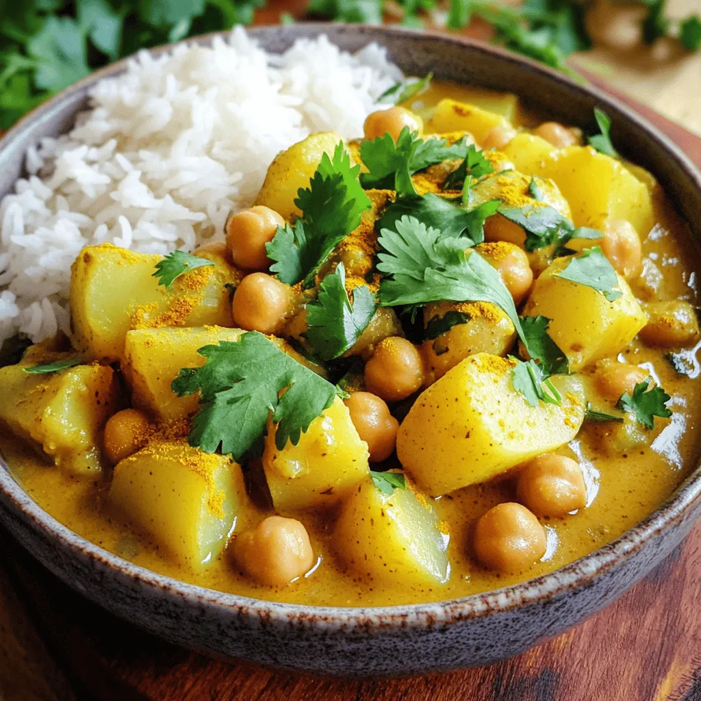 - 1 can (15 oz) chickpeas, drained and rinsed - 2 medium potatoes, peeled and diced into 1-inch cubes - 1 large onion, finely chopped - 3 cloves garlic, minced - 1 tablespoon fresh ginger, grated - 1 can (14 oz) coconut milk - 1 cup vegetable broth - 2 ripe tomatoes, chopped into small pieces - 2 tablespoons curry powder - 1 teaspoon cumin seeds - 1/2 teaspoon turmeric powder - 1/2 teaspoon red chili powder (adjust based on desired heat level) - Salt, to taste - 2 tablespoons vegetable oil - Fresh cilantro leaves, roughly chopped, for garnish If you lack chickpeas, use lentils or white beans. For potatoes, sweet potatoes work well too. If you need a dairy-free option, coconut milk is perfect. You can swap curry powder with garam masala for a different flavor. Use vegetable stock if you prefer a lighter broth. When choosing potatoes, look for firm ones with no sprouts or blemishes. Select onions that are dry and papery. For tomatoes, pick ones that feel slightly soft and are vibrant in color. Fresh ginger should be firm and smooth. Always check for canned goods with no dents on the can. This ensures quality and freshness. I hope these tips help you gather the best ingredients for your Chickpea and Potato Delight Curry. Check out the Full Recipe for more details! Start by gathering all your ingredients. You will need: - 1 can (15 oz) chickpeas, drained and rinsed - 2 medium potatoes, peeled and diced into 1-inch cubes - 1 large onion, finely chopped - 3 cloves garlic, minced - 1 tablespoon fresh ginger, grated - 1 can (14 oz) coconut milk - 1 cup vegetable broth - 2 ripe tomatoes, chopped into small pieces - 2 tablespoons curry powder - 1 teaspoon cumin seeds - 1/2 teaspoon turmeric powder - 1/2 teaspoon red chili powder (adjust based on desired heat level) - Salt, to taste - 2 tablespoons vegetable oil - Fresh cilantro leaves, roughly chopped, for garnish Make sure to have everything ready. This makes cooking smooth and fun. Heat vegetable oil in a large pot over medium heat. Once hot, add cumin seeds. Cook them for about 1 minute. You want them to sizzle and pop. This brings out their flavor. Next, add the chopped onion and cook until it turns soft, about 5 minutes. Stir often. Then, add minced garlic and grated ginger. Cook for 1-2 minutes until fragrant. Now, add the diced potatoes. Sprinkle salt, turmeric, curry powder, and red chili powder. Stir well so the potatoes are coated. Add chopped tomatoes and cook for another 2-3 minutes. They should start to soften. Pour in vegetable broth and coconut milk. Stir to mix everything. Raise the heat to bring the mixture to a boil, then lower it to maintain a gentle simmer. Add the chickpeas and cover the pot. Let it simmer for 20-25 minutes. Check the potatoes with a fork; they should be tender. Taste the curry and adjust the seasoning if needed. If it's too thick, add a bit more broth or water. Once cooked, remove from heat and serve warm. Garnish with fresh cilantro. Sautéing is key here. It helps build layers of flavor. Start with cumin seeds for a rich base. Cooking the onion, garlic, and ginger together creates a fragrant mix. Coating the potatoes with spices is essential. This adds depth to the dish. Simmering allows the flavors to meld nicely. It also softens the potatoes and chickpeas. Finally, garnishing with fresh cilantro adds brightness. It makes the dish visually appealing and fresh. Enjoy your Chickpea and Potato Curry with rice or warm naan. For the full recipe, check the earlier sections. To get the best flavor from your chickpea and potato curry, start with fresh spices. Use whole spices like cumin seeds for a stronger aroma. Toast them in oil before adding other ingredients. This step releases their oils and enhances their taste. Coconut milk adds creaminess and a subtle sweetness. Pair it with ripe tomatoes for a nice balance. Lastly, taste as you cook. Adjust salt and spices to your liking for the best results. One common mistake is not cooking the onions long enough. They should be soft and slightly golden. This adds depth to your dish. Another mistake is rushing the simmering phase. Letting the curry simmer allows flavors to blend. Avoid using too much water as well. A thick curry is more flavorful and satisfying. Lastly, don’t forget to taste and adjust. Small tweaks can make a big difference. If you want to spice up your curry, try adding fresh herbs like cilantro or mint. A squeeze of lime juice adds brightness. For extra heat, include chopped green chilies with the onions. You can also experiment with different spices. Try garam masala for warmth or coriander powder for a fresh twist. If you like a richer taste, add a spoonful of peanut butter or tahini. All these ideas elevate your chickpea and potato curry to new heights. {{image_4}} This dish is both vegan and gluten-free. You can enjoy it worry-free! The main ingredients, like chickpeas and potatoes, are naturally vegan. Just stick to vegetable broth and coconut milk to keep it plant-based. You can boost this curry with more protein or veggies. Try adding cooked lentils, tofu, or even paneer. For veggies, mix in spinach, peas, or bell peppers. These additions make the dish more filling and colorful. Change the spices to create new flavors. If you want a smoky taste, add smoked paprika. For a fresh twist, try a dash of garam masala at the end. Experimenting with spices makes this curry a fun dish to personalize. You can find the full recipe [here](#). After enjoying your Chickpea and Potato Curry, let it cool down. Place it in an airtight container. You can store it in the fridge for up to four days. Make sure to label it with the date. This way, you know how fresh it is! When you're ready to eat the leftovers, reheat them on the stove or in the microwave. If using the stove, place the curry in a pot over low heat. Stir it often to avoid burning. If using the microwave, cover it lightly. Heat in short bursts, stirring in between, until it’s hot. To freeze your Chickpea and Potato Curry, let it cool completely first. Then, pour it into freezer-safe bags or containers. Remove as much air as possible to prevent freezer burn. You can keep it frozen for up to three months. When you want to eat it, thaw it in the fridge overnight before reheating. Yes, you can use canned potatoes. They save time and work well. Just drain and rinse them first. Cut them into smaller pieces if needed. Canned potatoes will cook faster, so add them later in the process. To add spice, use more red chili powder. You can also add fresh green chilies. Adjust based on your heat preference. Taste as you go to find the right balance. Remember, it’s easy to add spice, but hard to take it out! This curry pairs well with fluffy rice or warm naan bread. You can also serve it with a side salad for freshness. For extra flavor, add mango chutney or yogurt. These sides will enhance your meal and add more color to your plate. For the complete recipe, check out the Chickpea & Potato Delight Curry section in this article. Enjoy cooking this simple yet flavorful dish! This blog post covered essential ingredients and gave smart tips for cooking. I shared how to prepare fresh produce and suggested substitutes to match your needs. You learned key cooking techniques and how to avoid common mistakes. We explored tasty variations for different diets and provided tips on storing your leftovers. Remember, cooking is fun, so don’t hesitate to experiment with flavors and ingredients. Enjoy your culinary journey with the Chickpea and Potato Delight Curry!
