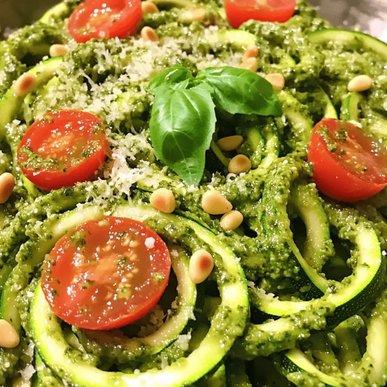 - 3 medium zucchinis - 1 cup fresh basil leaves - 1/2 cup pine nuts (toasted for enhanced flavor, if desired) - 2 cloves garlic, minced - 1/2 cup grated Parmesan cheese (or substitute with nutritional yeast for a vegan option) - 1/3 cup extra virgin olive oil - Sea salt and freshly cracked black pepper, to taste - 1 cup cherry tomatoes, halved - 1/4 teaspoon red pepper flakes (optional, for a spicy kick) Choosing the right ingredients makes a big difference. For zucchinis, look for firm ones with smooth skin. Pick basil leaves that are bright green and fragrant. When using pine nuts, choose fresh ones as they can quickly go stale. You can also try walnuts or almonds if you want some variety. Seasonal cooking is key. In summer, zucchinis are at their best. You can also swap cherry tomatoes for sun-dried tomatoes in the fall. This dish shines with fresh ingredients. Using what is in season often leads to the best flavors. For the full recipe, check out the details in the main article. To start, you need to spiralize the zucchinis. I love using a spiralizer because it makes perfect noodle shapes. Simply secure the zucchini and twist it through the device. If you don't have a spiralizer, no problem! You can use a vegetable peeler instead. Just slice the zucchini lengthwise to create long, flat ribbons. Next, let's make the pesto. Grab your food processor and add the fresh basil leaves, pine nuts, minced garlic, and grated Parmesan cheese. Toss in a pinch of sea salt and black pepper. Pulse the mixture until it's finely chopped. This step is crucial for blending the flavors well. Now, while the processor runs on low, slowly drizzle in the extra virgin olive oil. This helps the pesto become creamy. Keep blending until you reach your desired consistency. Taste it! Adjust the salt or pepper if needed. Now it's time to combine everything. In a large mixing bowl, add the spiralized zucchini noodles. Pour your freshly made pesto over the noodles. Gently toss them together until every noodle is well coated. This ensures every bite is packed with flavor. To add some freshness, toss in the halved cherry tomatoes. Mix them in gently again. If you like a little heat, sprinkle in some red pepper flakes. Serve the dish right away for the best taste and texture. Enjoy the vibrant flavors from this meal. For the full recipe, check out the detailed instructions provided earlier. To enhance your pesto, consider adding a splash of lemon juice. It brightens the flavor. If you want a nut-free option, try sunflower seeds instead of pine nuts. For a vegan twist, swap Parmesan cheese with nutritional yeast. This keeps the taste rich and savory without dairy. Zucchini can hold a lot of water. To avoid sogginess, sprinkle salt on the spiralized noodles. Let them sit for 10 minutes, then pat them dry. This step makes a big difference. For added protein, serve the noodles with grilled chicken or shrimp. You can also mix in other veggies like bell peppers or spinach. This adds color and nutrition to your dish. Enjoy your zucchini noodles with pesto as a light meal or a side dish. For a complete experience, check the Full Recipe for more details! {{image_4}} You can tweak the classic pesto recipe to match your taste. Try using different nuts. Walnuts, almonds, or cashews create unique flavors. Each nut brings its own twist, so experiment with what you like best. For cheese, you can switch Parmesan for pecorino or even a dairy-free option like nutritional yeast. Adding fresh herbs can also elevate your pesto. Mix in cilantro, parsley, or even mint for a fresh twist. These herbs can brighten your dish and add layers of flavor. Experiment with what’s available in your kitchen or garden. Zucchini noodles are just the start. You can use other vegetables to mix things up. Carrots, sweet potatoes, or butternut squash all spiralize well. Each choice adds a different texture and taste. If you want something heartier, consider whole grain or gluten-free pasta. Whole wheat pasta adds a nutty flavor and extra fiber. Gluten-free options like rice or chickpea pasta work too. They pair nicely with pesto and keep the dish light yet filling. For the full recipe, check out the Zesty Zucchini Noodle Paradise section. To store leftover zucchini noodles and pesto, use airtight containers. This keeps moisture out and helps maintain freshness. Place the noodles in one container and the pesto in another to avoid sogginess. Zucchini noodles last about 3 days in the fridge. Pesto can stay fresh for up to one week. To keep pesto vibrant, drizzle a thin layer of olive oil on top before sealing the container. This helps prevent browning. Freezing zucchini noodles and pesto is a great way to extend their shelf life. To freeze the noodles, spread them on a baking sheet. Place them in the freezer for about an hour. Once frozen, transfer them to a freezer bag. This method keeps them from clumping together. For pesto, pour it into ice cube trays. Once frozen, pop the cubes into a freezer bag. This allows you to use only what you need later. When you're ready to use them, thaw the zucchini noodles in the fridge overnight. For pesto, simply heat it gently on the stove. This helps maintain the flavor and texture of both ingredients. Yes, you can use regular pasta. Traditional pasta adds a chewy texture and familiar taste. It serves well in many dishes. However, it contains more carbs and calories. Zucchini noodles are low in carbs and great for light meals. They also add more veggies to your diet. You might miss the texture of pasta with zucchini noodles. It's best to try both and see which you prefer. Homemade pesto lasts about one week in the fridge. Store it in an airtight container to keep it fresh. You can cover the top with olive oil to prevent browning. If you want to keep it longer, freeze it in small portions. Pesto freezes well and can last for up to three months. Just thaw it in the fridge before use. If you don’t have a spiralizer, don’t worry. You can use a vegetable peeler. Slice the zucchini into thin, flat ribbons. You can also use a box grater for longer strips. Another option is to cut zucchini into small cubes. They won't look like noodles, but they will taste great. Each method gives a different shape, so try what you have! In this article, we covered how to make a delicious zucchini noodle dish with pesto. You learned about key ingredients, step-by-step instructions, and helpful tips for perfecting your meal. Remember to select fresh ingredients and experiment with variations. Proper storage is important for keeping leftovers fresh. Enjoy creating variations of your dish to suit your taste. With these tips, you can impress anyone with your healthy, flavorful meal. Making zucchini noodles and pesto is easy and fun. Get cooking and enjoy every bite!