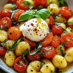 - 1 package (16 oz) store-bought gnocchi - 2 cups cherry tomatoes, halved - 2 tablespoons extra virgin olive oil - 2 cloves garlic, minced finely - 1 teaspoon dried basil - 1 teaspoon dried oregano - Salt and freshly ground pepper to taste - 8 oz burrata cheese, at room temperature - Fresh basil leaves, torn, for garnish - Crushed red pepper flakes, to taste (optional) Gathering quality ingredients is key to making this dish shine. Start with the store-bought gnocchi. It cooks quickly and saves you time. The cherry tomatoes bring sweetness and color. Their juicy burst adds life to every bite. Extra virgin olive oil is essential for flavor. Use a good quality oil for the best taste. Don't forget the garlic! It brings a warm, cozy aroma that makes your kitchen feel inviting. Dried basil and oregano enhance the flavors of the tomatoes. Season with salt and pepper to make everything pop. For the final touch, burrata cheese is a must. Its creamy texture pairs perfectly with the gnocchi. When you add fresh basil leaves, you get a bright, herbal note. If you like a kick, sprinkle in some crushed red pepper flakes. This will elevate your dish and add a hint of heat. Make sure to check the [Full Recipe](#) for more details. Happy cooking! Bring a large pot of salted water to a rolling boil. This step is key for cooking the gnocchi perfectly. Carefully drop in the gnocchi. Cook them until they float to the surface, which takes about 2-3 minutes. This floating means they are ready. Once they float, drain the gnocchi in a colander. Set them aside while you prepare the sauce. In a large skillet, heat 2 tablespoons of extra virgin olive oil over medium heat. Add 2 cloves of minced garlic and sauté for about 30 seconds. Stir often to keep the garlic from browning. Next, introduce 2 cups of halved cherry tomatoes, along with 1 teaspoon of dried basil and 1 teaspoon of dried oregano. Season with salt and freshly ground pepper to taste. Cook for about 5-7 minutes. Stir occasionally until the tomatoes soften and start to burst. This will create a rich, flavorful sauce. Gently fold the cooked gnocchi into the tomato mixture. Carefully toss to coat the gnocchi in the sauce. Allow it to cook together for another 2 minutes. This warms everything through. Remove the skillet from heat. Create a small well in the center of the gnocchi. Delicately place 8 ounces of burrata cheese in the center. The heat will warm the cheese slightly, making it creamy. Finally, garnish with torn fresh basil leaves and a sprinkle of crushed red pepper flakes to taste. For the full recipe, refer to the earlier sections. To make perfect gnocchi, ensure you bring water to a rolling boil. This step is key. Dropping them in boiling water helps them cook evenly. After cooking for 2-3 minutes, the gnocchi will float. This means they are ready. Use a slotted spoon to drain them effectively. This tool allows water to escape while keeping your gnocchi intact. Flavor is vital in this dish. You can adjust garlic and seasoning to fit your taste. A little more garlic can add depth. If you want a fresh taste, use ripe cherry tomatoes. Their sweetness makes the sauce vibrant and delicious. You can even mix in fresh herbs for added flavor. How you serve the dish matters, too. Serve the gnocchi in shallow bowls, which makes it look inviting. A drizzle of extra virgin olive oil adds shine and flavor. Pair it with crusty bread for a complete meal. The bread soaks up the tasty sauce, making each bite better. For added color, you can scatter torn basil leaves on top. This makes the dish pop visually. {{image_4}} You can easily make this dish vegetarian. Just swap the burrata cheese for ricotta or feta cheese. Both cheeses offer a creamy texture that works well. Ricotta is slightly milder, while feta adds a tangy bite. Try both to see which one you like best! Want a heartier meal? Add grilled chicken or shrimp. Both options cook quickly and add great flavor. Grilled chicken provides a nice, savory taste, while shrimp brings a touch of sweetness. Just toss them in the skillet with the tomatoes for a few minutes until cooked through. Feel free to add more veggies! Spinach, zucchini, or bell peppers work wonders in this dish. Spinach wilts down nicely, adding nutrients without taking over. Zucchini and bell peppers add color and crunch. Simply chop them up and toss them in with the tomatoes. This makes your meal even healthier and more colorful. For the complete recipe, check out the full recipe above. Store any leftover tomato gnocchi in an airtight container. It will stay fresh for up to 3 days. Make sure to let it cool down before sealing. To reheat, gently warm the gnocchi in a skillet. Add a splash of water to keep it moist. Heat on low and stir often. This method keeps the dish tasty and prevents it from drying out. If you want to save some for later, freeze the cooked gnocchi separately. When ready to eat, combine it with the tomato sauce as you reheat. This way, you maintain the best flavor and texture. Yes, homemade gnocchi can be used but may require additional cooking time. If you make gnocchi from scratch, ensure they are light and fluffy. The cooking time might differ based on the size and texture. Keep an eye on them to avoid overcooking. Fresh gnocchi may take a minute or two longer than store-bought ones. While burrata adds creaminess, you can use other cheeses if unavailable. Options like mozzarella or ricotta can work well too. Each cheese brings its own flavor. If you prefer a sharper taste, consider using aged cheeses like Parmigiano-Reggiano. Experiment to find what you like best! Substitute burrata with a vegan cheese alternative to make it vegan-friendly. There are many great vegan cheeses available today. Look for creamy options that melt well. Nutritional yeast can also add a cheesy flavor if you want to enhance the taste without using dairy. This dish combines simple ingredients for a tasty meal. We've covered cooking gnocchi, sautéing tomatoes, and adding burrata. You can adjust the flavors and try variations to suit your taste. Don’t forget to store leftovers correctly for later enjoyment. This recipe is versatile and easy to make. Experiment with different cheeses and veggies to create your own version. Enjoy making this comforting dish with friends and family. You’ll love the fresh flavors and quick prep.