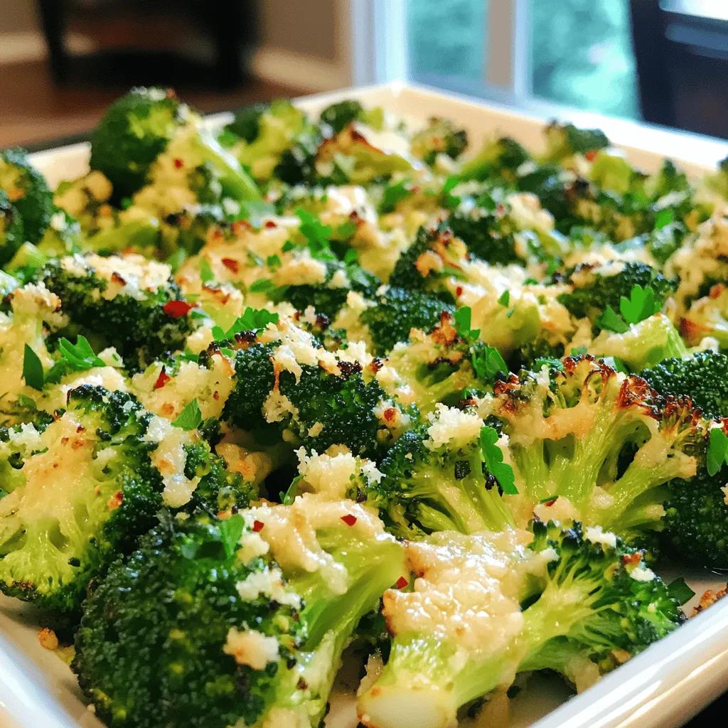- 2 large heads of broccoli - 4 cloves of garlic - 3 tablespoons of extra virgin olive oil - 1/2 cup freshly grated Parmesan cheese - 1 teaspoon fresh lemon zest - Optional: 1/2 teaspoon red pepper flakes - Large mixing bowl - Baking sheet - Oven When I cook Garlic Parmesan Roasted Broccoli, I love using fresh ingredients. The broccoli should be vibrant and crisp. Choose heads that feel firm and tight. Fresh garlic adds a strong flavor that pairs well with the cheese. I always opt for extra virgin olive oil. It has a rich taste that enhances the dish. The Parmesan cheese should be freshly grated. It melts better and gives a nice texture. Lastly, lemon zest adds a bright note. If you like some heat, sprinkle in the red pepper flakes. For cooking, have a large mixing bowl ready. You’ll need a baking sheet to roast the broccoli. An oven is essential for achieving that golden, crispy finish. You can find the Full Recipe to make this delicious dish in no time! - Preheat the oven to 425°F (220°C). This heat helps the broccoli cook well. - Cut the broccoli into bite-sized florets. Mince the garlic finely to mix well. - In a large bowl, combine the broccoli, olive oil, and garlic. Toss them well. - Season with salt, pepper, and red pepper flakes if you like heat. Mix again. - Spread the broccoli on a baking sheet in one layer. This helps it roast evenly. - Roast for 15 minutes, stirring halfway. This ensures the broccoli gets brown and crispy. - Take the baking sheet out of the oven. Add the Parmesan cheese and lemon zest on top. - Return to the oven for another 5-7 minutes. The cheese should melt and turn golden. For the full recipe, check the main section. Enjoy this simple yet tasty dish! To make your Garlic Parmesan Roasted Broccoli perfect, follow some key steps. Start by ensuring even cooking and browning. This means you need to space out the broccoli florets. A crowded baking sheet will lead to steaming instead of roasting. Always use a single layer on the baking sheet. This allows hot air to circulate around each piece, giving you that crisp texture we all love. For an extra kick, add acidity with lemon juice. A few spritzes of fresh lemon will brighten the dish. You can also experiment with spices or herbs. Try adding smoked paprika or thyme for different flavor profiles. These small changes can elevate your roasted broccoli experience. When serving, think about how to make your dish vibrant. Use a bright bowl or platter to showcase the broccoli. Adding extra lemon wedges on the side can make it look even more appealing. For a final touch, garnish with fresh parsley. This adds color and freshness, making your dish not just tasty but also beautiful. {{image_4}} You can switch the cheese for new flavors. Try using cheddar for a sharper taste. Feta cheese adds a salty bite that pairs well with broccoli. If you want a vegan option, use a plant-based cheese. Many brands offer great taste without dairy. Just ensure it melts well for the best results. Get creative by adding more veggies! Bell peppers bring bright colors and sweet notes. You can also mix in carrots for crunch. Other greens, like spinach or kale, add nutrients and variety. Toss these veggies in with the broccoli for a colorful, tasty dish. For a twist, try cooking in an air fryer. This method keeps the broccoli crisp and tender. It also cuts down on oil, making it a healthier choice. Grilling is another fun option. It gives the broccoli a smoky flavor that adds depth. Just toss the broccoli on the grill after seasoning it. Whichever method you choose, the results will be delicious! For the full recipe, check out the Garlic Parmesan Roasted Broccoli section above. To keep Garlic Parmesan Roasted Broccoli fresh, store it in the fridge. Place the cooled leftovers in an airtight container. This helps to lock in flavor and keep the texture nice. Aim to eat the leftovers within three days for the best taste. If you want to save space, cut the broccoli into smaller pieces before storing. When reheating, the oven works best. Preheat it to 350°F (175°C). Spread the broccoli on a baking sheet and heat for about 10 minutes. This method helps the broccoli stay crispy. You can use the microwave, too, but it may make the broccoli softer. If you choose the microwave, heat in short bursts to avoid overcooking. Enjoy your reheated Garlic Parmesan Roasted Broccoli just like when it was fresh! For more details on making this dish, check the Full Recipe. Garlic Parmesan Roasted Broccoli lasts about 3 to 5 days in the fridge. For best results, store it in an airtight container. Make sure it cools down before sealing. This helps keep the broccoli fresh and tasty. Yes, you can prep Garlic Parmesan Roasted Broccoli ahead of time. Chop the broccoli and garlic, then mix them with olive oil and seasonings. Store the mixture in the fridge for up to one day. When you are ready, roast the broccoli as per the full recipe. This saves time on busy nights. Garlic Parmesan Roasted Broccoli pairs well with many dishes. Here are some great options: - Grilled chicken or fish for protein - Quinoa or rice for a healthy grain - Pasta dishes to add more flavor - A simple green salad for freshness You know the broccoli is done when it is bright green and slightly crispy. Look for a golden crust on the cheese. The florets should be tender but still firm. Use a fork to check the texture. If the fork goes in easily, it's ready to serve. In this post, I shared a simple recipe for Garlic Parmesan Roasted Broccoli. We covered key ingredients, easy prep steps, and helpful tips for roasting. I also shared ideas on variations and storage. You can enjoy this dish warm or reheated later. It's a tasty way to add veggies to your meals. Try it with different cheeses or spices for new flavors. Enjoy cooking!