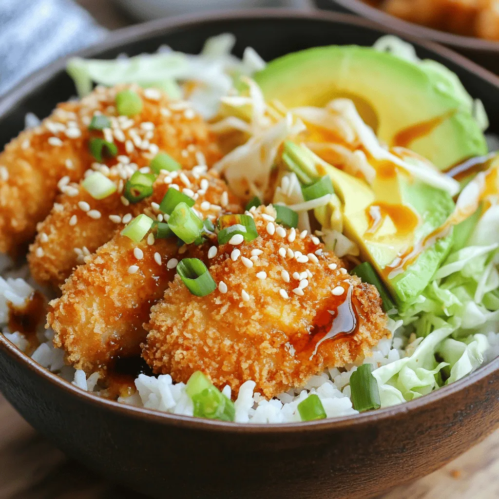 To make your Katsu bowls, gather these key ingredients: - 2 boneless, skinless chicken thighs - 1 cup panko breadcrumbs - 1/2 cup all-purpose flour - 1 large egg - 1 tablespoon soy sauce - 1 tablespoon Dijon mustard - Salt and pepper to taste - Vegetable oil for frying - 2 cups cooked Japanese rice (short-grain preferred) - 1 cup shredded cabbage (purple or green) - 1 ripe avocado, sliced - 1/4 cup pickled ginger These ingredients create layers of flavor and texture. The chicken thighs provide juiciness. Panko gives a crispy crust. Rice acts as a soft base, while cabbage adds crunch. Avocado offers creaminess, and pickled ginger adds a zesty touch. To take your Katsu bowls to the next level, consider these garnishes and sides: - Sesame seeds - Chopped green onions - Teriyaki sauce - Lime wedges Sesame seeds and green onions add a nice finish. They make the dish look pretty and tasty. A drizzle of teriyaki sauce enhances the flavor. A squeeze of lime can brighten the dish. These small touches can make your meal special. Check out the Full Recipe for detailed steps on preparation! Start with two boneless, skinless chicken thighs. Lay them between two pieces of plastic wrap. Use a meat mallet or a rolling pin to pound the chicken down to about 1/2 inch thick. This helps the chicken cook evenly. Season both sides with salt and pepper to add flavor. Next, set up your breading station. Grab three shallow dishes. In the first, add 1/2 cup of all-purpose flour. In the second, beat one large egg and mix in one tablespoon of soy sauce and one tablespoon of Dijon mustard. In the third dish, place one cup of panko breadcrumbs. Organizing these in a line makes it easy to coat the chicken. Heat about 1/2 inch of vegetable oil in a large skillet over medium-high heat. Wait until the oil shimmers, but be careful not to let it smoke. Carefully add the breaded chicken to the hot oil. Fry each piece for about 3-4 minutes on each side. You want the chicken to be golden brown and reach an internal temperature of 165°F. Once cooked, place the chicken on paper towels to drain any excess oil. For the best Katsu bowls, start with a scoop of cooked Japanese rice at the bottom of each bowl. Layer shredded cabbage on top of the rice. Next, slice the crispy chicken and place it over the cabbage. Add sliced avocado next to the chicken. Include a tablespoon of pickled ginger on the side. Drizzle the dish with teriyaki sauce and sprinkle sesame seeds and chopped green onions over the top. This adds great flavor and makes your bowls look beautiful. Now you can enjoy your delicious Katsu bowls! For the complete recipe, check the Full Recipe section. To get the best katsu, start with the right chicken. I prefer chicken thighs for their juiciness. Pound the chicken to an even 1/2 inch thickness. This step helps it cook evenly. Season both sides with salt and pepper. When frying, heat vegetable oil in a skillet to medium-high. The oil should shimmer but not smoke. This temperature ensures a crispy coating. Fry each piece for about 3-4 minutes per side. Look for a golden brown color. The chicken must reach 165°F inside. Let it rest on paper towels to drain excess oil. Presentation matters when serving katsu bowls. Begin with a scoop of warm cooked Japanese rice in deep bowls. This is the base. Layer shredded cabbage on top for crunch. Add the crispy katsu next. For visual appeal, artfully arrange sliced avocado beside the chicken. Place vibrant pickled ginger on the side. Drizzle with teriyaki sauce for flavor. Finish with sesame seeds and chopped green onions on top. This makes the dish pop! To keep the flavors authentic, use traditional Japanese ingredients. Look for high-quality panko breadcrumbs. These give a light and crispy texture. Soy sauce should be from a trusted brand. It adds depth to the katsu. Using Japanese rice is key for the right taste. Short-grain rice is best for its sticky texture. If you can, find fresh pickled ginger. It adds brightness to the dish. These small details bring your katsu bowls to life. For the full recipe, check out the [Full Recipe]. {{image_4}} You can choose between chicken and pork for your katsu. Chicken katsu tends to be lighter. It has a delicate flavor that pairs well with many sides. Pork katsu, on the other hand, offers a richer taste. It is juicier and can be more filling. The cooking method stays the same for both. You pound the meat to ensure even cooking. Then, you bread and fry it, but the flavor will differ based on your choice. If you want a vegetarian or vegan version, try tofu katsu. Start with firm tofu for the best texture. Press the tofu to remove extra water. Then, slice it into thick slabs. Follow the same breading steps as you would for chicken. You can also add some fun sides like sautéed mushrooms, or a fresh salad. This way, you keep the meal tasty and healthy. You can make your katsu bowl unique by adding seasonal vegetables. In spring, try fresh asparagus or snap peas. In summer, add ripe tomatoes or bell peppers. Autumn brings squash and sweet potatoes, while winter calls for hearty greens. These veggies not only boost flavor but also add color. You can mix and match your toppings to fit the season. This keeps your meal fresh and exciting. To keep your Katsu bowls fresh, store them in the fridge. Place the chicken, rice, and veggies in separate airtight containers. This helps maintain texture and taste. Enjoy them within 2 to 3 days for the best flavor. If you want to keep them longer, you can freeze the chicken and rice. Wrap them tightly in plastic wrap, then place them in a freezer bag. They last well for up to 3 months in the freezer. Just be sure to label them with the date. Reheat your Katsu bowls carefully to keep them tasty. For the chicken, use an oven or air fryer. Preheat to 350°F (175°C) and cook for about 10-15 minutes. This makes it crispy again. If you want a quicker method, use a microwave. But be mindful, as this may make the chicken less crispy. For the rice, sprinkle a little water on it before microwaving. This keeps it moist. For the veggies, heat them briefly on the stove to keep their crunch. Enjoy your meals warm for the best experience! Katsu comes from Japan. It means "cutlet" in Japanese. The dish has roots in Western cuisine. In the late 19th century, the Japanese adopted breaded cutlets. Katsu quickly became a popular dish. It is often served with rice and cabbage. Today, Katsu represents home-cooked comfort in Japan. It symbolizes the blend of cultures in Japanese food. Yes, you can use chicken breasts. They are leaner than thighs. This change affects the flavor and texture. Breasts can be drier when cooked. Thighs provide a richer taste and moist texture. If you choose breasts, watch the cooking time. You want them to stay juicy and tender. Katsu bowls are great with several sides. Here are some tasty options: - Miso soup - Edamame - Pickled vegetables - Steamed broccoli - Seaweed salad These sides add balance and flavor to the meal. They also enhance the katsu experience. You can easily make Katsu gluten-free. Use gluten-free flour instead of regular flour. For the breadcrumbs, choose gluten-free panko. Many brands offer these options. Check labels to ensure they are gluten-free. This way, you can enjoy Katsu without worry. You now have a complete guide to making delicious Japanese Katsu bowls. We covered the essential ingredients, step-by-step cooking methods, and tips for the best texture and flavor. Each layer of the dish adds to the experience, from crispy chicken to fresh vegetables. Remember, you can customize your Katsu for dietary needs or seasonal tastes. Enjoy your cooking and savor your Katsu, knowing you've mastered this flavorful meal. You have the skills to impress anyone at your next dinner!