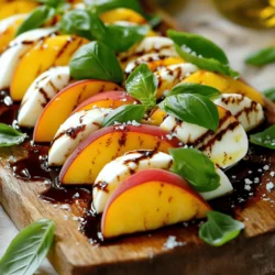 - 4 ripe peaches - 8 oz fresh mozzarella cheese - 1 cup fresh basil leaves - 2 tablespoons balsamic glaze - 1 tablespoon high-quality olive oil - Salt and freshly cracked black pepper Choosing ripe peaches Look for peaches that are slightly soft to touch. They should have a sweet smell, which means they are ripe. A ripe peach has a golden hue. Avoid peaches with bruises or dark spots. Selecting the best mozzarella Choose fresh mozzarella that feels moist but not soggy. It should smell fresh and creamy. Look for mozzarella packed in water or whey for the best taste. Importance of fresh basil Fresh basil brings brightness to the dish. Look for vibrant green leaves without any brown spots. Fresh basil is aromatic and adds a lovely flavor that pairs well with peaches and cheese. The right ingredients make this Peach Caprese Salad shine. For the full recipe, follow the details above and enjoy this refreshing dish! First, wash the peaches under cold water. This step helps remove any dirt. Then, slice each peach into even wedges. Aim for thin pieces to balance the flavors. You can also use nectarines if you want a twist. Next, prepare the mozzarella. Slice it into rounds that match the peach wedges. The cheese should be fresh for the best taste. Rinse and dry the basil leaves. Keep them whole; they add a lovely scent and flavor. Now, take a large platter. Arrange the peach and mozzarella slices in an alternating pattern. Overlap them slightly for a beautiful look. This layout is not just pretty; it helps mix the flavors. In between the layers, tuck whole basil leaves. This step enhances the aroma and taste of the dish. The fresh basil pairs perfectly with sweet peaches and creamy mozzarella. Drizzle balsamic glaze over the salad. This sweet and tangy sauce adds depth. Make sure each piece gets some glaze for the best flavor. Next, drizzle high-quality olive oil on top. This adds richness and balances the salad. Then, sprinkle salt and freshly cracked black pepper over the dish. This step highlights the natural sweetness of the peaches. Serve your Peach Caprese Salad right away. If you prefer, chill it for about 10 minutes before serving. This waiting time allows the flavors to meld beautifully. When serving Peach Caprese Salad, choose a large, beautiful platter. This makes the dish look inviting. You can also use rustic wooden boards for a cozy vibe. For a more elegant touch, opt for long, white plates. To enhance the meal, serve it with grilled chicken or fish. The salad pairs well with crusty bread, too. A crisp white wine, like Sauvignon Blanc, complements the fresh flavors nicely. To give your salad a unique twist, try flavored balsamic glazes. They add depth and complexity to the dish. Look for options like peach or fig balsamic. These flavors really bring out the sweetness of the peaches. Experimenting with salt can also boost taste. Try flaky sea salt for a crunch. If you want a kick, use smoked salt. The right salt can elevate your salad to new heights. For a stunning presentation, arrange the peaches and mozzarella in a spiral. This draws the eye and makes the dish pop. You can also stack the layers high for added drama. Garnishing is key for visual appeal. Use fresh basil leaves as a bright touch. A sprinkle of coarse sea salt adds a nice contrast. For extra flair, drizzle more balsamic glaze on top just before serving. Remember, the more vibrant and colorful your salad looks, the more appetizing it becomes. These tips will help you create a Peach Caprese Salad that not only tastes great but looks like a work of art. For the complete recipe, check out the Full Recipe section. {{image_4}} You can switch up the peaches for nectarines. Nectarines give a similar taste but with a hint of spice. They add a nice twist to the classic Caprese flavor. You can also try different cheeses. Burrata adds creaminess, while feta gives a tangy kick. Each cheese brings a new flavor to your salad. To make a homemade balsamic vinaigrette, mix balsamic vinegar with olive oil, salt, and pepper. This simple dressing can brighten any salad. You can also explore herb-infused olive oils. They add a burst of flavor without extra work. Infused oils can pair well with the sweetness of peaches. Incorporating nuts can bring a lovely crunch. Almonds or walnuts add texture and depth. You can also add greens for a fuller salad. Arugula or spinach pairs nicely with the peaches and mozzarella. These additions make the salad heartier and even more satisfying. For the Full Recipe, check out the previous section. To keep your Peach Caprese Salad fresh, store it in a sealed container. This protects the flavors and keeps the salad crisp. Place it in the fridge right after serving. The salad stays good for about one day. After that, the peaches may get mushy, and the cheese can lose its charm. You don’t actually need to reheat this salad. Instead, if it seems a bit sad, refresh it before serving. Just add a drizzle of olive oil and balsamic glaze. This helps bring back its lovely flavors. You can also use leftover ingredients creatively. Dice the remaining peaches and mozzarella for a tasty sandwich. Or, mix them into a quick pasta for a delightful meal. To make Peach Caprese Salad for a crowd, you can follow these steps: - Adjusting ingredient quantities: For larger servings, multiply the ingredients. Use 8 peaches, 16 oz of mozzarella, and 2 cups of basil for about 8 servings. - Tips for bulk preparation: Prepare ingredients ahead of time. Slice peaches and mozzarella, and store them separately in the fridge. Assemble the salad just before serving for the best taste. Yes, you can prepare this salad in advance. Here’s how to do it: - Best practices for pre-making salad: Slice peaches and mozzarella a few hours before serving. Keep them in the fridge to stay fresh. - Storage tips to maintain freshness: Store the salad without dressing. Add balsamic glaze and olive oil right before serving to keep the flavors bright. This salad pairs well with many dishes. You might consider: - Food and drink pairing suggestions: Serve it with grilled chicken or fish for a light meal. It also goes well with crusty bread or a refreshing white wine. - How to serve it as part of a larger meal: Include it as a starter in a summer barbecue or a picnic. It complements richer foods well. For the complete Peach Caprese Salad recipe, check the Full Recipe section. This blog post explored how to make a tasty Peach Caprese Salad. We covered fresh ingredients, tips for selection, and step-by-step preparation. You learned creative ways to serve and present the salad. Variations can keep the dish exciting by changing ingredients or dressings. Proper storage ensures your salad stays fresh. By following these tips, your salad will impress everyone. Enjoy making this delicious dish, and feel free to try your own twists!