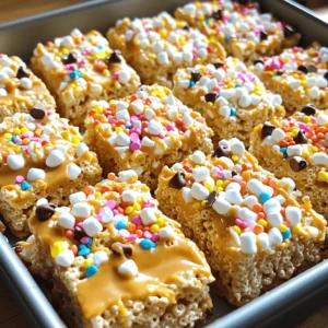 - 5 cups Rice Krispies cereal - 4 cups mini marshmallows - 1/2 cup unsalted butter - 1/2 cup creamy peanut butter (or almond butter for a nut-free option) To make chewy Rice Krispies treats, you need a few key ingredients. First, grab your Rice Krispies cereal. This is the base of the treat. Next, you'll need mini marshmallows. They melt down to create that sweet, gooey texture we all love. Unsalted butter adds richness and helps everything stick together. Lastly, creamy peanut butter gives a tasty twist. If you prefer a nut-free option, almond butter works just as well. - 1 teaspoon vanilla extract - 1/2 teaspoon salt - Toppings (colorful sprinkles, chocolate chips, melted chocolate) Now, let’s talk about optional ingredients. Adding vanilla extract enhances the flavor and makes your treats smell amazing. A pinch of salt balances the sweetness. You can also add fun toppings! Colorful sprinkles bring joy, while chocolate chips add a delicious twist. If you're feeling fancy, drizzle melted chocolate on top. These extras make the treats even more fun and tasty. For the full recipe, check out the complete guide above. - Prepare the pan for easy removal: Start by greasing a 9x13 inch baking pan with cooking spray or lining it with parchment paper. This keeps the treats from sticking and makes them easy to lift out later. - Melt the butter in a saucepan: Place the unsalted butter in a large saucepan. Heat it over low heat, stirring often to melt it evenly. This step is crucial because burnt butter can ruin the flavor. - Add marshmallows and stir: Once the butter melts, add the mini marshmallows to the pan. Keep stirring until they are fully melted and the mixture is smooth and glossy. This should take just a few minutes. - Incorporate peanut butter and mix: After the marshmallows melt, take the saucepan off the heat. Stir in the creamy peanut butter, vanilla extract, and salt. Mix well until everything is smooth and combined. - Add Rice Krispies cereal and fold: With the saucepan off the heat, quickly add the Rice Krispies cereal. Use a spatula or wooden spoon to gently fold the cereal into the marshmallow mix. Be careful not to crush the cereal. You want it to stay light and crispy. - Transfer mixture to the baking pan and press down: Pour the mixture into your prepared baking pan. Use a spatula or your lightly greased hands to press it down evenly. Make sure it’s packed tightly, so it holds its shape when cut. Now you’re ready to enjoy your chewy Rice Krispies treats! For the full recipe, check out the detailed instructions above. To make chewy Rice Krispies treats, start with fresh marshmallows. They melt better and create a soft texture. If your marshmallows are old, they might not melt well. This can lead to hard treats. When mixing your ingredients, do it gently. You want to coat the cereal without crushing it. This keeps the treats light and chewy. When it's time to serve, cut the treats into squares or bars. This makes them easy to grab and enjoy. You can also get creative with toppings. Add colorful sprinkles for fun, or drizzle melted chocolate on top. These extras make the treats look great and taste even better. Enjoy your chewy Rice Krispies treats with friends or family! For the full recipe, check out the details provided above. {{image_4}} You can make chewy Rice Krispies treats nut-free easily. If you want to avoid nut butters, try using sunflower seed butter instead of peanut butter or almond butter. It adds a nice flavor and keeps the treats creamy. If you prefer, you can also simply omit nut butters entirely. The treats will still be delicious and chewy without them. Want to switch things up? You can add cocoa powder to your mixture for a yummy chocolate version. Just mix in about 1/4 cup of cocoa powder with the marshmallows. This will give your treats a rich taste. You can also incorporate flavored extracts like almond or coconut. Just a teaspoon will add a fun twist. These small changes can make your treats even more exciting! To keep your chewy Rice Krispies treats fresh, store them in an airtight container. This will help prevent them from getting hard or stale. It’s best to keep them at room temperature. Avoid the fridge, as that can make them tough. How long do they last? When stored properly, chewy Rice Krispies treats can last up to one week. If you want to keep them longer, you can freeze them. Just wrap them tightly in plastic wrap and place them in a freezer bag. They can stay good for up to three months in the freezer. When ready to eat, let them thaw at room temperature. For more easy cooking tips, check out the Full Recipe. Yes, you can use regular marshmallows. Just cut them into smaller pieces to help them melt faster. Mini marshmallows melt more evenly, which helps keep the treats chewy. If you do use regular marshmallows, expect a slightly different texture. To keep your treats soft and chewy, avoid overcooking the marshmallows. Stir them until melted, then mix in the Rice Krispies quickly. Cool them at room temperature, not in the fridge. Storing them in an airtight container will also help maintain their softness. Use a sharp knife to cut the treats. Lightly grease the knife with butter or cooking spray to prevent sticking. Cut them into squares or rectangles, depending on your preference. For cleaner cuts, press down firmly without sawing. Absolutely! You can add mix-ins for extra flavor. Try chocolate chips, nuts, or dried fruit. You can also sprinkle colorful toppings like sprinkles or drizzle melted chocolate on top. Just mix them in before you spread the mixture into the pan. For the full recipe, refer to the original instructions. You now have a simple guide to make chewy Rice Krispies treats at home. We covered the main and optional ingredients, step-by-step instructions, and tips for the best texture. I also shared some fun variations and storage tips to keep your treats fresh. These treats are easy to customize, so enjoy creating your perfect snack. Whether you add toppings or try nut-free options, there’s something for everyone. Happy cooking!