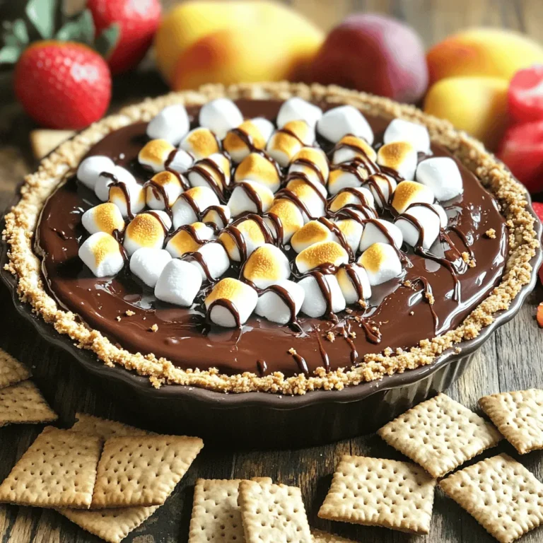 - 1 cup semisweet chocolate chips - 1 cup mini marshmallows - 1/2 cup graham cracker crumbs - 2 tablespoons unsalted butter, melted - 1 teaspoon vanilla extract - Pinch of sea salt - Graham crackers and an assortment of fresh fruits (such as strawberries, bananas, and apple slices) for dipping To make the best S'mores dip, you need fresh and quality ingredients. The chocolate chips should be semisweet for rich flavor. Mini marshmallows add that perfect gooeyness. Use graham cracker crumbs for a nice crunch. Unsalted butter helps the dip blend smoothly, while vanilla extract enhances the taste. A pinch of sea salt balances the sweetness. For dipping, choose graham crackers and fresh fruits like strawberries or bananas. These add flavor and a fun twist. - Use cup measurements for accuracy. This ensures the right balance of flavors. - Always check freshness of your ingredients. Old chocolate or stale marshmallows can ruin your dip. When you gather your ingredients, make sure they are measured correctly. It really makes a difference in the final taste. Fresh ingredients do not only taste better, but they also help the dip look nice. Enjoy preparing this delightful dip! 1. Preheating the oven: Start by setting your oven to 350°F (175°C). This step is key to making sure your dip bakes evenly. 2. Mixing the chocolate base: In a medium bowl, mix together 1 cup of semisweet chocolate chips, 2 tablespoons of melted unsalted butter, 1 teaspoon of vanilla extract, and a pinch of sea salt. Stir until it’s smooth. This base will be rich and creamy. 3. Assembling the dip layers: Pour the chocolate mixture into a 9-inch pie dish. Spread it evenly. Next, sprinkle 1/2 cup of graham cracker crumbs over the chocolate. This adds a nice crunch. Top it off with 1 cup of mini marshmallows, spreading them out to cover the chocolate completely. 1. Timing and temperature settings: Place the dish in your preheated oven and bake for 10-12 minutes. This lets the chocolate melt and the marshmallows puff up. 2. Indicators for doneness: Keep an eye on the dip. It’s ready when the marshmallows turn a lovely golden-brown. The chocolate should be gooey and melted. Follow these steps, and you'll have a warm, gooey s'mores dip that everyone will love. You can find the complete recipe above. To get the best melt for your s'mores dip, ensure you use good-quality semisweet chocolate chips. They melt smoothly and create a rich flavor. Mix the chocolate with melted butter and a pinch of salt for a deeper taste. Spread this mixture evenly in your baking dish. This will help it melt uniformly. Timing is key for golden-brown marshmallows. Bake the dip for 10-12 minutes at 350°F (175°C). Watch closely during the last few minutes. Once the marshmallows turn a lovely golden-brown, it’s ready. You want them to be toasted but not burnt. For dipping, fresh fruits add a fun twist. Strawberries, bananas, and apple slices are my favorites. They balance the sweetness of the dip and add a refreshing crunch. You can even try pairing the dip with some pretzels for a salty contrast. Adjusting sweetness is easy. If you prefer a less sweet dip, use dark chocolate instead of semisweet. You can also reduce the amount of chocolate or add more graham cracker crumbs. This way, you control the sweetness to fit your taste. Enjoy exploring these options to make your dip just right! {{image_4}} You can make S'mores dip even more fun! Try adding peanut butter or Nutella. Just swirl it into the chocolate layer before baking. This twist adds a rich, nutty flavor that pairs well with the sweet chocolate and marshmallows. For those who need gluten-free options, use gluten-free crackers. Many brands make great alternatives. You can enjoy the same delicious dip without worry. Just crush the gluten-free crackers and use them as a base. You can change your S'mores dip for the seasons. In fall, add pumpkin spice to the chocolate mix. This gives it a warm, cozy flavor that feels perfect for chilly days. In summer, think fresh fruits! Add sliced strawberries, bananas, or even peaches. These fruits add a bright, juicy touch. They also balance the sweetness of the dip. You will love dipping these fruits into the warm, gooey mix! After enjoying your S'mores dip, let it cool down. I recommend covering it tightly with plastic wrap or transferring it to an airtight container. This helps keep it fresh. You can store it in the fridge for up to three days. Ensure you check for any signs of spoilage before eating. To reheat your leftover dip, use an oven-safe dish. Preheat your oven to 350°F (175°C). Heat for about 10 minutes. Check to see if the chocolate is gooey again. You can also use a microwave. Place your dip in a microwave-safe bowl. Heat in short bursts of 20 seconds. Stir between each burst to keep it smooth. Avoid overheating to keep that yummy taste. Can I make S'mores Dip in advance? Yes, you can prepare S'mores Dip ahead of time. Mix the chocolate and butter in a bowl. Layer the chocolate, graham crumbs, and marshmallows in your dish. Cover it with plastic wrap and store it in the fridge for up to 24 hours. When you're ready, just bake it in the oven. This way, you save time before serving. What can I use instead of graham crackers? If you want to switch it up, use digestive biscuits or vanilla wafers. You could even try chocolate cookies for a richer taste. These alternatives will still give you that crunchy texture. Feel free to experiment with different flavors to find your favorite. What to do if chocolate doesn't melt properly? If the chocolate doesn't melt, check the oven temperature. Make sure it's preheated to 350°F (175°C). If it’s not melting, try covering the dish with foil to help trap heat. This can speed up the melting process. Stir the chocolate gently to encourage it to melt evenly. Why are my marshmallows not browning? If marshmallows aren't browning, they might not be in the oven long enough. Keep an eye on them during the last few minutes of baking. If they still look pale, switch the oven to broil for a minute. Watch closely, as they can burn quickly. This will give them that beautiful golden color. S'mores dip is a fun and tasty treat that everyone loves. Remember the key ingredients: chocolate chips, marshmallows, and graham cracker crumbs. Follow the steps for a perfect bake and use my tips to make it even better. Get creative with different flavors and toppings to keep it fresh. Store any leftovers properly for later enjoyment. Now it's your turn to whip it up and delight your friends and family. Enjoy your delicious creation!
