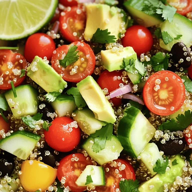- 1 cup quinoa, thoroughly rinsed - 2 cups vegetable broth (or water) - 1 ripe avocado, diced into bite-sized pieces - 1 cup cherry tomatoes, halved for a pop of color - 1/2 cucumber, diced for crunch - 1/4 red onion, finely chopped for sharpness - 1 cup black beans, drained and rinsed to remove excess sodium - 1/4 cup fresh cilantro, finely chopped for freshness - 2 tablespoons extra virgin olive oil for richness - 2 tablespoons freshly squeezed lime juice for zesty flavor - 1 teaspoon ground cumin to enhance the earthiness - Salt and pepper to taste A serving of this savory quinoa salad has about 300 calories. The key ingredients in this salad offer many health benefits. Quinoa provides protein and fiber, which help you feel full. Avocado adds healthy fats that support heart health. Vegetables like tomatoes and cucumbers are low in calories but high in vitamins. Here’s a simple breakdown of the macronutrients for one serving: - Protein: 10g - Carbohydrates: 40g - Fat: 12g - Fiber: 8g This salad is not just tasty; it is also a great choice for a balanced meal. You can find the full recipe to make this dish and enjoy the fresh flavors. First, rinse the quinoa under cold water. This removes the bitter coating. Use a fine mesh strainer for best results. Next, in a medium saucepan, combine the rinsed quinoa and 2 cups of vegetable broth. Bring it to a boil over medium-high heat. Once boiling, reduce the heat to low. Cover the pan and let it simmer for about 15 minutes. The quinoa should absorb all the liquid and become tender. Once cooked, remove from heat and fluff it with a fork. Allow it to cool to room temperature. Now, let’s prepare the fresh ingredients. Start by dicing the ripe avocado into bite-sized pieces. Then, halve the cherry tomatoes and dice the cucumber. Finely chop the red onion. In a large mixing bowl, gently combine these fresh ingredients. Be careful while mixing to ensure the avocado stays intact and does not mash. For the dressing, combine two tablespoons of extra virgin olive oil and two tablespoons of freshly squeezed lime juice in a small bowl. Add one teaspoon of ground cumin for depth. Season it with salt and pepper to taste. Whisk the dressing together, being careful not to overpower the fresh flavors. Now, add the cooled quinoa to the bowl with the fresh ingredients. Pour the dressing over the mixture. Toss everything gently to combine. Take your time to ensure the salad stays colorful and fresh. Taste the salad and adjust the seasoning if needed. Let the salad sit for at least 10 minutes before serving. This helps the flavors blend well. For the full recipe, check the notes above. Enjoy your fresh and nourishing creation! To cook quinoa perfectly, start by rinsing it. This step removes bitter saponins. Use a ratio of one cup of quinoa to two cups of vegetable broth or water. Bring it to a boil, then reduce the heat. Cover and let it simmer for about fifteen minutes. Once cooked, fluff it with a fork. Let it cool to room temperature before mixing it with other ingredients. To achieve the best flavor balance, use fresh, vibrant ingredients. The combination of creamy avocado and zesty lime juice brings joy to the dish. Black beans add protein, while cilantro adds freshness. Season with salt and pepper to taste. Don’t skip the lime juice—it brightens the flavors. For serving, present the salad in a large bowl or on individual plates. Garnish each serving with lime wedges and more cilantro. This adds a pop of color and flavor that looks inviting. Choosing a ripe avocado is key. Look for avocados that yield slightly when you press them. They should feel soft but not mushy. If they are too firm, give them a few days to ripen. When dicing avocado, cut it in half and remove the pit. Use a spoon to scoop out the flesh. Slice it while it's still in the skin, then scoop the pieces out. This keeps the avocado intact and looking nice. To store leftover avocado, wrap it tightly in plastic wrap. You can also sprinkle lime juice on it to help prevent browning. If you want to save it for later, keep the pit in the half you store. This can help slow down the browning process. {{image_4}} You can easily change this salad to suit your tastes. Here are some ideas: - Using different beans or legumes: Swap black beans for chickpeas or kidney beans. Each adds a unique flavor and texture. - Adding nuts or seeds for crunch: Toss in some toasted almonds, walnuts, or sunflower seeds. They add a satisfying crunch. - Incorporating seasonal vegetables: Use fresh corn in summer or roasted squash in fall. Seasonal veggies boost flavor and nutrition. You can also play with the dressing. Here are some options: - Variations on the dressing ingredients: Mix balsamic vinegar with olive oil for a sweet twist. Or try tahini for a creamy texture. - Adding spices for extra flavor: Add smoked paprika or chili powder for a spicy kick. Experimenting can lead to new favorite flavors. - Dressing options for different dietary needs: Use a vegan mayo if you avoid oil. Yogurt can be a great creamy base for a tangy dressing. These variations keep your quinoa salad fresh and exciting. Try mixing and matching to find your perfect blend! For full details, check the Full Recipe. To keep your savory quinoa salad fresh, refrigerate it right away. Store leftovers in airtight containers. This helps prevent the salad from drying out or absorbing other smells in the fridge. Use glass or plastic containers with tight lids for the best results. These containers keep the salad crisp and tasty for up to three days. If you plan to enjoy it later, avoid adding the dressing until you are ready to eat. This keeps everything fresh and crunchy. You can freeze leftover quinoa salad for longer storage. Place it in a freezer-safe container or a resealable bag. Make sure to remove as much air as possible to avoid freezer burn. The salad can last in the freezer for up to three months. When you want to eat it, transfer the salad to the fridge to thaw overnight. To refresh and use thawed salad, mix in fresh ingredients like diced avocado or chopped herbs. This boosts the flavor and adds a fresh touch. The reheating process will not work well for the salad, so enjoy it cold or at room temperature. Consider this a great way to save time and enjoy a healthy meal later! You can prepare this salad a day in advance. Cook the quinoa and let it cool. Mix the veggies and dressing separately. Combine everything just before serving. This keeps the avocado fresh. You can store the salad in an airtight container in the fridge. Add more lime juice to help keep the flavors bright. Absolutely! Chicken, shrimp, or tofu work great here. Grilled chicken adds a nice smoky flavor. Shrimp brings a sweet touch, while tofu gives a nice texture. Just make sure to season the protein well. This balances the salad's flavors and adds more nutrients. Serve this salad chilled or at room temperature. It makes a great side dish or a light main course. Pair it with grilled fish or a hearty soup. You can also serve it with tortilla chips for a fun crunch. This salad lasts about three days in the fridge. Keep it in an airtight container to maintain freshness. Look for signs of spoilage, like browning avocado or a sour smell. If it looks or smells off, it’s best to throw it away. Yes, this recipe is gluten-free. All ingredients are safe for gluten-free diets. Just ensure your quinoa is certified gluten-free. Avoid cross-contamination by using clean tools and surfaces. This way, you can enjoy your meal worry-free. For the complete recipe, check out the Full Recipe. This quinoa salad is not just healthy; it's easy to make and delicious. We covered the key ingredients, from quinoa to fresh veggies, and their health benefits. The step-by-step guide helps you cook perfect quinoa and prepare each ingredient. You also learned tips to enhance flavor and variations to keep things fresh. Remember, quinoa salad is versatile and fun. With the right storage, it stays tasty longer. Enjoy this nutritious dish any time; it’s a great choice for many meals.