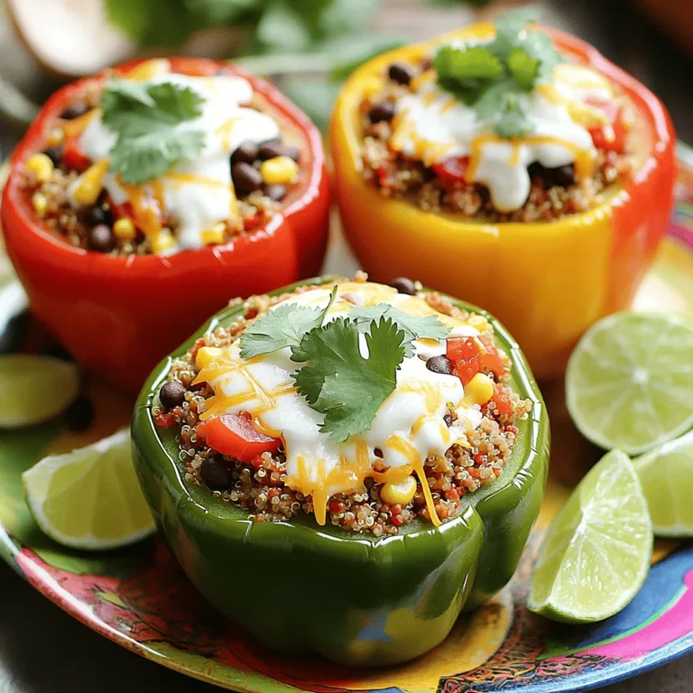 - 4 large bell peppers (choose red, yellow, green, or orange) - 1 pound ground turkey - 1 cup cooked quinoa (white, red, or a blend) - 1 can (15 oz) black beans, drained and rinsed - 1 cup corn (fresh or frozen) - 1 cup diced tomatoes (canned or fresh) For stuffed bell peppers, I always choose large, bright peppers. They add color and flavor. Ground turkey is my go-to protein. It’s lean and absorbs spices well. Quinoa or rice gives the dish a hearty feel. Black beans and corn are great for texture and nutrients. Diced tomatoes keep the filling juicy and fresh. - 1 teaspoon ground cumin - 1 teaspoon chili powder - 1/2 teaspoon smoked paprika - Salt and black pepper to taste - 1 cup shredded cheese (cheddar or Monterey Jack) - Fresh cilantro, chopped, for garnish - 1 tablespoon olive oil Seasoning is key! Cumin adds warmth, while chili powder brings spice. Smoked paprika gives that nice, smoky flavor. I love to use cheese for a creamy finish. Fresh cilantro adds a burst of brightness at the end. A drizzle of olive oil helps keep everything moist. These ingredients not only make the dish tasty but also colorful! You can find the full recipe [here]. 1. Preheat your oven to 375°F (190°C). This step warms your oven for the perfect bake. 2. Take your bell peppers and cut off the tops. Scoop out the seeds and membranes. 3. Brush the outsides of the peppers lightly with olive oil. This adds flavor and helps them cook. 1. In a medium skillet over medium heat, add the ground turkey. Brown it for about 5-7 minutes. 2. Break the turkey apart with a wooden spoon. Make sure it is cooked through and no longer pink. 3. Stir in cooked quinoa, rinsed black beans, corn, diced tomatoes, cumin, chili powder, smoked paprika, salt, and pepper. 4. Mix everything well and cook for another 5 minutes. This melds the flavors together nicely. 5. Take the skillet off the heat and stir in half of the shredded cheese. Let it melt into the mixture. 1. Carefully spoon the turkey filling into each prepared bell pepper. Pack it tightly for a good fit. 2. Sprinkle the remaining shredded cheese on top of each stuffed pepper. This makes them cheesy and delicious. 3. Cover the baking dish with aluminum foil. This keeps the peppers moist while baking. 4. Bake in the preheated oven for 30 minutes. Then, remove the foil and bake for another 10-15 minutes. 5. Check for tenderness in the peppers and bubbly, golden cheese. 6. Let the stuffed peppers cool for a few minutes after baking. Garnish with chopped cilantro right before serving. For the full recipe, check out the details above and enjoy your cooking! To ensure even cooking with stuffed bell peppers, I recommend a few simple steps. First, preheat your oven to 375°F (190°C). This helps the peppers cook evenly. When you cut the tops off your bell peppers, make sure to keep the bottoms flat. This way, they stand up straight while baking. You want to avoid any peppers toppling over in the oven. To prevent soggy peppers, brush the outsides lightly with olive oil. This not only adds flavor but also helps them hold their shape. When stuffing, pack the filling tightly but not too tight. This keeps the peppers firm but allows steam to escape. Covering them with foil for the first half of the bake keeps moisture in. Remove the foil for the last 10-15 minutes to let the cheese crisp up. For spice substitutes, consider using garlic powder or onion powder if you need a change. These can add depth without overwhelming the dish. You can also mix in herbs like oregano or basil for a different flavor profile. Adding extra ingredients can make your stuffed peppers even more exciting. Try adding diced zucchini or chopped spinach for a veggie boost. You might also consider mixing in some salsa or taco sauce for a zesty twist. These small changes can lead to big flavor bursts in your stuffed bell peppers. Check out the [Full Recipe] for more creative ideas to customize your dish! {{image_4}} If you want to skip the ground turkey, you have tasty options. You can use plant-based protein, like lentils or mushrooms. These swaps keep your dish hearty and full of flavor. Try using 1 pound of lentils instead of turkey. They cook quickly and add great texture. You can also try crumbled tofu or tempeh. These options soak up spices well, making them tasty. For stuffing, you can get creative. Instead of turkey, use cooked rice or quinoa. Mix in black beans, corn, and diced vegetables. Zucchini, spinach, or even kale work great. You can add spices like cumin and chili powder for a kick. This way, you still get a burst of flavor. There are many ways to spice up your stuffed bell peppers. You can give them a Mexican twist by adding salsa and taco seasoning. Use pepper jack cheese for a cheesy kick. You could also add jalapeños for heat. For an Italian flavor, use marinara sauce instead of diced tomatoes. Mix in Italian herbs like oregano and basil. Top with mozzarella cheese for a rich finish. If you want a Mediterranean flair, add feta cheese and olives. Use couscous instead of rice. You can even toss in sun-dried tomatoes for extra flavor. Mixing in different vegetables also adds crunch and freshness. Try bell peppers, onions, or even eggplant for a fun twist. Explore these variations and make your stuffed peppers uniquely yours! For the full recipe, check out the Turkey Fiesta Stuffed Bell Peppers. To keep your stuffed bell peppers fresh, you have two great options: refrigeration and freezing. - Refrigeration and leftovers: First, let the stuffed peppers cool down. Place them in an airtight container. They will last up to 4 days in the fridge. Just remember to store them without the cilantro garnish. Add it fresh when serving. - Freezing stuffed peppers: To freeze, wrap each pepper tightly in plastic wrap. Then place them in a freezer-safe bag. They can stay frozen for up to three months. This method keeps them tasty for later meals. When you want to enjoy your stuffed peppers again, reheating them properly is key. - Best methods for reheating: The oven is the best choice. Preheat it to 350°F (175°C). Place the peppers in a baking dish, cover with foil, and heat for about 20 minutes. This keeps them moist. You can also use a microwave. Heat on medium power for 2-3 minutes, but this may make the peppers a bit softer. - Serving suggestions after storage: After reheating, add a sprinkle of fresh cilantro and a squeeze of lime. This will brighten the flavor. You can serve them with a side salad or some rice for a complete meal. Enjoy your flavor-packed peppers! How long to bake stuffed peppers? Bake your stuffed peppers for about 30 minutes covered with foil. This helps them cook evenly. After that, remove the foil and bake for another 10 to 15 minutes. The cheese on top should be bubbly and golden. Can I use other ground meats? Yes, you can use other ground meats. Ground beef, chicken, or pork all work well. Each type adds its own flavor. Just make sure to cook it well before mixing in the other ingredients. What can I serve with stuffed bell peppers? Stuffed bell peppers pair nicely with a fresh salad or some crusty bread. You can also serve them with rice or quinoa for a filling meal. A dollop of sour cream or guacamole on top adds a nice touch. Nutritional benefits of the ingredients Stuffed bell peppers are packed with nutrients. Bell peppers are rich in vitamins A and C. Ground turkey is a lean protein that helps build muscle. Quinoa is a great source of fiber and protein, while black beans offer fiber and healthy carbs. Calorie count and serving size considerations Each stuffed pepper has about 300 to 350 calories, depending on the filling and cheese used. This recipe makes four servings. Adjust the size of your bell peppers and the amount of filling to fit your needs. Enjoy the burst of flavors while keeping it healthy! Stuffed bell peppers are a tasty meal packed with nutrition. We discussed main ingredients, like ground turkey and quinoa, along with spices that add flavor. I shared easy steps for preparing, filling, and baking them. Tips for perfect cooking and storage keep your meal fresh. You learned ways to make them vegetarian or explore fun flavor twists. Enjoy making your own stuffed peppers using these ideas! They are simple, healthy, and sure to please everyone.